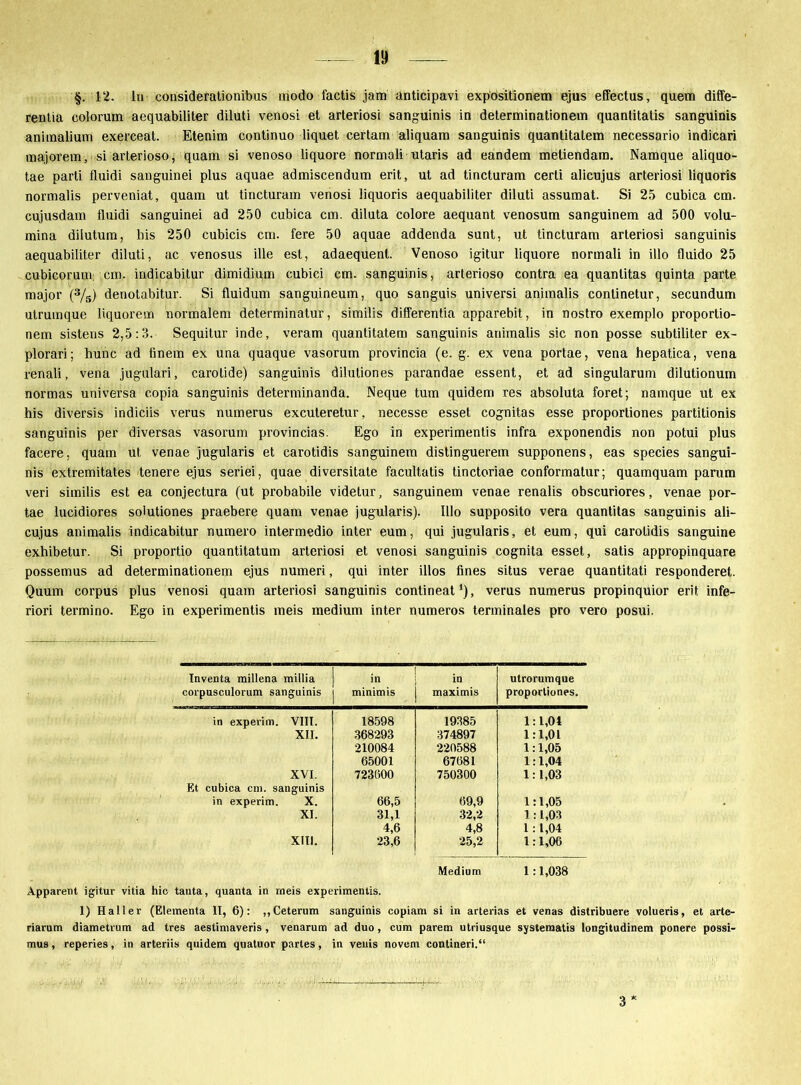 §.12. ln considerationibus modo factis jam anticipavi expösitionem ejus effectus, quem diffe- rentia colorum aequabiliter diluti venosi et arteriosi sanguinis in determinationem quanlitalis sanguinis animalium exerceat. Etenim continuo liquet certam aliquam sanguinis quanlitalem necessario indicari majorem.-si arterioso,'quam si venoso liquore normali utaris ad eandem metiendam. Namque aliquo- tae parli fluidi sanguinei plus aquae admiscendum erit, ut ad tincturam certi aücujus arteriosi liquoris normalis perveniat, quam ut tincturam venosi liquoris aequabiliter diluti assumat. Si 25 cubica cm. cujusdam fluidi sanguinei ad 250 cubica cm. diluta colore aequant venosum sanguinem ad 500 Volu- mina diiutum, bis 250 cubicis cm. fere 50 aquae addenda sunt, ut tincturam arteriosi sanguinis aequabiliter diluti, ac venosus ille est, adaequent. Venoso igitur liquore normali in illo fluido 25 cubicorum: cm. indicabitur dimidium cubici cm. sanguinis, arterioso contra ea quantitas quinta parte major (3/3) denotabitur. Si fluidum sanguineum, quo sanguis universi animalis conlinetur, secundum utrumque liquorem normalem determinatur, similis differentia apparebit, in nostro exemplo proportio- nem sistens 2,5:3. Sequitur inde, veram quantitatem sanguinis animalis sic non posse subtiliter ex- plorari; hunc ad finem ex una quaque vasorum provincia (e. g. ex vena portae, vena hepatica, vena renali, vena jugulari, carotide) sanguinis dilutiones parandae essent, et ad singularum dilutionum normas universa copia sanguinis determinanda. Neque tum quidem res absoluta foret; namque ut ex his diversis indiciis verus numerus excuteretur, necesse esset cognitas esse proportiones partitionis sanguinis per diversas vasorum provincias. Ego in experimentis infra exponendis non potui plus facere, quam ut venae jugularis et carotidis sanguinem distinguerem supponens, eas species sangui- nis extremitates -tenere ejus seriei, quae diversitate facultatis tinctoriae conformatur; quamquam parum veri similis est ea conjectura (ut probabile videtur, sanguinem venae renalis obscuriores, venae por- tae lucidiores soiutiones praebere quam venae jugularis). Illo supposito vera quantitas sanguinis ali- cujus animalis indicabitur numero intermedio inter eum, qui jugularis, et eum, qui carotidis sanguine exhibetur. Si proportio quantitatum arteriosi et venosi sanguinis cognita esset, satis appropinquare possemus ad determinationem ejus numeri, qui inter illos fines situs verae quantitati responderet. Quum corpus plus venosi quam arteriosi sanguinis contineat1), verus numerus propinquior erit infe- riori termino. Ego in experimentis meis medium inter numeros terminales pro vero posui. Inventa millena millia corpusculorum sanguinis . m minimis in maximis utrorumque proportiones. in experim. VIII. 18598 19385 1:1,04 XII. 368293 374897 1:1,01 210084 220588 1:1,05 65001 67681 1:1,04 XVI. Et cubica cm. sanguinis 723600 750300 1:1,03 in experim. X. 66,5 69,9 1:1,05 XI. 31,1 32,2 1:1,03 4,6 4,8 1: 1,04 XIII. 23,6 25,2 1:1,06 Medium 1:1,038 Apparent igitur vitia hic tanta, quanta in rneis experimentis. 1) Haller (Elementa II, 6): „Ceterum sanguinis copiam si in arterias et venas distribuere volueris, et arte- riarum diametrum ad tres aestimaveris , venarum ad duo, cum parem utriusque systeraatis longitudinem ponere possi- mus, reperies, in arteriis quidem quatuor partes, in veuis novem contineri.“ 3