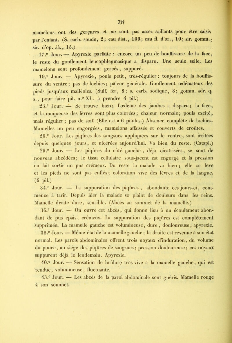 mamelons ont des gerçures et ne sont pas assez saillants pour être saisis par Tenfant. (S. carb. soude, 2; eau dist., 100; eau fl. d’or., 10; sir. gomm. ; sir. d’op. ââ., 15.) 17.® Jour.— Apyrexie parfaite : encore un peu de bouffissure de la face, le reste du gonflement leucopblegmasique a disparu. Une seule selle. Les mamelons sont profondément gercés, suppuré. 19.® Jour. — Apyrexie, pouls petit, très-régulier; toujours de la bouffis- sure du ventre ; pas de lochies ; pâleur générale. Gonflement œdémateux des pieds jusqu’aux malléoles. (Suif, fer, 8; s. carb. sodique, 8; gomm. adr. q. s., pour faire pii. n.® XL, à prendre 4 pii.) 23.® Jour. — Se trouve bien; l’œdème des jambes a disparu; la face, et la muqueuse des lèvres sont plus colorées ; chaleur normale ; pouls excité, mais régulier ; pas de soif. (Elle est à 6 pilules.) Absence complète de lochies. Mamelles un peu engorgées, mamelons affaissés et couverts de croûtes. 26.® Jour. Les piqûres des sangsues appliquées sur le ventre, sont irritées depuis quelques jours, et ulcérées aujourd’hui. Va bien du reste. (Catapl.) 29.® Jour. — Les piqûres du côté gauche , déjà cicatrisées, se sont de nouveau abcédées; le tissu cellulaire sous-jacent est engorgé et la pression en fait sortir un pus crémeux. Du reste la malade va bien ; elle se lève et les pieds ne sont pas enflés; coloration vive des lèvres et de la langue. (6 pii.) 34.® Jour. — La suppuration des piqûres , abondante ces jours-ci, com- mence à tarir. Depuis hier la malade se plaint de douleurs dans les reins. Mamelle droite dure, sensible. (Abcès au sommet de la mamelle.) 36.® Jour. — On ouvre cet abcès, qui donne lieu à un écoulement abon- dant de pus épais, crémeux. La suppuration des piqûres est complètement supprimée. La mamelle gauche est volumineuse, dure, douloureuse ; apyrexie. 38.® Jour. — Même état de la mamelle gauche ; la droite est revenue à son état normal. Les parois abdominales offrent trois noyaux d’induration, du volume du pouce, au siège des piqûres de sangsues ; pression douloureuse ; ces noyaux suppurent déjà le lendemain. Apyrexie. 40.® Jour. — Sensation de brûlure très-vive à la mamelle gauche, qui est tendue, volumineuse, fluctuante. 43.® Jour. — Les abcès de la paroi abdominale sont guéris. Mamelle rouge à son sommet.