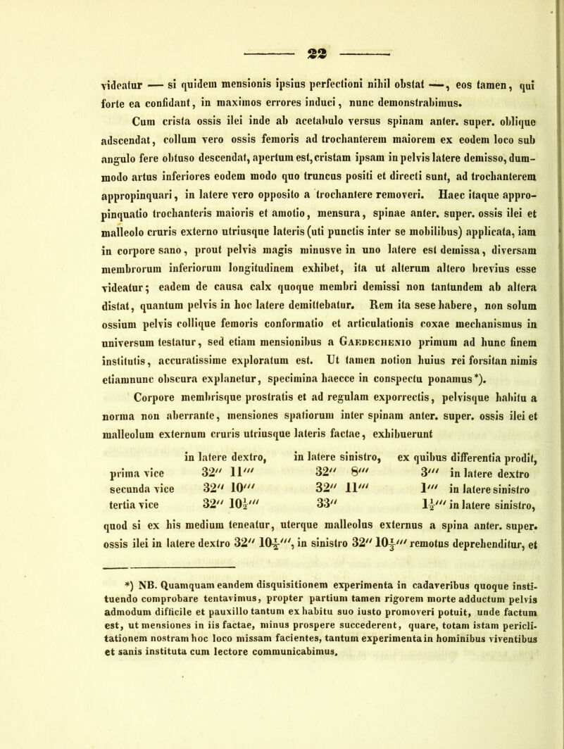 2S videatur — si quidem mensionis ipsius perfectioni nihil obstat ~, eos tamen, qui forte ea confidant, in maximos errores induci, nunc demonstrabimus. Cum crista ossis ilei inde ab acetabulo versus spinam anter. super, oblique adscendat, collum vero ossis femoris ad trochanterem maiorem ex eodem loco sub angulo fere obtuso descendat, apertum est, cristam ipsam in pelvis latere demisso, dum- modo artus inferiores eodem modo quo truncus positi et directi sunt, ad trochanterem appropinquari, in latere vero opposito a trochantere removeri. Haec itaque appro- pinquatio trochanteris maioris et amotio, mensura, spinae anter. super, ossis ilei et malleolo cruris externo utriusque lateris (uti punctis inter se mobilibus) applicata, iam in corpore sano, prout pelvis magis minusve in uno latere est demissa, diversam membrorum inferiorum longitudinem exhibet, ita ut alterum altero brevius esse videatur; eadem de causa calx quoque membri demissi non tantundem ab altera distat, quantum pelvis in hoc latere demittebatur. Rem ita sesehabere, non solum ossium pelvis collique femoris conformatio et articulationis coxae mechanismus in universum testatur, sed etiam mensionibus a Gaedechenio primum ad hunc finem institutis, accuratissime exploratum est. Ut tamen notion huius rei forsitan nimis etiamnunc obscura explanetur, specimina haecce in conspectu ponamus*). Corpore membrisque prostratis et ad regulam exporrectis, pelvisque habitu a nonna non aberrante, mensiones spatiorum inter spinam anter. super, ossis ilei et malleolum externum cruris utriusque lateris factae, exhibuerunt in latere dextro, prima vice 32 11' secunda vice 32 IO' tertia vice 32 10J' in latere sinistro, ex quibus differentia prodit, 32 8' 3' in latere dextro 32 11' 1' in latere sinistro 33 147 in latere sinistro, quod si ex his medium teneatur, uterque malleolus externus a spina anter. super, ossis ilei in latere dextro 32 10-J', in sinistro 32 lOy' remotus deprehenditur, et *) NB. Quamquam eandem disquisitionem experimenta in cadaveribus quoque insti- tuendo comprobare tentavimus, propter partium tamen rigorem morte adductum pelvis admodum difficile et pauxillo tantum ex habitu suo iusto promoveri potuit, unde factum est, ut mensiones in iis factae, minus prospere succederent, quare, totam istam pericli- tationem nostram hoc loco missam facientes, tantum experimenta in hominibus viventibus et sanis instituta cum lectore communicabimus.
