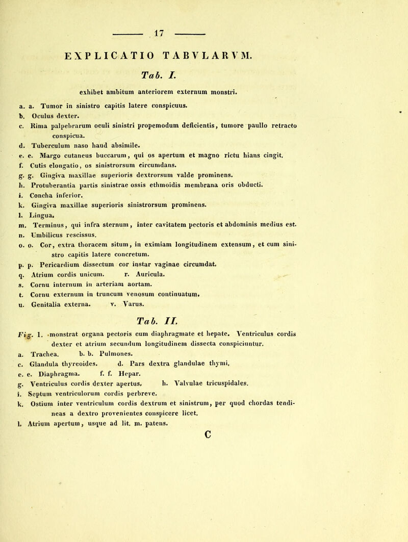 EXPLICATIO TABVLARVM. Tab. I. exhibet ambitum anteriorem externum monstri. a. a. Tumor in sinistro capitis latere conspicuus. b. Oculus dexter. c. Kima palpebrarum oculi sinistri propemodum delicientis, tumore paullo retracto conspicua. d. Tuberculum naso haud absimile. e. e. Margo cutaneus buccarum, qui os apertum et magno rictu hians cingit. f. Cutis elongatio, os sinistrorsum circumdans. g. g. Gingiva maxillae superioris dextrorsum valde prominens. h. Protuberantia partis sinistrae ossis ethmoidis membrana oris obducti. i. Concha inferior. k. Gingiva maxillae superioris sinistrorsum prominens. l. Lingua. m. Terminus, qui infra sternum, inter cavitatem pectoris et abdominis medius est. n. Umbilicus rescissus. o. o. Cor, extra thoracem situm, in eximiam longitudinem extensum, et cum sini- stro capitis latere concretum. p. p. Pericardium dissectum cor instar vaginae circumdat, q. Atrium cordis unicum. r. Auricula. s. Cornu internum in arteriam aortam. t. Cornu externum in truncum venosum continuatum. u. Genitalia externa. v. Varus. Tab. II Fig. 1. monstrat organa pectoris cum diaphragmate et hepate. Ventriculus cordis dexter et atrium secundum longitudinem dissecta conspiciuntur, a. Trachea. b. b. Pulmones. c. Glandula thyreoides. d. Pars dextra glandulae thymi, e. e. Diaphragma. f. f. Hepar. g. Ventriculus cordis dexter apertus, h. Valvulae tricuspidales, i. Septum ventriculorum cordis perbreve. k. Ostium inter ventriculum cordis dextrum et sinistrum, per quod chordas tendi- neas a dextro provenientes conspicere licet. l. Atrium apertum, usque ad lit. m. patens. C