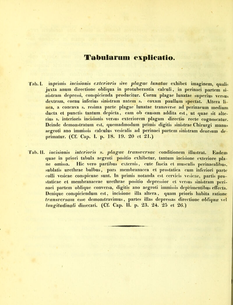 Tabularum explicatio. rab. I. imprimis incisionis exterioris sive plagae lunatae exhibet imaginem, qualis juxta anum directione obliqua in protuberantia calculi, in perinaei partem si- nistram depressi, conspicienda producitur. Cornu plagae lunatae superius versus dextram, cornu inferius sinistram natem s. coxam paullum spectat. Altera li- nea, a concava s. resima parte plagae lunatae transverse ad perinaeum medium ducta et punctis tantum depicta, eam ob causam addita est, ut quae sit alte- rius s. interioris incisionis versus exteriorem plagam directio recte cognoscatur. Deinde demonstratum est, quemadmodum primis digitis sinistrae Chirurgi manus aegroti ano immissis calculus vesicalis ad perinaei partem sinistram deorsum de- primatur. (Cf. Cap. I. p. 18. 19. 20 et 21.) 1'ab. II. incisionis interioris s. plagae transversae conditionem illustrat. Eadem quae in priori tabula aegroti positio exhibetur, tantum incisione exteriore pla- ne omissa. Hic vero partibus externis, cute fascia et musculis perinaealibus. sublatis urethrae bulbus, pars membranacea et prostatica cum inferiori parte colli vesicae conspicuae sunt. In primis notanda est cervicis vesicae, partis pro- staticae et membranaceae urethrae positio depressior et versus sinistram peri- naei partem oblique conversa, digitis ano aegroti immissis deprimentibus effecta. Denique conspiciendum est, incisione illa altera, quam prioris habita ratione transversam esse demonstravimus, partes illas depressas directione obliqua vel longitudinali dissecari. (Cf. Cap. II. p. 23. 24. 25 et 26.)