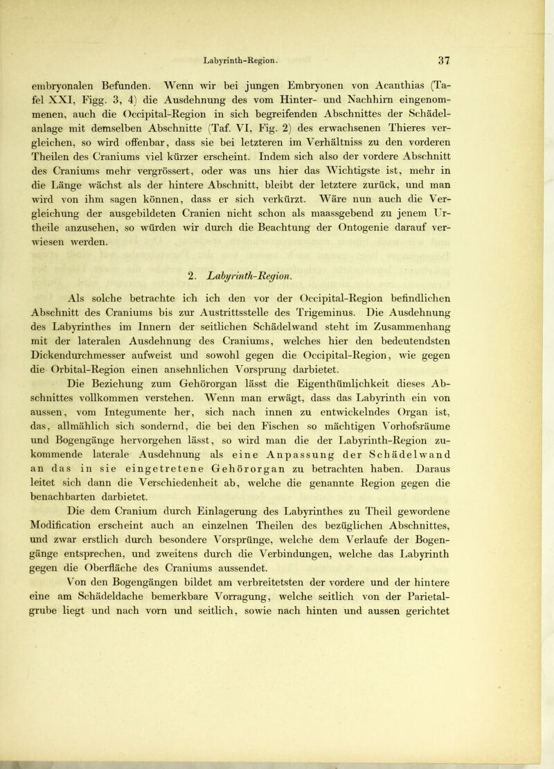 embryonalen Befunden. Wenn wir bei jungen Embryonen von Acanthias (Ta- fel XXI, Figg. 3, 4) die Ausdehnung des vom Hinter- und Nachhirn eingenom- menen, auch die Occipital-Region in sich begreifenden Abschnittes der Schädel- anlage mit demselben Abschnitte (Taf. VI, Fig. 2) des erwachsenen Thieres ver- gleichen, so wird offenbar, dass sie bei letzteren im Verhältniss zu den vorderen Theilen des Craniums viel kürzer erscheint. Indem sich also der vordere Abschnitt des Craniums mehr vergrössert, oder was uns hier das Wichtigste ist, mehr in die Länge wächst als der hintere Abschnitt, bleibt der letztere zurück, und man wird von ihm sagen können, dass er sich verkürzt. Wäre nun auch die Ver- gleichung der ausgebildeten Cranien nicht schon als maassgebend zu jenem Ur- theile anzusehen, so würden wir durch die Beachtung der Ontogenie darauf ver- wiesen werden. 2. Labyrinth-Region. Als solche betrachte ich ich den vor der Occipital-Region befindlichen Abschnitt des Craniums bis zur Austrittsstelle des Trigeminus. Die Ausdehnung des Labyrinthes im Innern der seitlichen Schädelwand steht im Zusammenhang mit der lateralen Ausdehnung des Craniums, welches hier den bedeutendsten Dickendurchmesser aufweist und sowohl gegen die Occipital-Region, wie gegen die Orbital-Region einen ansehnlichen Vorsprung darbietet. Die Beziehung zum Gehörorgan lässt die Eigentümlichkeit dieses Ab- schnittes vollkommen verstehen. Wenn man erwägt, dass das Labyrinth ein von aussen, vom Integumente her, sich nach innen zu entwickelndes Organ ist, das, allmählich sich sondernd, die bei den Fischen so mächtigen Vorhofsräume und Bogengänge hervorgehen lässt, so wird man die der Labyrinth-Region zu- kommende laterale Ausdehnung als eine Anpassung der Schädelwand an das in sie eingetretene Gehörorgan zu betrachten haben. Daraus leitet sich dann die Verschiedenheit ab, welche die genannte Region gegen die benachbarten darbietet. Die dem Cranium durch Einlagerung des Labyrinthes zu Theil gewordene Modification erscheint auch an einzelnen Theilen des bezüglichen Abschnittes, und zwar erstlich durch besondere Vorsprünge, welche dem Verlaufe der Bogen- gänge entsprechen, und zweitens durch die Verbindungen, welche das Labyrinth gegen die Oberfläche des Craniums aussendet. Von den Bogengängen bildet am verbreitetsten der vordere und der hintere eine am Schädeldache bemerkbare Vorragung, welche seitlich von der Parietal- grube liegt und nach vorn und seitlich, sowie nach hinten und aussen gerichtet