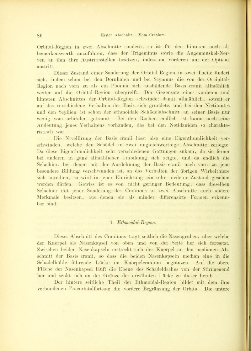 Orbital-Region in zwei Abschnitte sondern, so ist für den hinteren noch als bemerkenswerth anzuführen, dass der Trigeminus sowie die Augenmuskel-Ner- ven an ihm ihre Austrittsstellen besitzen, indess am vorderen nur der Opticus austritt. Dieser Zustand einer Sonderung der Orbital-Region in zwei Theile ändert sich, indem schon bei den Dornhaien und bei Scymnus die von der Occipital- Region nach vorn zu als ein Planum sich ausbildende Basis cranii allmählich weiter auf die Orbital-Region übergreift. Der Gegensatz eines vorderen und hinteren Abschnittes der Orbital-Region schwindet damit allmählich, soweit er auf das verschiedene Verhalten der Basis sich gründete, und bei den Nictitantes und den Scyllien ist schon der ethmoidale Schädelabschnitt an seiner Basis nur wenig vom orbitalen getrennt. Bei den Rochen endlich ist kaum noch eine Andeutung jenes Verhaltens vorhanden, das bei den Notidaniden so charakte- ristisch war. Die Nivellirung der Basis cranii lässt also eine Eigenthümlichkeit ver- schwinden, welche den Schädel in zwei ungleichwerthige Abschnitte zerlegte. Da diese Eigenthümlichkeit sehr verschiedenen Gattungen zukam, da sie ferner bei anderen in ganz allmählicher Umbildung sich zeigte, und da endlich die Selachier, bei denen mit der Ausdehnung der Basis cranii nach vorn zu jene besondere Bildung verschwunden ist, an das Verhalten der übrigen Wirbelthiere sich anreihen, so wird in jener Einrichtung ein sehr niederer Zustand gesehen werden dürfen. Gewiss ist es von nicht geringer Bedeutung, dass dieselben Selachier mit jener Sonderung des Craniums in zwei Abschnitte auch andere Merkmale besitzen, aus denen sie als minder differenzirte Formen erkenn- bar sind. 4. Ethmoidal-Region. Dieser Abschnitt des Craniums trägt seitlich die Nasengruben, über welche der Knorpel als Nasenkapsel von oben und von der Seite her sich fortsetzt. Zwischen beiden Nasenkapseln erstreckt sich der Knorpel an den medianen Ab- schnitt der Basis cranii, so dass die beiden Nasenkapseln median eine in die Schädelhöhle führende Lücke im Knorpelcranium begränzen. Auf die obere Fläche der Nasenkapsel läuft die Ebene des Schädeldaches von der Stirngegend her und senkt sich an der Gränze der erwähnten Lücke zu dieser herab. Der hintere seitliche Theil der Ethmoidal-Region bildet mit dem ihm verbundenen Praeorbitalfortsatz die vordere Begränzung der Orbita. Die untere