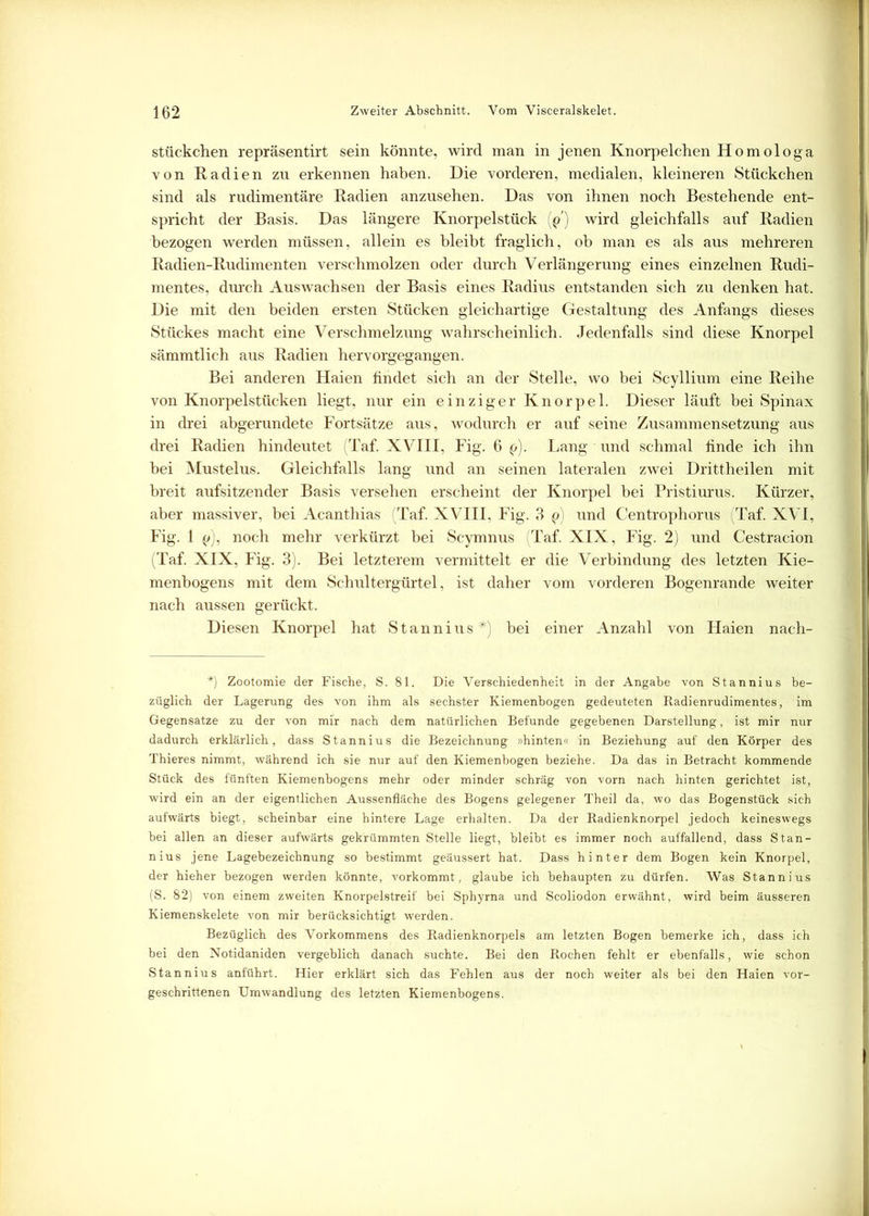 Stückchen repräsentirt sein könnte, wird man in jenen Knorpelchen Homologa von Radien zu erkennen haben. Die vorderen, medialen, kleineren Stückchen sind als rudimentäre Radien anzusehen. Das von ihnen noch Bestehende ent- spricht der Basis. Das längere Knorpelstück (p) wird gleichfalls auf Radien bezogen werden müssen, allein es bleibt fraglich, ob man es als aus mehreren Radien-Rudimenten verschmolzen oder durch Verlängerung eines einzelnen Rudi- mentes, durch Auswachsen der Basis eines Radius entstanden sich zu denken hat. Die mit den beiden ersten Stücken gleichartige Gestaltung des Anfangs dieses Stückes macht eine Verschmelzung wahrscheinlich. Jedenfalls sind diese Knorpel sämmtlich aus Radien hervorgegangen. Bei anderen Haien findet sich an der Stelle, wo bei Scyllium eine Reihe von Knorpelstücken liegt, nur ein einziger Knorpel. Dieser läuft bei Spinax in drei abgerundete Fortsätze aus, wodurch er auf seine Zusammensetzung aus drei Radien hindeutet (Taf. XVIII, Fig. 6 p). Lang und schmal finde ich ihn bei Mustelus. Gleichfalls lang und an seinen lateralen zwei Drittheilen mit breit aufsitzender Basis versehen erscheint der Knorpel bei Pristiurus. Kürzer, aber massiver, bei Acanthias (Taf. XVIII, Fig. 3 p) und Centrophorus (Taf. XVI, Fig. 1 (y), noch mehr verkürzt bei Scymnus (Taf. XIX, Fig. 2) und Cestracion (Taf. XIX, Fig. 3). Bei letzterem vermittelt er die Verbindung des letzten Kie- menbogens mit dem Schultergürtel, ist daher vom vorderen Bogenrande weiter nach aussen gerückt. Diesen Knorpel hat Stannius*) bei einer Anzahl von Haien nach- *) Zootomie der Fische, S. 81. Die Verschiedenheit in der Angabe von Stannins be- züglich der Lagerung des von ihm als sechster Kiemenbogen gedeuteten Radienrudimentes, im Gegensätze zu der von mir nach dem natürlichen Befunde gegebenen Darstellung, ist mir nur dadurch erklärlich, dass Stannius die Bezeichnung »hinten« in Beziehung auf den Körper des Thieres nimmt, während ich sie nur auf den Kiemenbogen beziehe. Da das in Betracht kommende Stück des fünften Kiemenbogens mehr oder minder schräg von vorn nach hinten gerichtet ist, wird ein an der eigentlichen Aussenfläche des Bogens gelegener Theil da, wo das Bogenstück sich aufwärts biegt, scheinbar eine hintere Lage erhalten. Da der Radienknorpel jedoch keineswegs bei allen an dieser aufwärts gekrümmten Stelle liegt, bleibt es immer noch auffallend, dass Stan- nius jene Lagebezeichnung so bestimmt geäussert hat. Dass hinter dem Bogen kein Knorpel, der hieher bezogen werden könnte, vorkommt, glaube ich behaupten zu dürfen. Was Stannius (S. 82) von einem zweiten Knorpelstreif bei Sphyrna und Scoliodon erwähnt, wird beim äusseren Kiemenskelete von mir berücksichtigt werden. Bezüglich des Vorkommens des Radienknorpels am letzten Bogen bemerke ich, dass ich bei den Notidaniden vergeblich danach suchte. Bei den Rochen fehlt er ebenfalls, wie schon Stannius anführt. Hier erklärt sich das Fehlen aus der noch weiter als bei den Haien vor- geschrittenen Umwandlung des letzten Kiemenbogens.