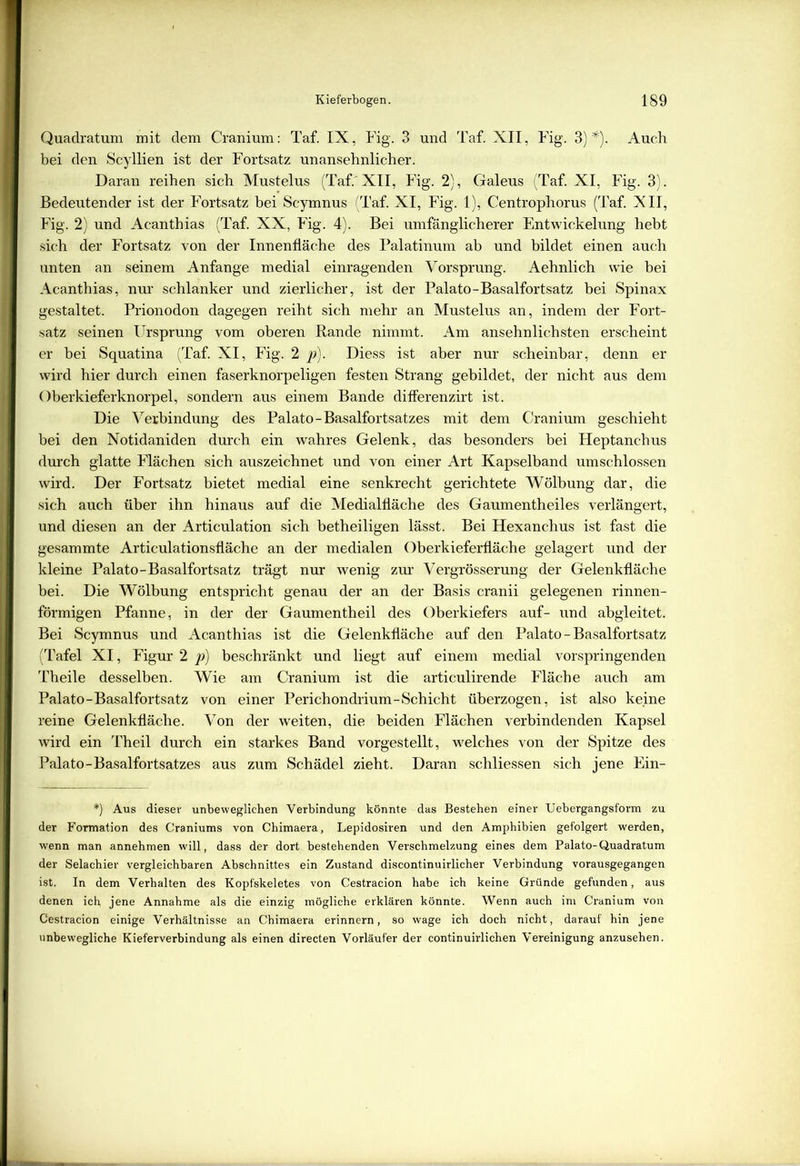 Quadratum mit dem Cranium: Taf. IX, Fig. 3 und Taf. XII, Fig. 3) #). Auch bei den Scyllien ist der Fortsatz unansehnlicher. Daran reihen sich Mustelus (Taf.'XII, Fig. 2), Galeus (Taf. XI, Fig. 3). Bedeutender ist der Fortsatz bei Scymnus (Taf. XI, Fig. 1), Centrophorus (Taf. XII, Fig. 2) und Acanthias (Taf. XX, Fig. 4). Bei umfänglicherer Entwickelung hebt sich der Fortsatz von der Innenfläche des Palatinum ab und bildet einen auch unten an seinem Anfänge medial einragenden Vorsprung. Aehnlich wie bei Acanthias, nur schlanker und zierlicher, ist der Palato-Basalfortsatz bei Spinax gestaltet. Prionodon dagegen reiht sich mehr an Mustelus an, indem der Fort- satz seinen Ursprung vom oberen Bande nimmt. Am ansehnlichsten erscheint er bei Squatina (Taf. XI, Fig. 2 p). Diess ist aber nur scheinbar, denn er wird hier durch einen faserknorpeligen festen Strang gebildet, der nicht aus dem Oberkieferknorpel, sondern aus einem Bande differenzirt ist. Die Verbindung des Palato-Basalfortsatzes mit dem Cranium geschieht bei den Notidaniden durch ein wahres Gelenk, das besonders bei Heptanchus durch glatte Flächen sich auszeichnet und von einer Art Kapselband umschlossen wird. Der Fortsatz bietet medial eine senkrecht gerichtete Wölbung dar, die sich auch über ihn hinaus auf die Medialfläche des Gaumentheiles verlängert, und diesen an der Articulation sich betheiligen lässt. Bei Hexanchus ist fast die gesammte Articulationsfläche an der medialen Oberkieferfläche gelagert und der kleine Palato-Basalfortsatz trägt nur wenig zur Vergrösserung der Gelenkfläche bei. Die Wölbung entspricht genau der an der Basis cranii gelegenen rinnen- förmigen Pfanne, in der der Gaumentheil des Oberkiefers auf- und abgleitet. Bei Scymnus und Acanthias ist die Gelenkfläche auf den Palato-Basalfortsatz (Tafel XI, Figur 2 p) beschränkt und liegt auf einem medial vorspringenden Theile desselben. Wie am Cranium ist die articulirende Fläche auch am Palato-Basalfortsatz von einer Perichondrium-Schicht überzogen, ist also keine reine Gelenkfläche. Von der weiten, die beiden Flächen verbindenden Kapsel wird ein Theil durch ein starkes Band vorgestellt, welches von der Spitze des Palato-Basalfortsatzes aus zum Schädel zieht. Daran schliessen sich jene Ein- *) Aus dieser unbeweglichen Verbindung könnte das Bestehen einer Uebergangsform zu der Formation des Craniums von Chimaera, Lepidosiren und den Amphibien gefolgert werden, wenn man annehmen will, dass der dort bestehenden Verschmelzung eines dem Palato-Quadratum der Selachier vergleichbaren Abschnittes ein Zustand discontinuirlicher Verbindung vorausgegangen ist. In dem Verhalten des Kopfskeletes von Cestracion habe ich keine Gründe gefunden, aus denen ich jene Annahme als die einzig mögliche erklären könnte. Wenn auch im Cranium von Cestracion einige Verhältnisse an Chimaera erinnern, so wage ich doch nicht, darauf hin jene unbewegliche Kieferverbindung als einen directen Vorläufer der continuirlichen Vereinigung anzusehen.
