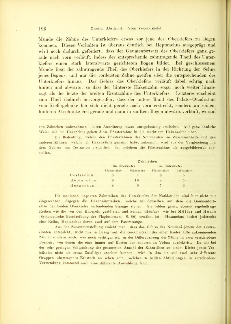 Munde die Zähne des Unterkiefers etwas vor jene des Oberkiefers zu liegen kommen. Dieses Verhalten ist überaus deutlich bei Heptanchus ausgeprägt und wird noch dadurch gefördert, dass der Gaumenfortsatz des Oberkiefers ganz ge- rade nach vorn verläuft, indess der entsprechende zahntragende Theil des Unter- kiefers einen stark lateralwärts gerichteten Bogen bildet. Bei geschlossenem Munde liegt der zahntragende Theil des Oberkiefers in der Richtung der Sehne jenes Bogens, und nur die vordersten Zähne greifen über die entsprechenden des Unterkiefers hinaus. Das Gebiss des Oberkiefers verläuft dabei schräg nach hinten und abwärts, so dass der hinterste Hakenzahn sogar noch weiter hinab- ragt als der letzte der breiten Ersatzzähne des Unterkiefers. Letzteres erscheint zum Theil dadurch hervorgerufen, dass der untere Rand des Palato-Quadratum vom Kiefergelenke her sich nicht gerade nach vorn erstreckt, sondern an seinem hinteren Abschnitte erst gerade und dann in sanftem Bogen abwärts verläuft, worauf von Zähnchen wahrnehmen , deren Anordnung etwas unregelmässig erscheint. Auf ganz ähnliche Weise wie bei Hexanchus gehen diese Pflasterzähne in die mächtigen Hakenzähne über. Die Bedeutung, welche den Pflasterzähnen der Notidaniden im Zusammenhalte mit den anderen Zähnen, welche ich Hakenzähne genannt habe, zukommt, wird aus der Vergleichung mit dem Gebisse von Cestracion ersichtlich, bei welchem die Pflasterzähne die ausgebildeteren vor- stellen. Cestracion Heptanchus Hexan chus Zahnreihen im Oberkiefer. im Unterkiefer. Pflasterzähne Hakenzähne Pflasterzähne Hakenzähne 8 7 8 5 6 10 8 5 8 9 7 6 Die medianen unpaaren Zahnreihen des Unterkiefers der Notidaniden sind hier nicht mit eingerechnet, dagegen die Hakenzahnreihen, welche bei denselben auf dem die Gaumenfort- sätze der beiden Oberkiefer verbindenden Strange stehen. Sie bilden genau ebenso regelmässige Reihen wie die von den Knorpeln gestützten und keinen »Haufen«, wie bei Müller und Henle (Systematische Beschreibung der Plagiostomen, S. 80) erwähnt ist. Hexanchus besitzt jederseits eine Reihe, Heptanchus deren zwei auf dem Faserstrange. Aus der Zusammenstellung ersieht man , dass das Gebiss der Notidani jenem der Cestra- cionten entspricht, nicht nur in Bezug auf die Gesammtzahl der einer Kieferhälfte zukommenden Zähne, sondern auch, was noch wichtiger ist, in der Differenzirung der Zähne in zwei verschiedene Formen, von denen die eine immer auf Kosten der anderen an Volum zurücktritt. Da wir bei der sehr geringen Schwankung der gesammten Anzahl der Zahnreihen an einem Kiefer jenes Ver- hältniss nicht als etwas Zufälliges ansehen können, wird in ihm ein auf zwei sehr differente Gruppen übertragenes Erbstück zu sehen sein, welches in beiden Abtheilungen in verschiedene Verwendung kommend auch eine differente Ausbildung fand.