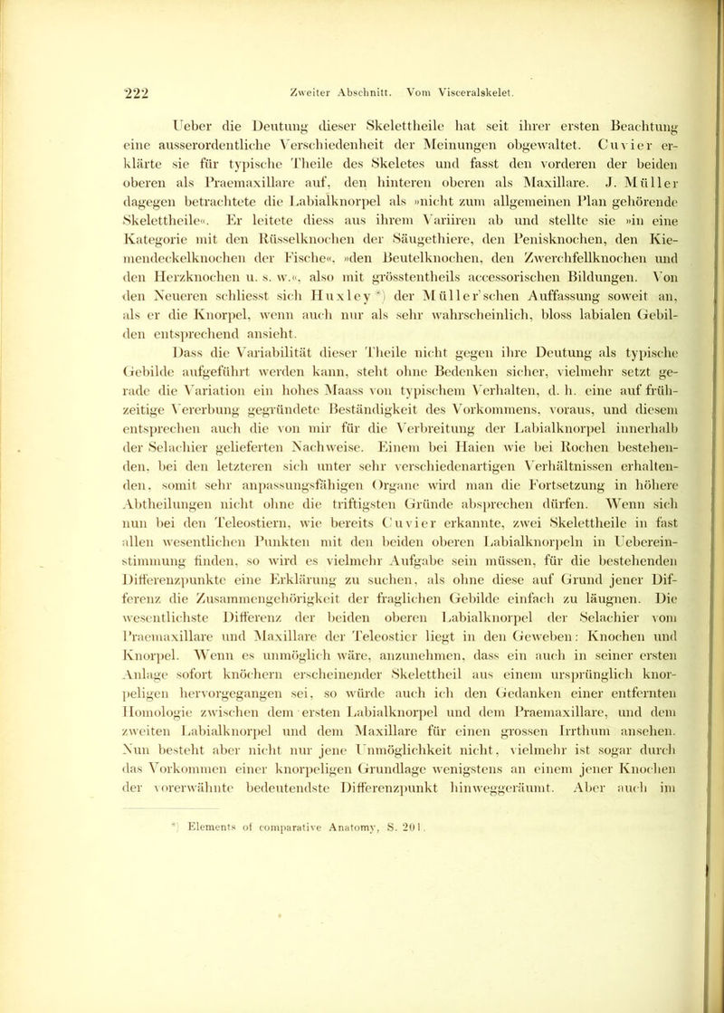 Ueber die Deutung dieser Skelettheile hat seit ihrer ersten Beachtung eine ausserordentliche Verschiedenheit der Meinungen obgewaltet. Cu vier er- klärte sie für typische Theile des Skeletes und fasst den vorderen der beiden oberen als Praemaxillare auf, den hinteren oberen als Maxillare. J. Müller dagegen betrachtete die Labialknorpel als »nicht zum allgemeinen Plan gehörende Skelettheile«. Er leitete diess aus ihrem Variiren ab und stellte sie »in eine Kategorie mit den Rüsselknochen der Säugethiere, den Penisknochen, den Kie- mendeckelknochen der Fische«, »den Beutelknochen, den Zwerchfellknochen und den Herzknochen u. s. w.«, also mit grösstentheils accessorischen Bildungen. Von den Neueren schliesst sich Hux 1 ey ') der Müller’sehen Auffassung soweit an, als er die Knorpel, wenn auch nur als sehr wahrscheinlich, bloss labialen Gebil- den entsprechend ansieht. Dass die Variabilität dieser Theile nicht gegen ihre Deutung als typische Gebilde aufgeführt werden kann, steht ohne Bedenken sicher, vielmehr setzt ge- rade die Variation ein hohes Maass von typischem Verhalten, d. h. eine auf früh- zeitige Vererbung gegründete Beständigkeit des Vorkommens, voraus, und diesem entsprechen auch die von mir für die Verbreitung der Labialknorpel innerhalb der Selachier gelieferten Nachweise. Einem bei Haien wie bei Rochen bestehen- den, bei den letzteren sich unter sehr verschiedenartigen Verhältnissen erhalten- den, somit sehr anpassungsfähigen Organe wird man die Fortsetzung in höhere Abtheilungen nicht ohne die triftigsten Gründe absprechen dürfen. Wenn sich nun bei den Teleostiern, wie bereits Cu vier erkannte, zwei Skelettheile in fast allen wesentlichen Punkten mit den beiden oberen Labialknorpeln in Ueberein- stimmung finden, so wird es vielmehr Aufgabe sein müssen, für die bestehenden Differenzpunkte eine Erklärung zu suchen, als ohne diese auf Grund jener Dif- ferenz die Zusammengehörigkeit der fraglichen Gebilde einfach zu läugnen. Die wesentlichste Differenz der beiden oberen Labialknorpel der Selachier ■vom Praemaxillare und Maxillare der Teleostier liegt in den Geweben: Knochen und Knorpel. Wenn es unmöglich wäre, anzunehmen, dass ein auch in seiner ersten Anlage sofort knöchern erscheinender Skelettheil aus einem ursprünglich knor- peligen hervorgegangen sei, so würde auch ich den Gedanken einer entfernten Homologie zwischen dem ersten Labialknorpel und dem Praemaxillare, und dem zweiten Labialknorpel und dem Maxillare für einen grossen Irrthum ansehen. Nun besteht aber nicht nur jene 1 nmöglichkeit nicht, vielmehr ist sogar durch das Vorkommen einer knorpeligen Grundlage wenigstens an einem jener Knochen der vorerwähnte bedeutendste Differenzpunkt hinweggeräumt. Aber auch im *) Elements of comparative Anatomy, S. 201.