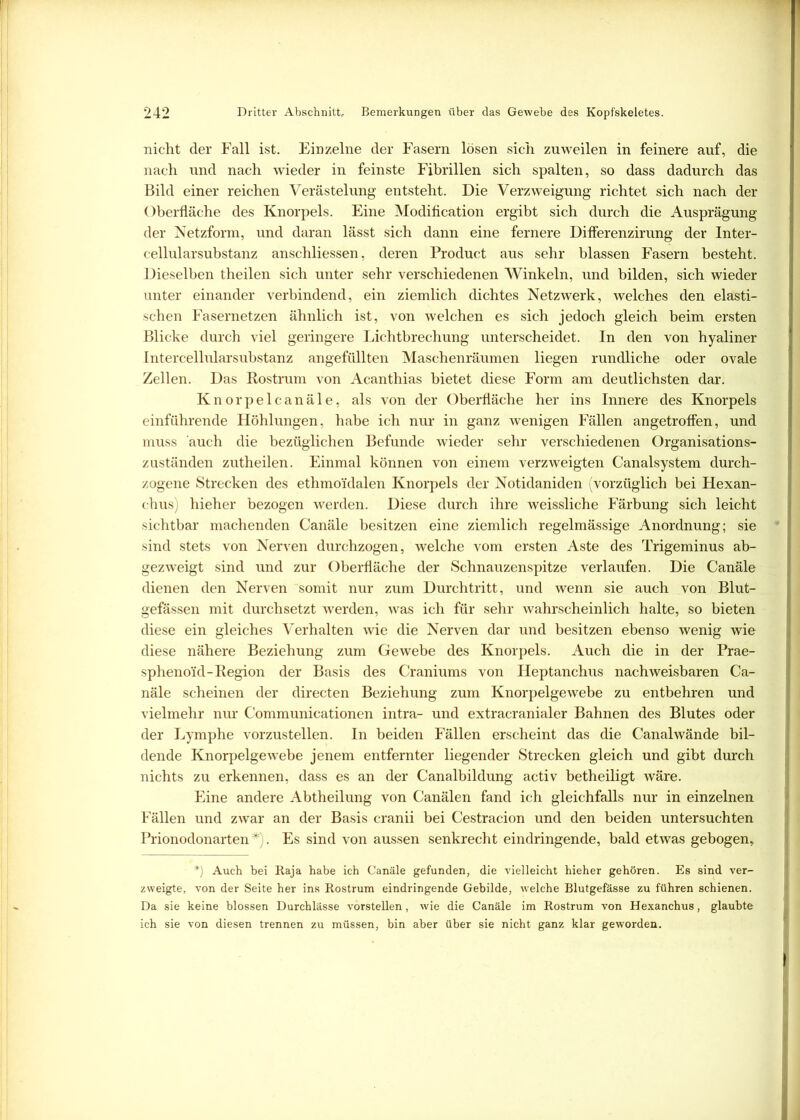 nicht der Fall ist. Einzelne der Fasern lösen sich zuweilen in feinere auf, die nach und nach wieder in feinste Fibrillen sich spalten, so dass dadurch das Bild einer reichen Verästelung entsteht. Die Verzweigung richtet sich nach der Oberfläche des Knorpels. Eine Modification ergibt sich durch die Ausprägung der Netzform, und daran lässt sich dann eine fernere Diflerenzirung der Inter- cellularsubstanz anschliessen, deren Product aus sehr blassen Fasern besteht. Dieselben theilen sich unter sehr verschiedenen Winkeln, und bilden, sich wieder unter einander verbindend, ein ziemlich dichtes Netzwerk, welches den elasti- schen Fasernetzen ähnlich ist, von welchen es sich jedoch gleich beim ersten Blicke durch viel geringere Lichtbrechung unterscheidet. In den von hyaliner Intercellularsubstanz angefüllten Maschenräumen liegen rundliche oder ovale Zellen. Das Rostrum von Acanthias bietet diese Form am deutlichsten dar. Knorpelcanäle, als von der Oberfläche her ins Innere des Knorpels einführende Höhlungen, habe ich nur in ganz wenigen Fällen angetroffen, und muss auch die bezüglichen Befunde wieder sehr verschiedenen Organisations- zuständen zutheilen. Einmal können von einem verzweigten Canalsystem durch- zogene Strecken des ethmo'fdalen Knorpels der Notidaniden (vorzüglich bei Hexan- chus) hieher bezogen werden. Diese durch ihre weissliche Färbung sich leicht sichtbar machenden Canäle besitzen eine ziemlich regelmässige Anordnung; sie sind stets von Nerven durchzogen, welche vom ersten Aste des Trigeminus ab- gezweigt sind und zur Oberfläche der Schnauzenspitze verlaufen. Die Canäle dienen den Nerven somit nur zum Durchtritt, und wenn sie auch von Blut- gefässen mit durchsetzt werden, was ich für sehr wahrscheinlich halte, so bieten diese ein gleiches Verhalten wie die Nerven dar und besitzen ebenso wenig wie diese nähere Beziehung zum Gewebe des Knorpels. Auch die in der Prae- sphenoi'd-Region der Basis des Craniums von Heptanchus nachweisbaren Ca- näle scheinen der directen Beziehung zum Knorpelgewebe zu entbehren und vielmehr nur Communicationen intra- und extracranialer Bahnen des Blutes oder der Lymphe vorzustellen. In beiden Fällen erscheint das die Canal wände bil- dende Knorpelgewebe jenem entfernter liegender Strecken gleich und gibt durch nichts zu erkennen, dass es an der Canalbildung activ betheiligt wäre. Eine andere Abtheilung von Canälen fand ich gleichfalls nur in einzelnen Fällen und zwar an der Basis cranii bei Cestracion und den beiden untersuchten Prionodonarten *). Es sind von aussen senkrecht eindringende, bald etwas gebogen, *) Auch hei Raja habe ich Canäle gefunden, die vielleicht hieher gehören. Es sind ver- zweigte, von der Seite her ins Rostrum eindringende Gebilde, welche Blutgefässe zu führen schienen. Da sie keine blossen Durchlässe vörstellen, wie die Canäle im Rostrum von Hexanchus, glaubte ich sie von diesen trennen zu müssen, bin aber über sie nicht ganz klar geworden.