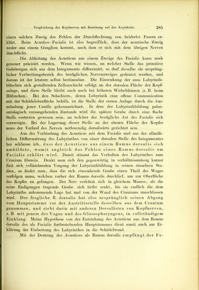 einen solchen Zweig das Fehlen der Durchflechtung von beiderlei Fasern er- klärt. Beim Acustico-Facialis ist also begreiflich, dass der acustische Zweig weder aus einem Ganglion kommt, noch dass er sich mit dem übrigen Nerven durchflicht. Die Ableitung des Acusticus aus einem Zweige des Facialis kann noch genauer präcisirt werden. Wenn wir wissen, an welcher Stelle das primitive Gehörorgan sich aus dem Integumente differenzirt, so darf dieselbe als ursprüng- licher Verbreitungsbezirk des bezüglichen Nervenzweiges gedeutet werden, und daraus ist der letztere selbst bestimmbar. Die Einsenkung der zum Labyrinth- bläschen sich gestaltenden Zellenschicht erfolgt an der dorsalen Fläche der Kopf- anlage, und diese Stelle bleibt auch noch bei höheren Wirbelthieren (z. B. heim Hühnchen). Bei den Selachiern, deren Labyrinth eine offene Communication mit der Schädeloberfläche behält, ist die Stelle der ersten Anlage durch die Aus- mündung jener Canäle gekennzeichnet. In dem der Labyrinthbildung palae- ontologisch vorausgehenden Zustande wird die spätere Grube durch eine flache Stelle vertreten gewesen sein, an welcher der bezügliche Ast des Facialis sich verzweigte. Bei der Lagerung dieser Stelle an der oberen Fläche des Kopfes muss der Verlauf des Nerven nothwendig dorsalwärts gerichtet sein. Aus der Verbindung des Acusticus mit dem Facialis und aus der allmäh- lichen Differenzirung des Labyrinthes von einer dorsalen Stelle des Integumentes her schliesse ich, dass der Acusticus aus einem Ramus dorsalis sich umbildete, womit zugleich das Fehlen eines Ramus dorsalis am Facialis erklärt wird. Damit stimmt das Verhalten des Labyrinthes zum Cranium überein. Denkt man sich den gegenwärtig in verhältnissmässig kurzer Zeit sich vollziehenden Vorgang der Labyrinthbildung in seinen einzelnen Sta- dien, so findet man, dass die sich einsenkende Grube einen Theil des Weges verfolgen muss, welchen vorher der Ramus dorsalis durchlief, um zur Oberfläche des Kopfes zu gelangen. Der Nerv verkürzt sich in gleichem Maasse, als die seine Endigungen tragende Grube sich tiefer senkt, bis sie endlich die dem Labyrinthe zukommende Lage hat und von der Wand des Craniums umschlossen wird. Der fragliche R. dorsalis hat also ursprünglich seinen Abgang vom Flauptstamme vor der Austrittsstelle desselben aus dem Cranium genommen, und steht darin mit anderen Dorsalästen von Kopfnerven, z. B. mit jenem des Vagus und des Glossopharyngeus, in vollständigem Einklang. Meine Hypothese von der Entstehung des Acusticus aus dem Ramus dorsalis des als Facialis fortbestehenden Hauptstammes dient somit auch zur Er- klärung der Einbettung des Labyrinthes in die Schädelwand. Mit der Deutung des Acusticus als Ramus dorsalis empfängt der Ea-