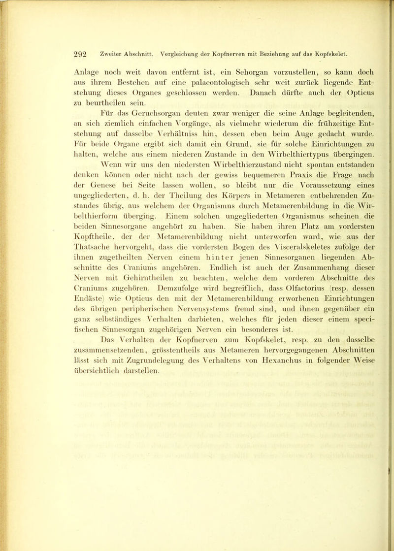Anlage noch weit davon entfernt ist, ein Sehorgan vorzustellen, so kann doch aus ihrem Bestehen auf eine palaeontologisch sehr weit zurück liegende Ent- stehung dieses Organes geschlossen werden. Danach dürfte auch der Opticus zu beurtheilen sein. Für das Geruchsorgan deuten zwar weniger die seine Anlage begleitenden, an sich ziemlich einfachen Vorgänge, als vielmehr wiederum die frühzeitige Ent- stehung auf dasselbe Verhältniss hin, dessen eben beim Auge gedacht wurde. Für beide Organe ergibt sich damit ein Grund, sie für solche Einrichtungen zu halten, welche aus einem niederen Zustande in den Wirbelthiertypus übergingen. Wenn wir uns den niedersten Wirbelthierzustand nicht spontan entstanden denken können oder nicht nach der gewiss bequemeren Praxis die Frage nach der Genese bei Seite lassen wollen, so bleibt nur die Voraussetzung eines ungegliederten, d. h. der Theilung des Körpers in Metameren entbehrenden Zu- standes übrig, aus welchem der Organismus durch Metamerenbildung in die Wir- belthierform überging. Einem solchen ungegliederten Organismus scheinen die beiden Sinnesorgane angehört zu haben. Sie haben ihren Platz am vordersten Kopftheile, der der Metamerenbildung nicht unterworfen ward, wie aus der Thatsache hervorgeht, dass die vordersten Bogen des Visceralskeletes zufolge der ihnen zugetheilten Nerven einem hinter jenen Sinnesorganen liegenden Ab- schnitte des Craniums angehören. Endlich ist auch der Zusammenhang dieser Nerven mit Gehirntheilen zu beachten, welche dem vorderen Abschnitte des Craniums zugehören. Demzufolge wird begreiflich, dass Olfactorius (resp. dessen Endäste) wie Opticus den mit der Metamerenbildung erworbenen Einrichtungen des übrigen peripherischen Nervensystems fremd sind, und ihnen gegenüber ein ganz selbständiges Verhalten darbieten, welches für jeden dieser einem speci- fischen Sinnesorgan zugehörigen Nerven ein besonderes ist. Das Verhalten der Kopfnerven zum Kopfskelet, resp. zu den dasselbe zusammen setzenden, grösstentheils aus Metameren hervorgegangenen Abschnitten lässt sich mit Zugrundelegung des Verhaltens von Hexanchus in folgender Weise übersichtlich darstellen.