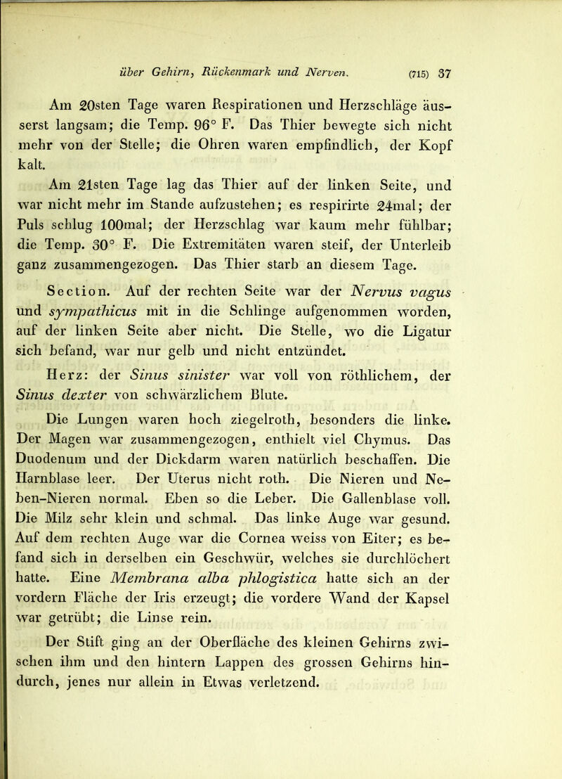 Am 20sten Tage waren Respirationen und Herzschläge äus- serst langsam; die Temp. 96° F. Das Thier bewegte sich nicht mehr von der Stelle; die Ohren waren empfindlich, der Kopf kalt. Am Olsten Tage lag das Thier auf der linken Seite, und war nicht mehr im Stande aufzustehen; es respirirte 24mal; der Puls schlug lOOmal; der Herzschlag war kaum mehr fühlbar; die Temp. 30° F. Die Extremitäten waren steif, der Unterleib ganz zusammengezogen. Das Thier starb an diesem Tage. Section. Auf der rechten Seite war der Nervus vagus und sympathicus mit in die Schlinge aufgenommen worden, auf der linken Seite aber nicht. Die Stelle, wo die Ligatur sich befand, war nur gelb und nicht entzündet. Herz: der Sinus sinister war voll von röthlichem, der Sinus dexter von schwärzlichem Blute. Die Lungen waren hoch ziegelroth, besonders die linke. Der Magen war zusammengezogen, enthielt viel Chymus. Das Duodenum und der Dickdarm waren natürlich beschaffen. Die Harnblase leer. Der Uterus nicht roth. Die Nieren und Ne- ben-Nieren normal. Eben so die Leber. Die Gallenblase voll. Die Milz sehr klein und schmal. Das linke Auge war gesund. Auf dem rechten Auge war die Cornea weiss von Eiter; es be- fand sich in derselben ein Geschwür, welches sie durchlöchert hatte. Eine Membrana alba phlogistica hatte sich an der vordem Fläche der Iris erzeugt; die vordere Wand der Kapsel war getrübt; die Linse rein. Der Stift ging an der Oberfläche des kleinen Gehirns zwi- schen ihm und den hintern Lappen des grossen Gehirns hin- durch, jenes nur allein in Etwas verletzend.