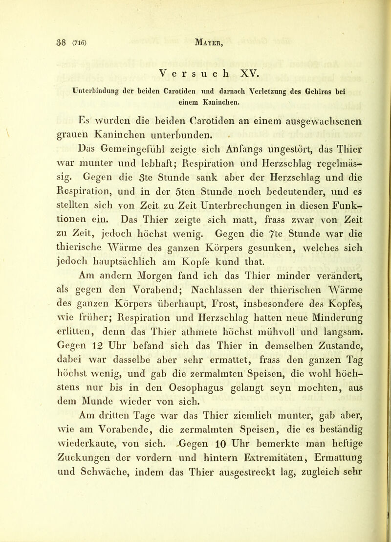 Versuch XV. Unterbindung der beiden Carotiden und darnach Verletzung des Gehirns bei einem Kaninchen. Es wurden die beiden Carotiden an einem ausgewachsenen grauen Kaninchen unterbunden. Das Gemeingefühl zeigte sich Anfangs ungestört, das Thier war munter und lebhaft; Respiration und Herzschlag regelmäs- sig. Gegen die 3te Stunde sank aber der Herzschlag und die Respiration, und in der 5ten Stunde noch bedeutender, und es stellten sich von Zeit zu Zeit Unterbrechungen in diesen Funk- tionen ein. Das Thier zeigte sich matt, frass zwar von Zeit zu Zeit, jedoch höchst wenig. Gegen die 7te Stunde war die thierische Wärme des ganzen Körpers gesunken, welches sich jedoch hauptsächlich am Kopfe kund that. Am andern Morgen fand ich das Thier minder verändert, als gegen den Vorabend; Nachlassen der thierischen Wärme des ganzen Körpers überhaupt, Frost, insbesondere des Kopfes, wie früher; Respiration und Herzschlag hatten neue Minderung erlitten, denn das Thier athmete höchst mühvoll und langsam. Gegen 12 Uhr befand sich das Thier in demselben Zustande, dabei war dasselbe aber sehr ermattet, frass den ganzen Tag höchst wenig, und gab die zermalmten Speisen, die wohl höch- stens nur bis in den Oesophagus gelangt seyn mochten, aus dem Munde wieder von sich. Am dritten Tage war das Thier ziemlich munter, gab aber, wie am Vorabende, die zermalmten Speisen, die es beständig wiederkaute, von sich. ..Gegen 10 Uhr bemerkte man heftige Zuckungen der vordem und hintern Extremitäten, Ermattung und Schwäche, indem das Thier ausgestreckt lag, zugleich sehr