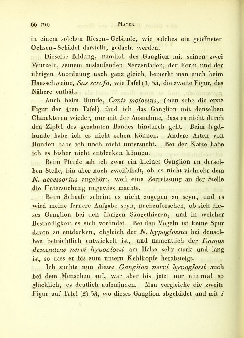 in einem solchen Riesen-Gebäude, wie solches ein geöffneter Ochsen-Schädel darstellt, gedacht werden. Dieselbe Bildung, nämlich des Ganglion mit seinen zwei Wurzeln, seinem auslaufenden Nervenfaden, der Form und der übrigen Anordnung nach ganz gleich, bemerkt man auch beim Hausschweine, Sus scrofa, wie Tafel (4) 55, die zweite Figur, das Nähere enthält. Auch beim Hunde, Canis molossus, (man sehe die erste Figur der 4ten Tafel) fand ich das Ganglion mit denselben Charakteren wieder, nur mit der Ausnahme, dass es nicht durch den Zipfel des gezahnten Bandes hindurch geht. Beim Jagd- hunde habe ich es nicht sehen können. Andere Arten von Hunden habe ich noch nicht untersucht. Bei der Katze habe ich es bisher nicht entdecken können. Beim Pferde sah ich zwar ein kleines Ganglion an dersel- ben Stelle, bin aber noch zweifelhaft, ob es nicht vielmehr dem JV. accessorius angehört, weil eine Zerreissung an der Stelle die Untersuchung ungewiss machte. Beim Schaafe scheint es nicht zugegen zu sejn, und es wird meine fernere Aufgabe seyn, nachzuforschen, ob sich die- ses Ganglion bei den übrigen Säugethieren, und in welcher Beständigkeit es sich vorfindet. Bei den Vögeln ist keine Spur davon zu entdecken, obgleich der N. hypoglossus bei densel- ben beträchtlich entwickelt ist, und namentlich der Ramus descendens nervi hypoglossi am Halse sehr stark und lang ist, so dass er bis zum untern Kehlkopfe herabsteigt. Ich suchte nun dieses Ganglion nervi hypoglossi auch bei dem Menschen auf, war aber bis jetzt nur einmal so glücklich, es deutlich aufzufinden. Man vergleiche die zweite Figur auf Tafel (2) 53, wo dieses Ganglion abgebildet und mit i