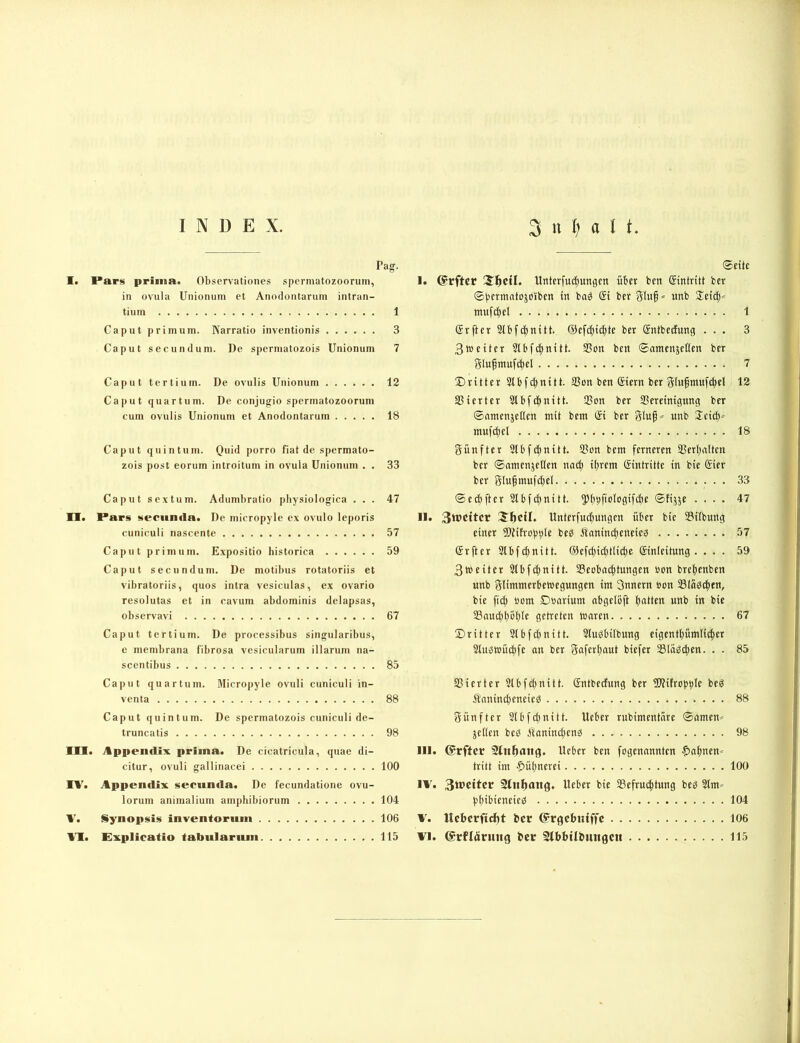 INDEX. n Pag. 1. I*ars prima. Observationes sperniatozoorum, in ovula Unioniim et Anodontaruin intran- tium 1 Caput prim um. Karratio inventionis 3 Caput secundum. De spermatozois Unionum 7 Caput tertium. De ovulis Unionum 12 Ca])ut quartum. De conjugio sperniatozoorum cum ovulis Unionum et Anodontaruin 18 Caput quin tum. Quid porro fiat de spermato- zois post eorum introitum in ovula Unionum . . 33 Caput sextum. Adumbratio pliysiologica ... 47 II. l*ars ««eriinfla. De mieropyle ex ovulo leporis cuniculi nascente 57 Caput prim um. Expositio historica 59 Caput secundum. De motibus rotatoriis et vibratoriis, quos intra vesiculas, ex ovario resolutas et in cavum abdominis delapsas, observavi 67 Caput tertium. De processibus singularibus, e membrana fibrosa vesicularum illarum na- scentibus 85 Caput quartum. Mieropyle ovuli cuniculi in- venta 88 Caput quintum. De spermatozois cuniculi de- truncatis 98 III. Appendix prima. De cicatricula, quac di- citur, ovuli gallinacei 100 IV. Appendix seritnda. De fecundatione ovu- loruni animalium ampbibiorum 104 V. Synopsis inventoruin 106 AV. Explieafio tabularitin 115 ®cite !• ©rftcr Unterfuctmngcn über ben Sintrüt ber ©permntojeiben ln ba^ St ber «nb mufc^el 1 Srfter Slbfi^nitt. ®efd)i4)te ber Sntbedung ... 3 3«etter SUfctinitt. Sott ben ©antenjellen ber Ölufmufdtel 7 Dritter Stbfdtnitt. Son ben Stern ber glufmuft^el 12 Sterter 3lbfc()nitt. Son ber Serctntgtmg ber ©nmenjellen mit bem Si ber gluf» unb Xeicb» mufd)el 18 Sünfter 3lbfcj)nitt. Son bem ferneren Serftdten ber ©amenjeßen nai^ iftrem Sintritte in bie Sier ber Slufmufdjel 33 ©edifter SIbfettnitt. ©fijje .... 47 II. 3tt*cttcr Unterfucf)ungen über bie Silbnng einer Stitroptite bed Äaninct)eneieö 57 Srfter Slbfdtnitt. ©efcttid^tlidte Sinleitnng . ... 59 Breiter 3tbfd)nitt. Seobac|)tungen oon bret)enben unb glintmerbetoegungen im Snnern öon Slodcfien, bie ficü »om Doarium abgelbfi t)atten unb in bie Saud)t)büle getreten waren 67 Dritter Sbf^nitt. Sludbilbung eigentf)ümli(|er Sluöwücbfe an ber Snfertjaut biefer Slüdtften. . . 85 Sierter 3(bfd)nitt. Sntbeefung ber üJJifrobble bed Äanindjeneied 88 fünfter Slbfc^nitt. lieber rubimentäre ©amen» jeßen bed Äanindteng 98 III. ©rftcr Heber ben fogenannten ftaftnen» tritt im f)üt)nerei 100 IV. 3tt>citcr Sln^ang. lieber bie Sefrn(|tnng bed 3lm» fj^ibieneied 104 V. Mcbcrftcftt ber ©rgebuiffe 106 VI. erflärmtg ber Slbbilbmigcti 115