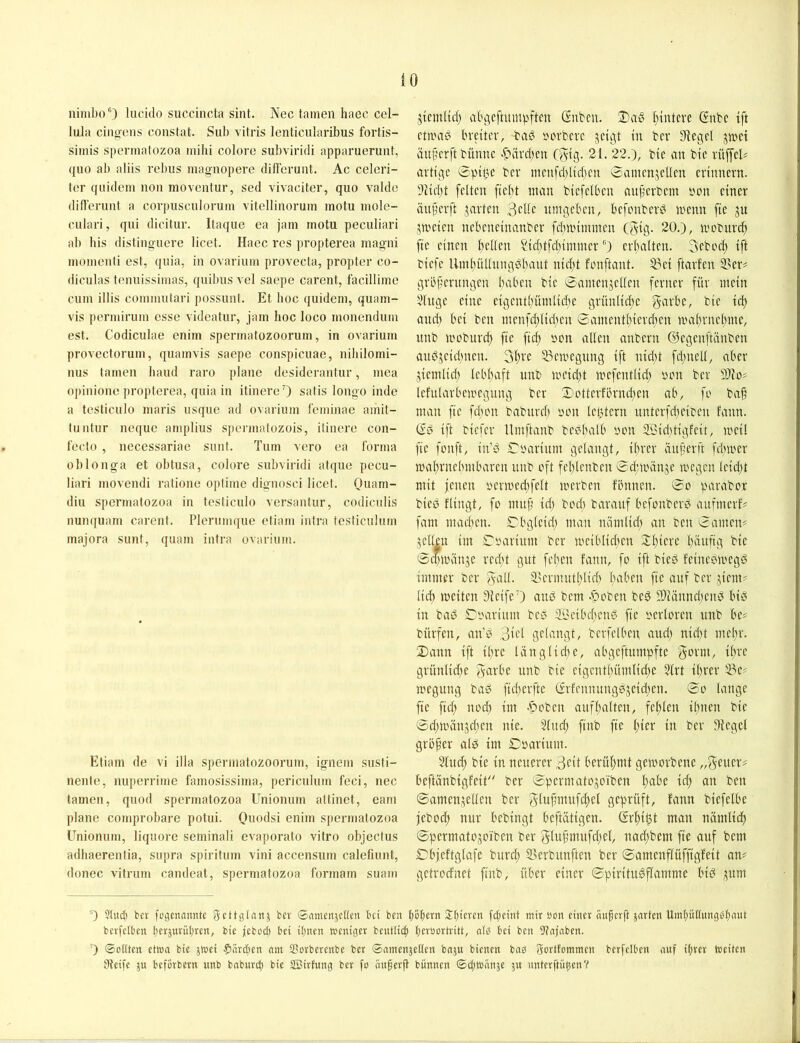 niiiibo'') lucido succincta sint. Nec taineii haec ccl- liüa cingcns constat. Sub vitris lenticularibus forfis- simis spermatozoa mihi coloro subviricli apparuerunt, quo ab aliis rebus magnopere diftcrunt. Ac celeri- ter qiiidcm non moventur, sed vivaciter, quo valdo differunt a corpuscnlorum vitellinoruin motu mole- ciilari, qui dicitur. Itaque ea jain motu peculiari ab his distinguere licet. Haec res propterea magni momenii est, quia, in ovarium provecta, propter co- diculas tenuissimas, quibus vel saepe carcnt, facillime cum illis commutari possunt. Et hoc quidem, quam- vis pcrmirum esse videatur, jam hoc loco monendum est. Codiculae cnim spermatozoorum, in ovarium provectorum, quamvis saepe conspicuae, nihilomi- nus tarnen liaud raro ])Iane desiderantur, mea opinione propterea, quia in itinereO satis longo inde a tesüculo maris nsque ad ovarium feminae amit- luntur neque amplius spennatozois, ilinere con- fecto , necessariae sunt. Tum vero ea l'orma ob longa et obtusa, colore subviridi atque pecu- liari movendi ratione optime dignosci licet. Oujmi- diu spermatozoa in testiculo versantur, codiculis nunquam carent. Plernmque eliam intra fesficulum rnajora sunt, quam intra ovarium. Etiam de vi illa spermatozoorum, ignem susti- nente, nuperrime famosissima, periculum feci, nec tarnen, quod spermatozoa Unionum attinct, eam plane comprobare potui. Quodsi enim spermatozoa Unionum, liquore seminali evaporato vitro objectus adhaerentia, supra spiritum vini accensum calefiunt, donec vitrum candeat, spermatozoa formam suam jicmlid) abgcftmitpftcn (iubcn. Dafi l){ntcve Gute tft ctii'ad breiter, baö rnnTere jei^t in ber Siegel jtuet äuf'erft bünne .foärci)eii (gtg. 21. 22.), bie vin bie rüffeU artige 0pige ber meuffl)lici)eii 0amenjellen erinnern. ■)Hd)t feiten fiebt inan biefelben auferbem i'on einer äuferft jarten 3cde umgeben, befonberd menn fie 31t jmeien nebeneinanber fdpinmmen (gig. 20.), umbitr^ fie einen bellen ?id)tfd;immer) erl)alten. Seboc^ ift biefe Umliüliungdbaut nid;t fmiftant. 53ei ftarfen 3?cr# grbferungen haben bie ©amenjellen ferner für mein 5luge eine eigenti)ümlicbe grünlid;e garbe, bie icl) and) bei ben menfd)lid;en 0ainent()ierd;en mal)rnelpne, unb mcburd) fie ftd; »cn allen anbern Oegenftänben audjeid^nen. 31)re 53en'egung ift nid;t fdpiell, aber jiemlicb lebhaft unb meidet mefentlid; inut ber lefularbemegung ber 0otterfbrnd;en ab, fo baf inan fie ftbcn baburd; ycn lelitern unterfdjeimi fann. ift biefer Uinftanb bebbalb »on 23id)tigfeit, meil fie fonft, in’d 0','arium gelangt, ihrer äuferft fchiver malirnehmbaren unb oft fel)lenben 0d;ii'äii5e wegen leid)t mit jenen i'ermedifelt werben fbnnen. 0ü parabcr bied Hingt, fc iiiitf id) bocl) baraiif befonberd anfmerf# fam machen. Obgleich man nämlich an ben 0ameiu jellcn im 0Darium ber weiblid;en 3il)icre häufig bie 0tfwän5e re^it gut fehen fann, fo ift bied feineowegd immer ber g-all. 5>ermuthlicf) l>tben fie auf ber jieiii' lid) weiten 91eifeO and bem .5»oben bed 9)iännchend bid in bad Oimrium bed üBeibchend fie verloren unb be^ bürfen, an’d 3'U gUiingU berfelben auch nicht mehr. Dann ift ihre tänglid^e, abgeftumpfte S^tuii, ihre grünlid;e S^rbe unb bie eigcnthümlid;e 5lrt ihrer 5?e' wegung bad ficherfte (irfennungdjeid^en. 0o lange fie fid; nod; im |)pben aufhalten, fehlen ihnen bie 0d;wänschen nie. ')(nd; fiiib fie hicf t» her Siegel gröfer ald im Ddarinm. 5(ud; bie in neuerer 3eit berühmt geworbene beftänbigfeit ber 0permatojoiben h^thc id; an ben 0amen,gellen ber glufmufchel geprüft, fann biefelbe jebod; nur bebingt beftätigen. (Erhi^t man näinlid) 0periiiato;5oiben ber gluftnufd^el, na^bcin fie auf bem Dbjeftglafe burch SSerbunften ber ©amenflüffigfeit an; getrocfnet finb, über einer ©piritudflamme bid ^um 0 3UuI) ber fügenamUe gcttglanj ber Samettjctten bei ben höhet« Schieren fiheint mir öon einet nuferft jarten Umhüthingeh«wt berfelben herjurühren, bie jeboeb bei ihnen meniger beutlich hetbortritt, alg bei ben 9?njaben. ') (Sothen etwa bie jmei $är(hen nm Slorbetcnbe ber ©nmenäetlen baju bienen bnb gortfommen berfelben auf ihrer Seiten .Steife ju beforbern «nb baburch bie 2Birfung ber fo änperjt bünnen (Schtonnje ju unterphen?
