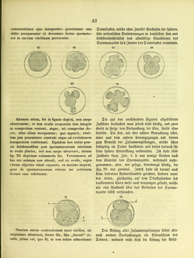 commutationes ejus insequentes gravissimae sine dubio praeparantur et descensus lentus spermato- zoi in saccum vitellinum provocatur. 65 66 Attamen Status, bis in figuris depicti, non saepe observantur, et tum ovulis evaporatis tum integris in conspectum veniunt, atque, uti conspectus do- cet, alius alium insequuntur; quo apparet, vitel- lum Jam praemature contrahi atque ad evolutionem insequentem conformari, Equidem hos Status pau- cis hebdomadibus post spermatozoorum introitum in ovuIa pluries, sed non saepe observavi, statum iig. 70. depictum solummodo bis. Verumtamen ad has res animum non attendi, sed ex ovulis, supra vitrum objectus simul expansis, ea maxime inspexi, qiiae de spermatozoorum ratione me certiorem factura esse videbantur. Omnium autem contractionum sacci vitellini, uti saepissime observavi, forma illa, libo „biscuit“ si- milis, prima est, qua fit, ut non solum adhaesiones 2)otterfadeö, mlä)t 35orftufen ber fpätern, mefentltclen SSeränberungen in bemfelben ftnb unb ^bc^ftwal^rfc^emltc^ bag aEmäbltge ^tnabtreten beö ©permatojoib^ innere beg 2)otterfacfe^ »ermitteln. 67 68 ®te auf ben »ovfte^enben Figuren abgebübeten Buftänbe beoba^tet man jebod; md)t ^läufig, unb jmar ti^eüd in golge »on SSerbunftung ber ßter, t^eüS ol^ne btefelbe. ©te fmb/mie tl^re naivere SSetrac^tung leiert, einer aud bem anbern l^ernorgegangen unb bienen jum S3emeife ber 3ufcintmenjiej)ungen, mel^ie fd^on frül^^eitig im Dotter ftattfinben unb biefen baburd^ für feine fpätere ßntmidlung »orbereiten. 3d^ fiabe biefe Buftänbe furje Beit, b. 1^. nur menige Sßodlien nad^ bem Eintritte beö ©permatogoibd, mel^rmald mafir# genommen, aber, mie gefagt, feinedmegS fiäuftg, bie gig. 70. nur jtoeimal. 3nbef fiabe icf) barauf aucf» feine befonbere 5lufmerffamfeit gerichtet, fonbern unter ben »ielen, gleidfi^eitig auf bem Objeftglädd^en fi(^ barbietenben ßiern mel)r nadl; benjenigen gefuifit, melc^e mir eine 5ludfunft über bad SSerlialten bed ©perma# tojoibg felbft »erfprad^en. 72 Den 5lnfang aller Bufawwettjiebungen bilbet aber natf) meinen SSeobad^tungen bie Ißidcuitform bed Dotterd, mobur^ nid^t blop bie Söfung ber Slbl^ä^