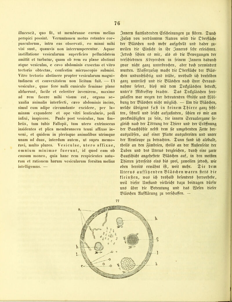 illucescit, quo fit, ut menibraiiae earum melius perspici possint. Verumtamen motus rotantes cor- pusculorum, intra eas observati, eo minui mihi visi sunt, quarnvis non interrumperentur. Aquae instillatione vesicularum superficies pellucidatem amittit et turbatur, quam ob rem ea plane abstinui atque vesiculas, e cavo abclominis exsectas et vitro tectorio obtectas, confestim microscopio submisi. Vitro tectorio abstinere propter vesicularum magni- tudinem et convexitatem non licitum fuit. — Ut vesiculas, quae fere nulli cuniculo feniinae plane abfuerunt, facile et celeriter invenirem, maxime ad rem facere mihi visum est, organa se- xualia animalis interfecti, cavo abdominis inciso, simul cum adipe circumdante excidere, per la- minam expandere et ope vitri lenticularis, pedi infixi, inspicere. Paulo post vesiculas, tum fim- briis, tum tubis Fallopii, tum utero extrinsecus insidenfes et plica membranacea tenui affixas in- veni, et quidem in plerisque animalibus ulrirnque unam ad duas, interdum autem, ut supra memo- ravi, multo plures. Vesiculae, utero affixae, Omnium minimae fuerunt, id quod eam ob causam moneo, quia hanc rem respicientes natu- ram et rationem harum vesicularum forsitan melius intelligemus. — 3nnevn ftattfinbenbcn (Jrfcljcinungeu ju ftbren. 3)urd; 3ufa^ »on öerbünntem 91atron tüirb bie Cbcrfläc^e ber Släbc^cn aufge^eüt unb halber lüctlcn bie ßtnftd;! in Snneved febr cr(cid;tert. 3eboc^ fd)icn cd mir, olb ob bic 53emegungen ber vcrfd)iebcnen jtbrpcrd;en in feinem 3nnern baburd; jmar nid;t ganj nnterbrod^en, aber bod) oerminbert mürben. SBofferjnfa^ madit bie Cberflädje ber SSläd? d^en unbnrd)fid;tig unb trübe, meö()alb id; benfelben ganj unterließ unb bie 33lägd)en nad; ii)rer «^erauö> nannte fofort, blo§ mit bem 2)erfgläöcben bebecft, unter’d 2)?ifro[fop brad;te. 2)ad Dedgläbdjen forU julaffen mar megen ber bebeutenben @rö§e unb 2BöU bung ber S3(ädd;en nid;t möglid). — Um bie 53lädd;en, meld;e übrigend faft in feinem Xl)iere gaii;^ fel)U ten, fdjnell unb teidjt anfjufinben, fd;ien ed mir am jmecfmä^igften ju fein, bie innern ©erualorgane fo# gleid; nad; ber Xbbtnng ber Spiere unb ber Eröffnung ber 33aud)f)öi)ie nebft bem fie umgebenben g^Ue I;er# audjulbfen, auf einer glatte audjubreiten unb unter ber Sfrmloupe ju betrad;ten. Dann fanb id; aldbalb, t^eild an ben gimbrien, t^eiid an ber 5fu^enfeite ber 2:uben unb bed Uterud berg(eid;en, burcf) eine jartc •f)autfd)icbt angel)eftete 5ßlädd;en auf, in ben meiften Dbieren feberfeitd eind bid jmei, jumeiien febod;, mic oben bereitd ermäl)nt ift, meit mef)r. Die bem Uterud auffi^enben S5lüdd;en maren ftetd bie fleinften, mad id) bedf)alb befonberd l)er»orl)ebe, meil biefer Umftanb oieUeid)t baju beitragen bürfte und über bie SBebeutung unb bad ®efen biefer S3lädd)en 3fufflärung jn oerfc^affen. — 77