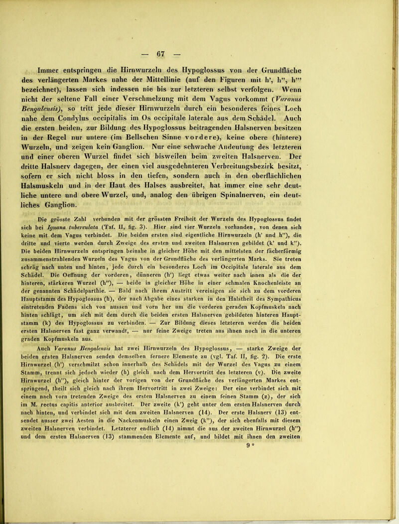 Immer entspringen die Hirnwurzeln des Hypoglossus von der Grundfläche des verlängerten Markes nahe der Mittellinie (auf den Figuren mit h’, h”, h’” bezeichnet), lassen sich indessen nie bis zur letzteren selbst verfolgen. Wenn nicht der seltene Fall einer Verschmelzung mit dem Vagus vorkommt (Varanus Bengalensis), so tritt jede dieser Hirnwurzeln durch ein besonderes feines Loch nahe dem Condylus occipitalis im Os occipitale laterale aus dem Schädel. Auch die ersten beiden, zur Bildung des Hypoglossus beitragenden Halsnerven besitzen in der Regel nur untere (im Bellschen Sinne vordere), keine obere (hintere) Wurzeln, und zeigen kein Ganglion. Nur eine schwache Andeutung des letzteren und einer oberen Wurzel findet sich bisweilen beim zweiten Halsnerven. Der dritte Halsnerv dagegen, der einen viel ausgedehnteren Verbreitungsbezirk besitzt, sofern er sich nicht bloss in den tiefen, sondern auch in den oberflächlichen Halsmuskeln und in der Haut des Halses ausbreitet, hat immer eine sehr deut- liche untere und obere Wurzel, und, analog den übrigen Spinalnerven, ein deut- liches Ganglion. Die grösste Zahl verbunden mit der grössten Freiheit der Wurzeln des Hypoglossus findet sich bei Iguana tuberculata (Taf. II, fig. 3). Hier sind vier Wurzeln vorhanden, von denen sich keine mit dem Vagus verbindet. Die beiden ersten sind eigentliche Hirnwurzeln (h’ und h”), die dritte und vierte werden durch Zweige des ersten und zweiten Halsnerven gebildet (k’ und k”). Die beiden Hirnwurzeln entspringen beinahe in gleicher Höhe mit den mittelsten der fächerförmig zusammenstrahlenden Wurzeln des Vagus von der Grundfläche des verlängerten Marks. Sie treten schräg nach unten und hinten, jede durch ein besonderes Loch im Occipitale laterale aus dem Schädel. Die Oeffnung der vorderen, dünneren (h’) liegt etwas weiter nach innen als die der hinteren, stärkeren Wurzel (h”), — beide in gleicher Höhe in einer schmalen Knochenleiste an der genannten Schädelparthie. — Bald nach ihrem Austritt vereinigen sie sich zu dem vorderen Hauptstamm des Hypoglossus (h), der nach Abgabe eines starken in den Halstheil des Sympathicus eintretenden Fadens sich von aussen und vorn her um die vorderen geraden Kopfmuskeln nach hinten schlägt, um sich mit dem durch die beiden ersten Halsnerven gebildeten hinteren Haupt- stamm (k) des Hypoglossus zu verbinden. — Zur Bildung dieses letzteren werden die beiden ersten Halsnerven fast ganz verwandt, — nur feine Zweige treten aus ihnen noch in die unteren graden Kopfmuskeln aus. Auch Varanus Bengalensis hat zwei Hirnwurzeln des Hypoglossus, — starke Zweige der beiden ersten Halsnerven senden demselben fernere Elemente zu (vgl. Taf. II, fig. 2). Die erste Hirnwnrzel (h’) verschmilzt schon innerhalb des Schädels mit der Wurzel des Vagus zu einem Stamm, trennt sich jedoch wieder (h) gleich nach dem Hervortritt des letzteren (v). Die zweite Hirnwurzel (h”), gleich hinter der vorigen von der Grundfläche des verlängerten Markes ent- springend, theilt sich gleich nach ihrem Hervortritt in zwei Zweige: Der eine verbindet sich mit einem nach vorn tretenden Zweige des ersten Halsnerven zu einem feinen Stamm (z), der sich im M. rectus capitis anterior ausbreitet. Der zweite (k’) geht unter dem ersten Halsnerven durch nach hinten, und verbindet sich mit dem zweiten Halsnerven (14). Der erste Halsnerv (13) ent- sendet ausser zwei Aesten in die Nackenmuskeln einen Zweig (k”), der sich ebenfalls mit diesem zweiten Halsnerven verbindet. Letzterer endlich (14) nimmt die aus der zweiten Hirnwurzel (h”) und dem ersten Halsnerven (13) stammenden Elemente auf, und bildet mit ihnen den zweiten 9*