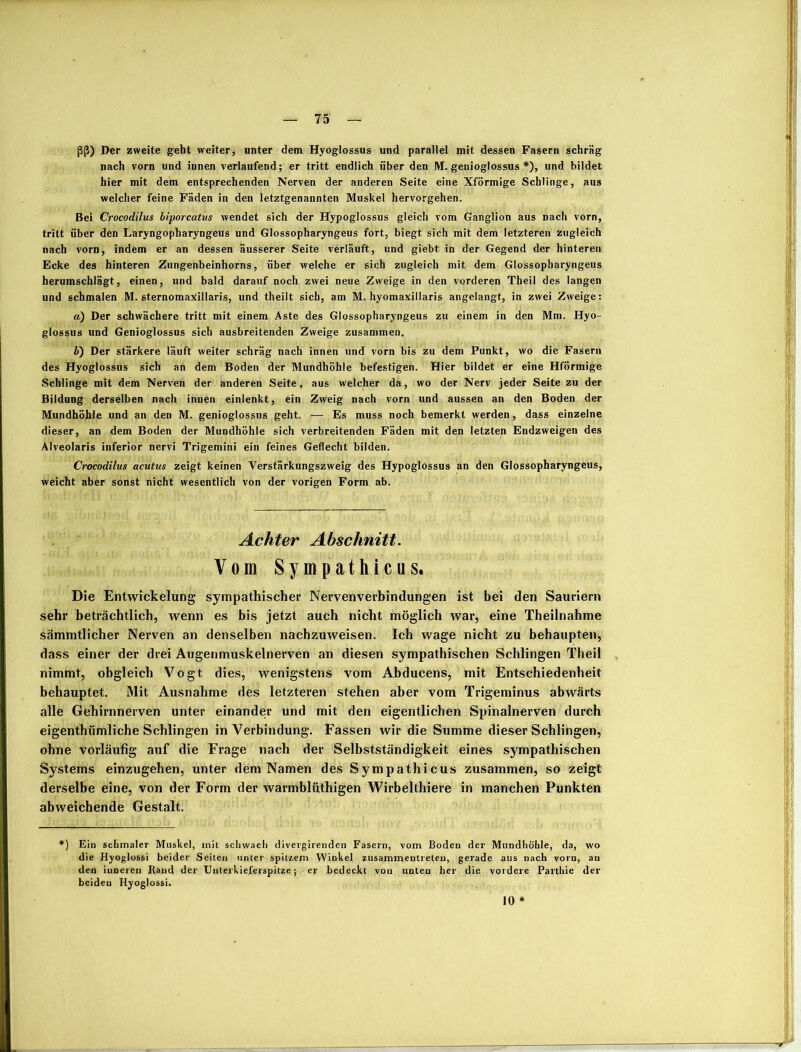 ßß) Der zweite geht weiter, unter dem Hyoglossus und parallel mit dessen Fasern schräg nach vorn und innen verlaufend; er tritt endlich über den M. genioglossus *), und bildet hier mit dem entsprechenden Nerven der anderen Seite eine Xförmige Schlinge, aus welcher feine Fäden in den letztgenannten Muskel hervorgehen. Bei Crocodilus biporcatus wendet sich der Hypoglossus gleich vom Ganglion aus nach vorn, tritt über den Laryngopharyngeus und Glossopharyngeus fort, biegt sich mit dem letzteren zugleich nach vorn, indem er an dessen äusserer Seite verläuft, und giebt in der Gegend der hinteren Ecke des hinteren Zungenbeinhorns, über welche er sich zugleich mit dem Glossopharyngeus herumschlägt, einen, und bald darauf noch zwei neue Zweige in den vorderen Theil des langen und schmalen M. sternomatfillaris, und theilt sich, am M. hyomaxillaris angelangt, in zwei Zweige: a) Der schwächere tritt mit einem Aste des Glossopharyngeus zu einem in den Mm. Hyo- glossus und Genioglossus sich ausbreitenden Zweige zusammen, b) Der stärkere läuft weiter schräg nach innen und vorn bis zu dem Punkt, wo die Fasern des Hyoglossus sich an dem Boden der Mundhöhle befestigen. Hier bildet er eine Hförmige Schlinge mit dem Nerven der anderen Seite, aus welcher da, wo der Nerv jeder Seite zu der Bildung derselben nach innen einlenkt, ein Zweig nach vorn und aussen an den Boden der Mundhöhle und an den M. genioglossus geht. — Es muss noch bemerkt werden, dass einzelne dieser, an dem Boden der Mundhöhle sich verbreitenden Fäden mit den letzten Endzweigen des Alveolaris inferior nervi Trigemini ein feines Geflecht bilden. Crocodilus acutus zeigt keinen Verstärkungszweig des Hypoglossus an den Glossopharyngeus, weicht aber sonst nicht wesentlich von der vorigen Form ab. Achter Abschnitt. Vom Sympathicus. Die Entwickelung sympathischer Nervenverbindungen ist bei den Sauriern sehr beträchtlich, wenn es bis jetzt auch nicht möglich war, eine Theilnahme sämmtlicher Nerven an denselben nachzuweisen. Ich wage nicht zu behaupten, dass einer der drei Augenmuskelnerven an diesen sympathischen Schlingen Theil nimmt, obgleich Vogt dies, wenigstens vom Abducens, mit Entschiedenheit behauptet. Mit Ausnahme des letzteren stehen aber vom Trigeminus abwärts alle Gehirnnerven unter einander und mit den eigentlichen Spinalnerven durch eigenthümliche Schlingen in Verbindung. Fassen wir die Summe dieser Schlingen, ohne vorläufig auf die Frage nach der Selbstständigkeit eines sympathischen Systems einzugehen, unter dem Namen des Sympathicus zusammen, so zeigt derselbe eine, von der Form der warmbliithigen Wirbelthiere in manchen Punkten abweichende Gestalt. *) Ein schmaler Muskel, mit schwach divergirenden Fasern, vom Boden der Mundhöhle, da, wo die Hyoglossi beider Seiten unter spitzem Winkel zusammentrelen, gerade aus nach vorn, au den inneren Iiand der Uuterkieferspitze; er bedeckt von unten her die vordere Parthie der beiden Hyoglossi. 10