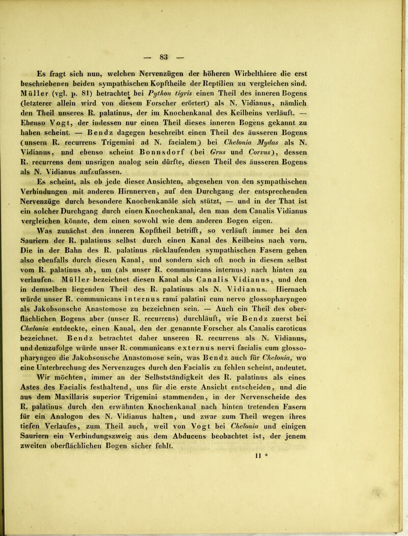83 Es fragt sich nun, welchen Nervenzügen der höheren Wirbelthiere die erst beschriebenen beiden sympathischen Kopftheile der Reptilien zu vergleichen sind. Müller (vgl. p. 81) betrachtet bei Python tigris einen Theil des inneren Bogens (letzterer allein wird von diesem Forscher erörtert) als N. Vidianus, nämlich den Theil unseres R. palatinus, der im Knochenkanal des Keilbeins verläuft. — Ebenso Vogt, der indessen nur einen Theil dieses inneren Bogens gekannt zu haben scheint. — Ben dz dagegen beschreibt einen Theil des äusseren Bogens (unsern R. recurrens Trigemini ad N. facialem) bei Chelonia Mydas als N. Vidianus, und ebenso scheint Bonnsdorf (bei Grus und Corvus), dessen R. recurrens dem unsrigen analog sein dürfte, diesen Theil des äusseren Bogens als N. Vidianus aufzufassen. Es scheint, als ob jede dieser Ansichten, abgesehen von den sympathischen Verbindungen mit anderen Hirnnerven, auf den Durchgang der entsprechenden Nervenzüge durch besondere Knocbenkanäle sich stützt, — und in der That ist ein solcher Durchgang durch einen Knochenkanal, den man dem Canalis Vidianus vergleichen könnte, dem einen sowohl wie dem anderen Bogen eigen. Was zunächst den inneren Kopftheil betrifft, so verläuft immer bei den Sauriern der R. palatinus selbst durch einen Kanal des Keilbeins nach vorn. Die in der Bahn des R. palatinus rücklaufenden sympathischen Fasern gehen also ebenfalls durch diesen Kanal, und sondern sich oft noch in diesem selbst vom R. palatinus ab, um (als unser R. communicans internus) nach hinten zu verlaufen. Müller bezeichnet diesen Kanal als Canalis Vidianus, und den in demselben liegenden Theil des R. palatinus als N. Vidianus. Hiernach würde unser R. communicans internus rami palatini cum nervo glossopharyngeo als Jakobsonsche Anastomose zu bezeichnen sein. — Auch ein Theil des ober- flächlichen Bogens aber (unser R. recurrens) durchläuft, wie Ben dz zuerst bei Chelonia entdeckte, einen Kanal, den der genannte Forscher als Canalis caroticus bezeichnet. Ben dz betrachtet daher unseren R. recurrens als N. Vidianus, und demzufolge würde unser R. communicans externus nervi facialis cum glosso- pharyngeo die Jakobsonsche Anastomose sein, was Ben dz auch für Chelonia, wo eine Unterbrechung des Nervenzuges durch den Facialis zu fehlen scheint, andeutet. Wir möchten, immer an der Selbstständigkeit des R. palatinus als eines Astes des Facialis festhaltend, uns für die erste Ansicht entscheiden, und die aus dem Maxillaris superior Trigemini stammenden, in der Nervenscheide des R. palatinus durch den erwähnten Knochenkanal nach hinten tretenden Fasern für ein Analogon des N. Vidianus halten, und zwar zum Theil wegen ihres tiefen Verlaufes, zum Theil auch, weil von Vogt bei Chelonia und einigen Sauriern ein Verbindungszweig aus dem Abducens beobachtet ist, der jenem zweiten oberflächlichen Bogen sicher fehlt.