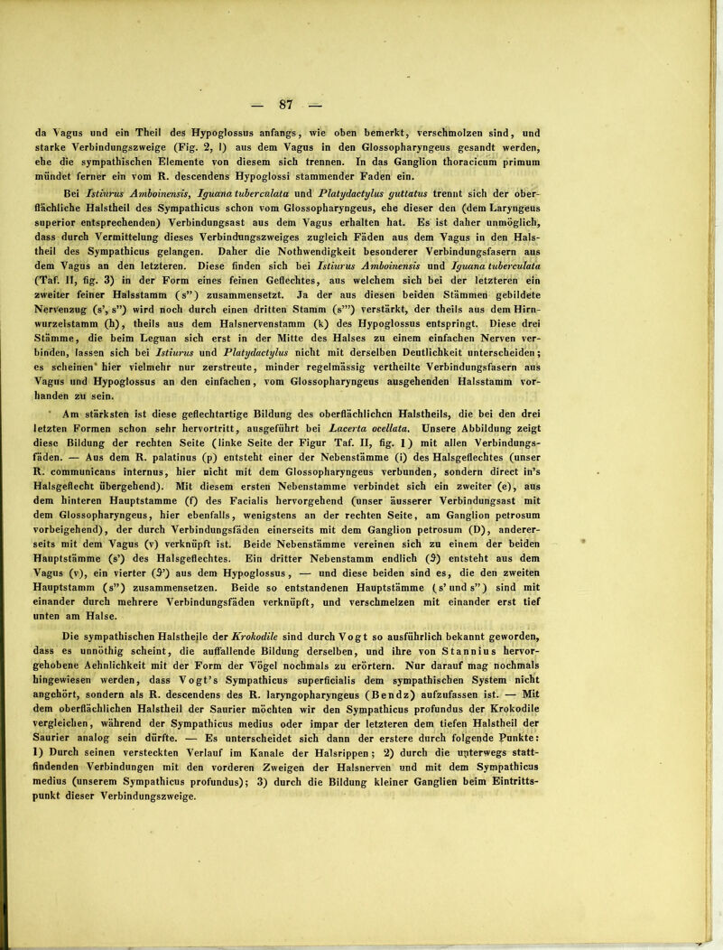 da Vagus und ein Theil des Hypoglossus anfangs, wie oben bemerkt, verschmolzen sind, und starke Verbindungszweige (Fig. 2, 1) aus dem Vagus in den Glossopharyngeus gesandt werden, ehe die sympathischen Elemente von diesem sich trennen. In das Ganglion thoracicum primum mündet ferner ein vom R. descendens Hypoglossi stammender Faden ein. Bei Istiurus Amboinensis, Iguana tubercnlata und Platydactylus guttatus trennt sich der ober- flächliche Halstheil des Sympathicus schon vom Glossopharyngeus, ehe dieser den (dem Laryngeus superior entsprechenden) Verbindungsast aus dem Vagus erhalten hat. Es ist daher unmöglich, dass durch Vermittelung dieses Verbindungszweiges zugleich Fäden aus dem Vagus in den Hals- theil des Sympathicus gelangen. Daher die Nothwendigkeit besonderer Verbindungsfasern aus dem Vagus an den letzteren. Diese finden sich bei Istiurus Amboinensis und Iguana tuberculata (Taf. II, fig. 3) in der Form eines feinen Geflechtes, aus welchem sich bei der letzteren ein zweiter feiner Halsstamm (s”) zusammensetzt. Ja der aus diesen beiden Stämmen gebildete NerVenzug (s’, s”) wird noch durch einen dritten Stamm (s’”) verstärkt, der theils aus dem Hirn- wurzeistamm (h), theils aus dem Halsnervenstamm (k) des Hypoglossus entspringt. Diese drei Stämme, die beim Leguan sich erst in der Mitte des Halses zu einem einfachen Nerven ver- binden, lassen sich bei Istiurus und Platydactylus nicht mit derselben Deutlichkeit unterscheiden; es scheinen' hier vielmehr nur zerstreute, minder regelmässig vertheilte Verbindungsfasern aus Vagus und Hypoglossus an den einfachen, vom Glossopharyngeus ausgehenden Halsstamm vor- handen zu sein. Am stärksten ist diese geflechtartige Bildung des oberflächlichen Halstheils, die bei den drei letzten Formen schon sehr hervortritt, ausgeführt bei Lacerta ocellata. Unsere Abbildung zeigt diese Bildung der rechten Seite (linke Seite der Figur Taf. II, fig. 1) mit allen Verbindungs- fäden. — Aus dem R. palatinus (p) entsteht einer der Nebenstämme (i) des Halsgeflechtes (unser R. communicans internus, hier nicht mit dem Glossopharyngeus verbunden, sondern direct in’s Halsgeflecht übergehend). Mit diesem ersten Nebenstamme verbindet sich ein zweiter (e), aus dem hinteren Hauptstamme (f) des Facialis hervorgehend (unser äusserer Verbindungsast mit dem Glossopharyngeus, hier ebenfalls, wenigstens an der rechten Seite, am Ganglion petrosum vorbeigehend), der durch Verbindungsfäden einerseits mit dem Ganglion petrosum (D), anderer- seits mit dem Vagus (v) verknüpft ist. Beide Nebenstämme vereinen sich zu einem der beiden Hauptstämme (s’) des Halsgeflechtes. Ein dritter Nebenstamm endlich (5) entsteht aus dem Vagus (v), ein vierter ($’) aus dem Hypoglossus, — und diese beiden sind es, die den zweiten Hauptstamm (s”) zusammensetzen. Beide so entstandenen Hauptstämme (s’unds”) sind mit einander durch mehrere Verbindungsfäden verknüpft, und verschmelzen mit einander erst tief unten am Halse. Die sympathischen Halstheile der Krokodile sind durch Vogt so ausführlich bekannt geworden, dass es unnöthig scheint, die auffallende Bildung derselben, und ihre von Stannius hervor- gehobene Aehnlichkeit mit der Form der Vögel nochmals zu erörtern. Nur darauf mag nochmals hingewiesen werden, dass Vogt’s Sympathicus superficialis dem sympathischen System nicht angehört, sondern als R. descendens des R. laryngopharyngeus (Bendz) aufzufassen ist. — Mit dem oberflächlichen Halstheil der Saurier möchten wir den Sympathicus profundus der Krokodile vergleichen, während der Sympathicus medius oder impar der letzteren dem tiefen Halstheil der Saurier analog sein dürfte. — Es unterscheidet sich dann der erstere durch folgeijde funkte: 1) Durch seinen versteckten Verlauf im Kanäle der Halsrippen ; 2) durch die unterwegs statt- findenden Verbindungen mit den vorderen Zweigen der Halsnerven und mit dem Sympathicus medius (unserem Sympathicus profundus); 3) durch die Bildung kleiner Ganglien beim Eintritts- punkt dieser Verbindungszweige.