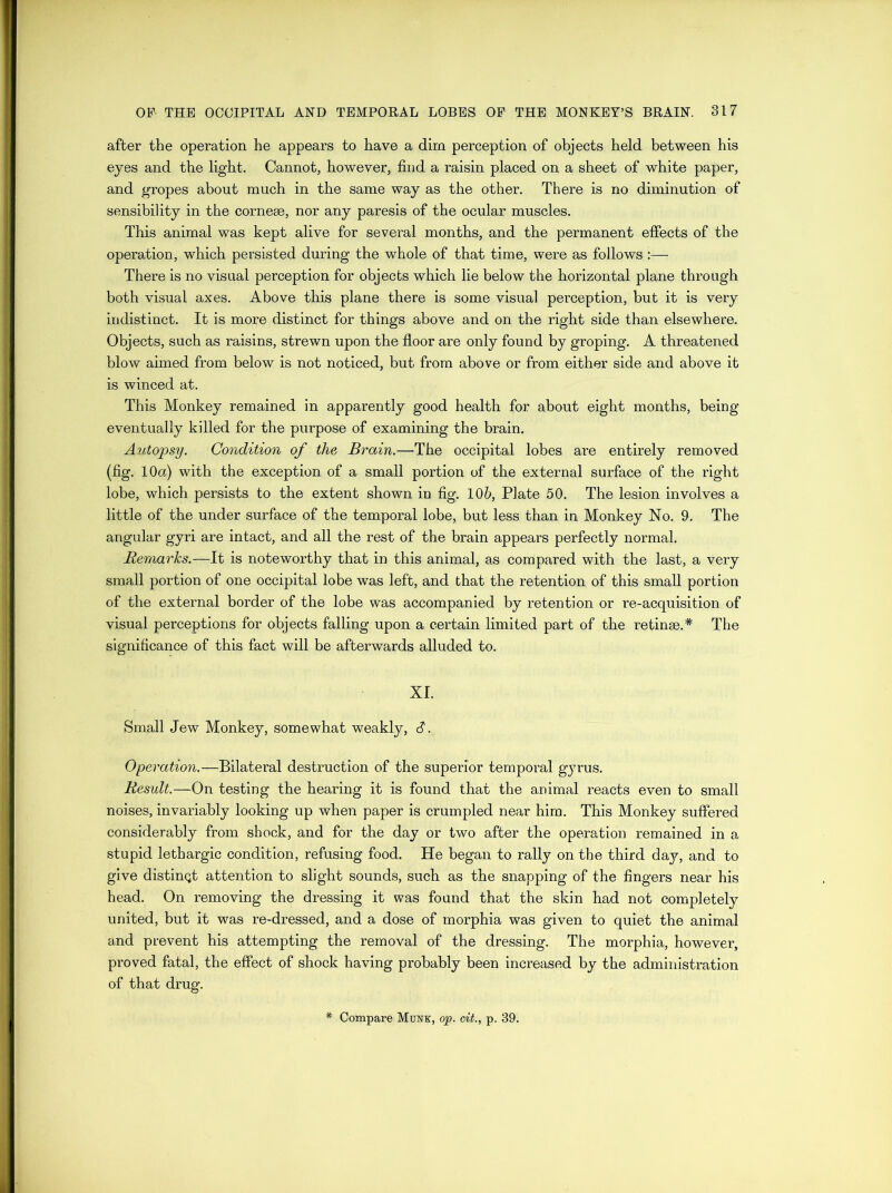 after the operation he appears to have a dim perception of objects held between his eyes and the light. Cannot, however, find a raisin placed on a sheet of white paper, and gropes about much in the same way as the other. There is no diminution of sensibility in the cornese, nor any paresis of the ocular muscles. This animal was kept alive for several months, and the permanent effects of the operation, which persisted during the whole of that time, were as follows :— There is no visual perception for objects which lie below the horizontal plane through both visual axes. Above this plane there is some visual perception, but it is very indistinct. It is more distinct for things above and on the right side than elsewhere. Objects, such as raisins, strewn upon the floor are only found by groping. A threatened blow aimed from below is not noticed, but from above or from either side and above it is winced at. This Monkey remained in apparently good health for about eight months, being eventually killed for the purpose of examining the brain. Autopsy. Condition of the Brain.—The occipital lobes are entirely removed (fig. 10a) with the exception of a small portion of the external surface of the right lobe, which persists to the extent shown in fig. 105, Plate 50. The lesion involves a little of the under surface of the temporal lobe, but less than in Monkey No. 9. The angular gyri are intact, and all the rest of the brain appears perfectly normal. Remarks.—It is noteworthy that in this animal, as compared with the last, a very small portion of one occipital lobe was left, and that the retention of this small portion of the external border of the lobe was accompanied by retention or re-acquisition of visual perceptions for objects falling upon a certain limited part of the retinae.* The significance of this fact will be afterwards alluded to. XL Small Jew Monkey, somewhat weakly, S. Operation.—Bilateral destruction of the superior temporal gyrus. Result.—On testing the hearing it is found that the animal reacts even to small noises, invariably looking up when paper is crumpled near him. This Monkey suffered considerably from shock, and for the day or two after the operation remained in a stupid lethargic condition, refusing food. He began to rally on the third day, and to give distingt attention to slight sounds, such as the snapping of the fingers near his head. On removing the dressing it was found that the skin had not completely united, but it was re-dressed, and a dose of morphia was given to quiet the animal and prevent his attempting the removal of the dressing. The morphia, however, proved fatal, the effect of shock having probably been increased by the administration of that drug. Compare Munk, op. cit., p. 39.