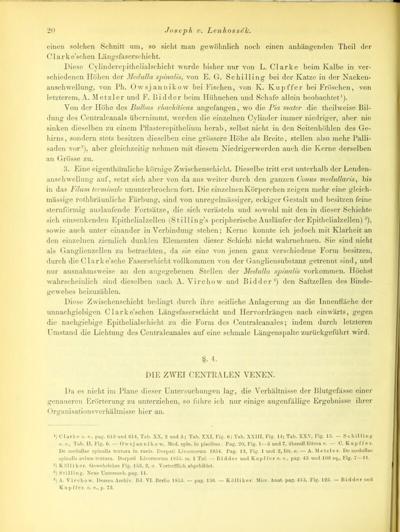 einen solchen Schnitt um, so sieht man gewöhnlich noch einen anhängenden Theil der Clarke’schen Längsfaserschicht. Liese Cylinderepithelialsc-hicht wurde bisher nur von L. Clarke beim Kalbe in ver- schiedenen Höhen der Medulla spinalis, von E. G. Schilling bei der Katze in der Nacken- anschwellung, von Ph. Owsjannikow bei Fischen, von K. Kupffer bei Fröschen, von letzterem, A. Metzler und F. Bidder beim Hühnchen und Schafe allein beobachtet1). Von der Höhe des Bulbus rhachiticus angefangen, wo die Pia mater die theilweise Bil- dung des Centralcanals übernimmt, werden die einzelnen Cylinder immer niedriger, aber nie sinken dieselben zu einem Pflasterepithelium herab, selbst nicht in den Seitenhöhlen des Ge- hirns, sondern stets besitzen dieselben eine grössere Höhe als Breite, stellen also mehr Palli- saden vor2), aber gleichzeitig nehmen mit diesem Niedrigerwerden auch die Kerne derselben an Grösse zu. 3. Eine eigenthümliche körnige Zwischenschicht. Dieselbe tritt erst unterhalb der Lenden- anschwellung auf, setzt sich aber von da aus weiter durch den ganzen Conus medullaris, bis in das Filum terminale ununterbrochen fort. Die einzelnen Körperchen zeigen mehr eine gleich- mässige rothbräunliche Färbung, sind von unregelmässiger, eckiger Gestalt und besitzen feine sternförmig auslaufende Fortsätze, die sich verästeln und sowohl mit den in dieser Schichte sich einsenkenden Epithelialzellen (Stilling’s peripherische Ausläufer der Epithelialzellen)3), sowie auch unter einander in Verbindung stehen; Kerne konnte ich jedoch mit Klarheit an den einzelnen ziemlich dunklen Elementen dieser Schicht nicht wahrnehmen. Sie sind nicht als Ganglienzellen zu betrachten, da sie eine von jenen ganz verschiedene Form besitzen, durch die Clarke’sche Faserschicht vollkommen von der Gangliensubstanz getrennt sind, und nur ausnahmsweise an den angegebenen Stellen der Medulla spinalis Vorkommen. Höchst wahrscheinlich sind dieselben nach A. Virchow und Bidder4) den Saftzellen des Binde- gewebes beizuzählen. Diese Zwischenschicht bedingt durch ihre seitliche Anlagerung an die Innenfläche der unnachgiebigen Clarke’schen Längsfaserschicht und Hervordrängen nach einwärts, gegen die nachgiebige Epithelialschicht zu die Form des Centralcanales; indem durch letzteren Umstand die Lichtung des Centralcanales auf eine schmale Längenspalte zurückgeführt wird. §• 4- DIE ZWEI CENTRALEN VENEN. Da es nicht im Plane dieser Untersuchungen lag, die Verhältnisse der Blutgefässe einer genaueren Erörterung zu unterziehen, so führe ich nur einige augenfällige Ergebnisse ihrer Organisationsverhältnisse hier an. *) Clarke o. c., pag. 613 und 614, Tab. XX, 2 und 3; Tab. XXI, Fig. 6; Tab. XXIII, Fig. 14; Tab. XXV, Fig. 13. — Schilling o. c., Tab. II, Fig. 6. — Owsj annikow. Med. spin. in piscibus. Pag. 20, Fig. 1—5 und 7, überall littera c. — C. Kupff e r. De medullae spinalis textura in ranis. Dorpati Livornorum 1854. Pag. 13, Fig. 1 und 2, litt. a. — A. Metzler. De medullae spinalis avium textura. Dorpati Livomorum 1855. m. 1 Taf. — Bidder und Kupffer o. c., pag. 43 und 108 sq., Fig. 7—11. 2) Kölliker. Gewebelehre Fig. 153, 2, a. Vortrefflich abgebildet. 3) Stilling. Neue Untersuch, pag. 11. *) A. Virchow. Dessen Archiv. Bd. VT. Berlin 1853. — pag. 136. — Kölliker. Micr. Anat. pag. 413, Fig. 125. — Bidder und Kupffer. o. c., p. 73.