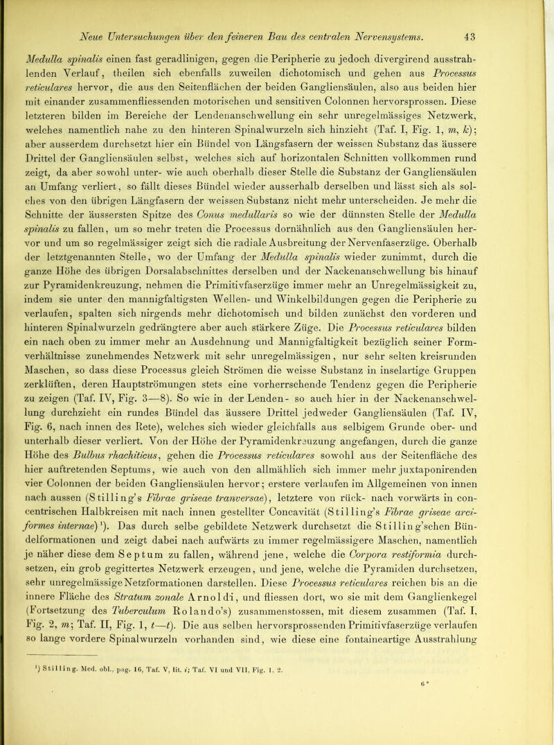 Medulla sjpinalis einen fast geradlinigen, gegen die Peripherie zu jedoch divergirend ausstrah- lenden Verlauf, theilen sich ebenfalls zuweilen dichotomisch und gehen aus Processus reticulares hervor, die aus den Seitenflächen der beiden Gangliensäulen, also aus beiden hier mit einander zusammenfliessenden motorischen und sensitiven Colonnen hervorsprossen. Diese letzteren bilden im Bereiche der Lendenanschwellung ein sehr unregelmässiges Netzwerk, welches namentlich nahe zu den hinteren Spinal wurzeln sich hinzieht (Taf. I, Pig. 1, m, k)\ aber ausserdem durchsetzt hier ein Bündel von Längsfasern der weissen Substanz das äussere Drittel der Gangliensäulen selbst, welches sich auf horizontalen Schnitten vollkommen rund zeigt, da aber sowohl unter- wie auch oberhalb dieser Stelle die Substanz der Gangliensäulen an Umfang verliert, so fällt dieses Bündel wieder ausserhalb derselben und lässt sich als sol- ches von den übrigen Längfasern der weissen Substanz nicht mehr unterscheiden. Je mehr die Schnitte der äussersten Spitze des Conus medullaris so wie der dünnsten Stelle der Medulla siyinalis zu fallen, um so mehr treten die Processus dornähnlich aus den Gangliensäulen her- vor und um so regelmässiger zeigt sich die radiale Ausbreitung der Nervenfaserzüge. Oberhalb der letztgenannten Stelle, wo der Umfang der Medulla sjpinalis wieder zunimmt, durah die ganze Höhe des übrigen Dorsalabschnittes derselben und der Nackenanschwellung bis hinauf zur Pyramidenkreuzung, nehmen die Primitivfaserzüge immer mehr an Unregelmässigkeit zu, indem sie unter den mannigfaltigsten Wellen- und Winkelbildungen gegen die Peripherie zu verlaufen, spalten sich nirgends mehr dichotomisch und bilden zunächst den vorderen und hinteren Spinalwurzeln gedrängtere aber auch stärkere Züge. Die Processus reticulares bilden ein nach oben zu immer mehr an Ausdehnung und Mannigfaltigkeit bezüglich seiner Form- verhältnisse zunehmendes Netzwerk mit sehr unregelmässigen, nur sehr selten kreisrunden Maschen, so dass diese Processus gleich Strömen die weisse Substanz in inselartige Gruppen zerklüften, deren Hauptströmungen stets eine vorherrschende Tendenz gegen die Peripherie zu zeigen (Taf. IV, Fig. 3—8). So wie in der Lenden- so auch hier in der Nackenanschwel- lung durchzieht ein rundes Bündel das äussere Drittel jedweder Gangliensäulen (Taf. IV, Fig. 6, nach innen des Rete), welches sich wieder gleichfalls aus selbigem Grunde ober- und unterhalb dieser verliert. Von der Höhe der Pyramidenkrsuzung angefangen, durch die ganze Höhe des Bulbus rhachiticus, gehen die Processus reticulares sowohl aus der Seitenfläche des hier auftretenden Septums, wie auch von den allmählich sich immer mehr juxtaponirenden vier Colonnen der beiden Gangliensäulen hervor; erstere verlaufen im Allgemeinen von innen nach aussen (Stilling’s Fibrae griseae tranversae), letztere von rück- nach vorwärts in con- centrischen Halbkreisen mit nach innen gestellter Concavität (Stilling’s Fibrae griseae arci- formes internae)1). Das durch selbe gebildete Netzwerk durchsetzt die Stilling’schen Bün- delformationen und zeigt dabei nach aufwärts zu immer regelmässigere Maschen, namentlich je näher diese dem Septum zu fallen, während jene, welche die Corpora restiformia durch- setzen, ein grob gegittertes Netzwerk erzeugen, und jene, welche die Pyramiden durchsetzen, sehr unregelmässigeNetzformationen darstellen. Diese Processus reticulares reichen bis an die innere Fläche des Stratum zonale Arnoldi, und fliessen dort, wo sie mit dem Ganglienkegel (Fortsetzung des Tuberculum Rolando’s) zusammenstossen, mit diesem zusammen (Taf. I, Fig. 2, m\ Taf. II, Fig. 1, t—t). Die aus selben hervorsprossenden Primitivfaserzüge verlaufen so lange vordere Spinalwurzeln vorhanden sind, wie diese eine fontaineartige Ausstrahlung 0 Stilling. Med. obl., pag. 16, Taf. V, lit. i; Taf. VI und VII, Fig. 1, 2.