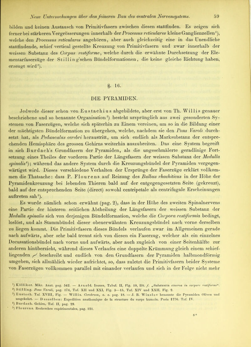 bilden und keinen Austausch von Primitivfasern zwischen diesen stattfinden. Es zeigen sich ferner bei stärkeren Vergrösserungen innerhalb der Processus reticulares kleine Ganglienzellen1), welche den Processus reticulares angehören, aber auch gleichzeitig eine in das Unendliche stattfindende, schief vertical gestellte Kreuzung von Primitivfasern und zwar innerhalb der weissen Substanz des Corpus restiforme, welche durch die erwähnte Durchsetzung der Ele- mentarfaserzüge der Sti 11 i n g’schen Bündelformationen, die keine gleiche Richtung haben, erzeugt wird2). §. 16. DIE PYRAMIDEN. Jedwede dieser schon von Eustachius abgebildete, aber erst von Th. Willis genauer beschriebene und so benannte Organisation3) besteht ursprünglich aus zwei gesonderten Sy- stemen von Faserzügen, welche sich späterhin zu Einem vereinen, um so in die Bildung einer der mächtigsten Bündelformation zu übergehen, welche, nachdem sie den Pons Varoli durch- setzt hat, als Pedunculus cerebri heraustritt, um sich endlich als Marksubstanz der entspre- chenden Hemisphäre des grossen Gehirns weiterhin auszubreiten. Das eine System begreift in sich Burdach’s Grundfasern der Pyramiden, als die ungeschmälerte geradlinige Fort- setzung eines Theiles der vorderen Partie der Längsfasern der weissen Substanz der Medulla spinalis4); während das andere System durch die Kreuzungsbündel der Pyramiden vergegen- wärtiget wird. Dieses verschiedene Verhalten der Ursprünge der Faserzüge erklärt vollkom- men die Thatsache: dass P. Fl ou re ns auf Reizung des Bulbus rhachiticus in der Höhe der Pyramidenkreuzung bei lebenden Thieren bald auf der entgegengesetzten Seite (gekreuzt), bald auf der entsprechenden Seite (direct) sowohl centripetale als centrifugale Erscheinungen auftreten sah5). Es wurde nämlich schon erwähnt (pag. 2), dass in der Höhe des zweiten Spinalnervens eine Partie der hinteren seitlichen Abtheilung der Längsfasern der weissen Substanz der Medulla spinalis sich von derjenigen Bündelformation, welche die Corpora restiformia bedingt, loslöst, und als Stammbündel dieser obenerwähnten Kreuzungsbündel nach vorne derselben zu liegen kommt. Die Primitivfasern dieses Bündels verlaufen zwar im Allgemeinen gerade nach aufwärts, aber sehr bald trennt sich von diesen ein Faserzug, welcher als ein einzelnes Decussationsbündel nach vorne und aufwärts, aber auch zugleich von einer Seitenhälfte zur anderen hinüberzieht, während dieses Verlaufes eine doppelte Krümmung gleich einem schief- liegenden beschreibt und endlich von den Grundfasern der Pyramiden halbmondförmig umgeben, sich allmählich wieder aufrichtet, so, dass zuletzt die Primitivfasern beider Systeme von Faserzügen vollkommen parallel mit einander verlaufen und sich in der Folge nicht mehr ’) Kölliker. Mikr. Anat. pag. 542. — Arnold. Icones, Tabul. II, Fig. 10, litt. /. „Substantia cinerea in corpore restiformi“. 2) Stil ling. Pons Varoli, pag. 174, Taf. XII und XXI, Fig. 3—15, Taf. XIV und XXII, Fig. 2. 3) Eustach. Taf. XVIII, Fig. — Willis. Oerebrum, o. o. pag. 18. — J. B. Winslov benannte die Pyramiden Oliven und umgekehrt. — D esselben: Expedition anathomique de la structure du corps humain. Paris 1776. Taf. IV. 4) Burdach. Gehirn, Taf. II, pag. 29. 5) Flourens. Recherches experimentales, pag. 121. 8*