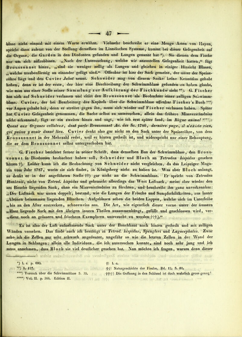 blase nicht einmal mit einem Worte erwähnt. Vielmehr beschreibt er eine Menge Arten von Hayen, spricht dann zuletzt von der Stellung derselben im Linneischen Systeme, kommt bei dieser Gelegenheit auf ilie Organe, die Garden in den Diodonten gefunden und Lungen genannt hat *). Sie dienen dem Fische nur um sich aufzublasen. „Nach der Untersuchung, welche wir anzustellen Gelegenheit hatten,“ fügt Broussonnet hinzu, „sind sie weniger zellig als Lungen und gleichen in einiger Hinsicht Blasen, „welche traubenförmig an einander gefügt sind.“ Offenbar ist hier der Sack gemeint, der unter der Speise- röhre liegt und den Cuvier Jabot nennt. Schneider mag von diesem' Sacke keine Kenntniss gehabt haben, denn er ist der erste, der hier eine Beschreibung der Schwimmblase gefunden zu haben glaubt, wie man aus einer Stelle seiner Sammlung zur Aufklärung der Fischkunde^ sieht **); -G. Fischer hat sich auf Schneider verlassen und citirt den Broussonnet als Beobachter einer zelligen Schwimm- blase. Cuvier, der bei Bearbeitung des Kapitels über die Schwimmblase offenbar Fischer’s Buch ***) vor Augen gehabt hat, denn er streitet gegen ihn, muss sich wieder auf Fischer verlassen haben. Später hat Cuvier Gelegenheit genommen, die Sache selbst zu untersuchen, allein das frühere Missverständniss nicht erkennend, fügt er ein zweites hinzu und sagt, wie ich erst später fand* im Regne animal ****)■; Quant aux Organes celluleux, dont parle Broussonnet Ac. des Sc. 1780, derniere page, il n’existe rien, jyui puisse y avoir donne lieu. Cuvier denkt also gar nicht an den Sack unter der Speiseröhre, von dem Broussonnet in der Mehrzahl redet, weil er hinten getheilt ist, und widerspricht nur einer Behauptung, die er dem Broussonnet selbst untergeschoben hat. G. Fischer berichtet ferner in seiner Schrift, dass denselben Bau der Schwimmblase, den Brous- «S'onnet in Diodonten beobachtet haben soll, Schneider und Bloch an Tetrodon hispidus gesehen hätten f). Leider kann ich die Beobachtung von Schneider nicht vergleichen, da das Leipziger Maga- zin vom Jahr 1787, worin sie sich findet, in Königsberg nicht zu haben ist. Was aber Bloch anlangt, so denkt er in der angeführten Stelleft) gar nicht an die Schwimmblase. Et spricht von Tetrodon Honkenn, nicht von Telrod. hispidus und gebraucht allerdings das Wort Luftsack, meint aber wieder den am Bauche liegenden Sack, ohne ein Missverständniss zu fürchten, und beschreibt ihn ganz unverkennbar: ,iDer Luftsack War unten doppelt, bestand, wie die Lungen der Frösche ünd Sumpfschildkröten, aus lauter „kleinen beisammen liegenden Bläschen. Aufgeblasen sehen die beiden Lappen, Welche sich im Unterleibe „bis an den After erstrecken, schneeweiss aus. Die Art, wie eigentlich dieser vorne unter der äussern „Haut liegende Sack mit den übrigen innern Theilen zusammenhängt, gefüllt und geschlossen wird, ver- dient noch an grossem und frischem Exemplaren untersucht zu werden fff).“ Es ist also der Luft aufnChihende Sack unter der ßauchhaut nach hinten getheilt und mit Welligen Wänden versehen. Das finde auch ich bestätigt in Telrod. hispidus, Sp'engleri und Lagocephalus. Zwar sehe ich die Zellen-jftur sehr schwach angedeutet, ungefähr so wje die letzten Zellen in der Wand der Lungen in Schlangen; allein alle Individuen, die ich untersuchen konnte, sind noch sehr jung und ich muss annehmen, dass,Bl och sie viel deutlicher gesehen hat. Nun möchte ich fragen, warum denn dieser *) 1. c, p. 680. **) S. -J27. ***) Versuch über die Schwimmblase S. 38. ****) Vol. II. p. 366. Edition II. f) 1. c. ff) Naturgeschichte der Fische. Bd. 12. S. 80. fff) Die Oeffnung in den Schlund ist doch wahrlich gross genug!