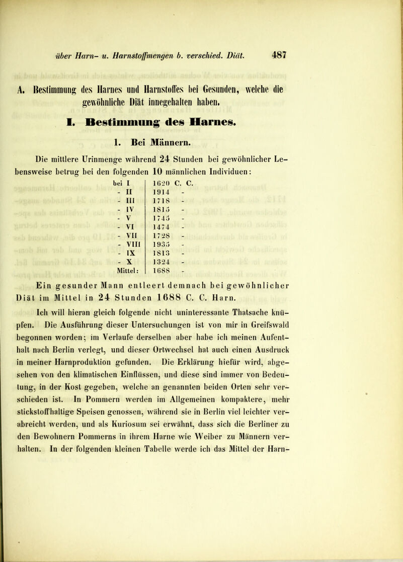 A. Bestiimniiiig des Ilarues und Harnstofles hei Gesunden, welche die gewöhnliche Diät innegehaiten haben, 1. Bestimmung des Harnes. 1. Bei Männern. Die mittlere Urinmenge während 24 Stunden bei gewöhnlicher Le- bensweise betrug bei den folgenden 10 männlichen Individuen: bei I 16-20 C. C. - II 1914 - - III 1718 - - IV 1815 - - V 1745 - VI 1474 - - VII 1728 - VIII 1935 - - IX 1813 - - X 1324 - Mittel: 1688 - Ein gesunder Mann entleert demnach bei gewöhnlicher Diät im Mittel in 24 Stunden 1688 C. C. Harn. Ich will hieran gleich folgende nicht uninteressante Thatsache knü- pfen. Die Ausführung dieser Untersuchungen ist von mir in Greifswald begonnen worden; im Verlaufe derselben aber habe ich meinen Aufent- halt nach Berlin verlegt, und dieser Ortwechsel hat auch einen Ausdruck in meiner Harnproduktion gefunden. Die Erklärung hiefür wird, abge- sehen von den klimatischen Einflüssen, und diese sind immer von Bedeu- tung, in der Kost gegeben, welche an genannten beiden Orten sehr ver- schieden ist. In Pommern werden im Allgemeinen kompaktere, mehr stickstoffhaltige Speisen genossen, während sie in Berlin viel leichter ver- abreicht werden, und als Kuriosum sei erwähnt, dass sich die Berliner zu den Bewohnern Pommerns in ihrem Harne wie Weiber zu Männern ver- halten. In der folgenden kleinen Tabelle werde ich das Mittel der Harn-