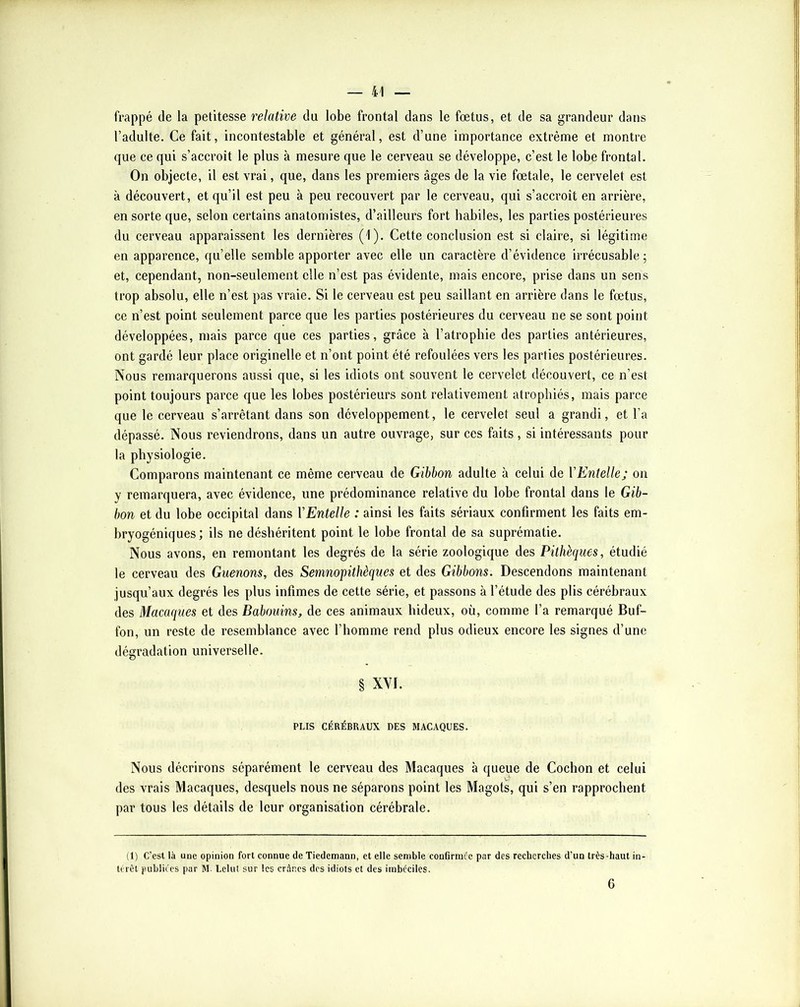 frappé de la petitesse relative du lobe frontal dans le foetus, et de sa grandeur dans l’adulte. Ce fait, incontestable et général, est d’une importance extrême et montre que ce qui s’accroît le plus à mesure que le cerveau se développe, c’est le lobe frontal. On objecte, il est vrai, que, dans les premiers âges de la vie foetale, le cervelet est à découvert, et qu’il est peu à peu recouvert par le cerveau, qui s’accroît en arrière, en sorte que, selon certains anatomistes, d’ailleurs fort habiles, les parties postérieures du cerveau apparaissent les dernières (1). Cette conclusion est si claire, si légitime en apparence, qu’elle semble apporter avec elle un caractère d’évidence irrécusable ; et, cependant, non-seulement elle n’est pas évidente, mais encore, prise dans un sens trop absolu, elle n’est pas vraie. Si le cerveau est peu saillant en arrière dans le foetus, ce n’est point seulement parce que les parties postérieures du cerveau ne se sont point développées, mais parce que ces parties, grâce à l’atrophie des parties antérieures, ont gardé leur place originelle et n’ont point été refoulées vers les parties postérieures. Nous remarquerons aussi que, si les idiots ont souvent le cervelet découvert, ce n’est point toujours parce que les lobes postérieurs sont relativement atrophiés, mais parce que le cerveau s’arrêtant dans son développement, le cervelet seul a grandi, et l’a dépassé. Nous reviendrons, dans un autre ouvrage, sur ces faits, si intéressants pour la physiologie. Comparons maintenant ce même cerveau de Gibbon adulte à celui de VEntelle; on y remarquera, avec évidence, une prédominance relative du lobe frontal dans le Gib- bon et du lobe occipital dans VEntelle : ainsi les faits sériaux confirment les faits em- bryogéniques; ils ne déshéritent point le lobe frontal de sa suprématie. Nous avons, en remontant les degrés de la série zoologique des Pithèques, étudié le cerveau des Guenons, des Semnopithèques et des Gibbons. Descendons maintenant jusqu’aux degrés les plus infimes de cette série, et passons à l’étude des plis cérébraux des Macaques et des Babouins, de ces animaux hideux, où, comme l’a remarqué Buf- fon, un reste de resemblance avec l’homme rend plus odieux encore les signes d’une dégradation universelle. § XYI. PLIS CÉRÉBRAUX DES MACAQUES. Nous décrirons séparément le cerveau des Macaques à queue de Cochon et celui des vrais Macaques, desquels nous ne séparons point les Magots, qui s’en rapprochent par tous les détails de leur organisation cérébrale. (1) C’est là une opinion fort connue de Tiedemann, et elle semble confirmée par des reclicrches d’un très haut in- térêt publiées par M. Lelut sur les crânes dos idiots et des imbéciles. 6