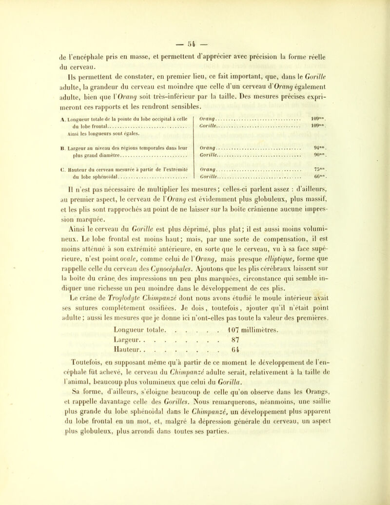 (le l’encéphale pris en masse, et permettent d’apprécier avec précision la forme réelle du cerveau. Ils permettent de constater, en premier lieu, ce fait important, que, dans le Gorille adulte, la grandeur du cerveau est moindre que celle d’un cerveau d'Orang également adulte, bien que VOrang soit très-inférieur par la taille. Des mesures précises expri- meront ces rapports et les rendront sensibles. A. Longueur totale de la pointe du lobe occipital à celle du lobe frontal Ainsi les longueurs sont t-gales. Orang. Gorille. n. Largeur au niveau des régions temporales dans leur plus grand diamètre Orang. Gorille. 109”. lOO-”. C. Hauteur du cerveau mesurée à partir de l’extrémité du lobe sphénoïdal Orang. Gorille. 75m», OG. 11 n’est pas nécessaire de multiplier les mesures; celles-ci parlent assez : d’ailleurs, au premier aspect, le cerveau de VOrang est évidemment plus globuleux, plus massif, et les plis sont rapprochés au point de ne laisser sur la boîte crânienne aucune impres- sion martpée. Ainsi le cerveau du Gorille est plus déprimé, plus plat; il est aussi moins volumi- neux. Le lobe frontal est moins haut; mais, par une sorte de compensation, il est moins atténué à son extrémité antérieure, en sorte que le cerveau, vu à sa face supé- rieure, n’est point oca/e, comme celui de VOrang, mais presque elliptique, forme que rappelle celle du cerveau des Cynocéphales. Ajoutons que les plis cérébraux laissent sur- la boîte du crâne, des impressions un peu plus marquées, circonstance qui semble in- diquer une richesse un peu moindre dans le développement de ces plis. Le ci’âne de Troglodyte Chimpanzé dont nous avons étudié le moule intérieur avait ses sutures complètement ossifiées. Je dois, toutefois, ajouter qu’il n’était point adulte ; aussi les mesui-es que je donne ici n’ont-elles pas toute la valeur des premières. Longueur totale Largeur. . Hauteur. . 107 millimètres. 87 G4 Toutefois, en supposant même qu’à partir de ce moment le développement de l’en- céphale fût achevé, le cerveau du Chimpanzé adulte serait, relativement à la taille de l’animal, beaucoup plus volumineux que celui du Gorilla. Sa forme, d’ailleui’S, s’éloigne beaucoup de celle qu’on observe dans les Orangs, et rappelle davantage celle des Gorilles. Nous remarquerons, néanmoins, une saillie plus grande du lobe sphénoïdal dans le Chimpanzé, un développement plus apparent du lobe frontal en un mot, et, malgré la dépression générale du cerveau, un aspect plus globuleux, plus arrondi dans toutes ses parties.