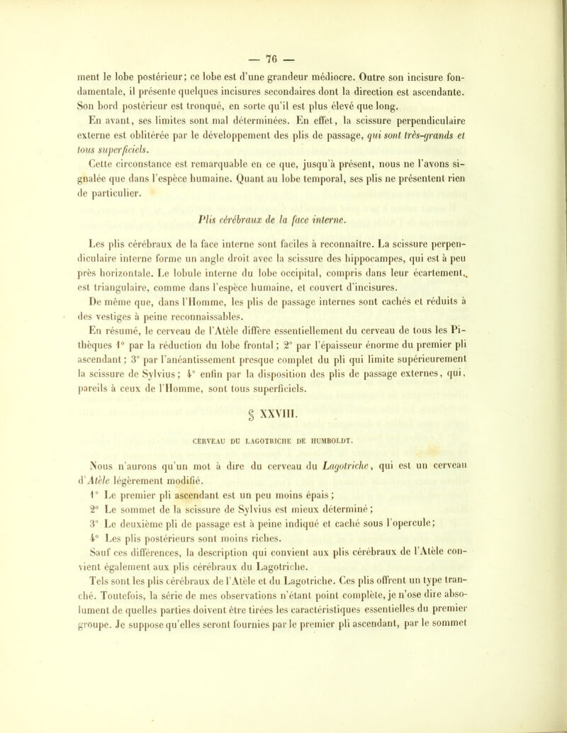 ment le lobe postérieur; ce lobe est d’une grandeur médiocre. Outre son incisure fon- damentale, il présente quelques incisures secondaires dont la direction est ascendante. Son bord postérieur est tronqué, en sorte qu’il est plus élevé que long. En avant, ses limites sont mal déterminées. En effet, la scissure perpendiculaire externe est oblitérée par le développement des plis de passage, qui sont très-grands et tous superficiels. Cette circonstance est remarquable en ce que, jusqu’à présent, nous ne l’avons si- gnalée que dans l’espèce humaine. Quant au lobe temporal, ses plis ne présentent rien de particulier. Plis cérébraux de la face interne. Les plis cérébraux de la face interne sont faciles à reconnaître. La scissure perpen- diculaire interne fornie un angle droit avec la scissure des hippocampes, qui est à peu près horizontale. Le lobule interne du lobe occipital, compris dans leur écartement,, est triangulaire, comme dans l’espèce humaine, et couvert d’incisures. De même que, dans l’Homme, les plis de passage internes sont cachés et réduits à des vestiges à peine reconnaissables. En résumé, le cerveau de l’Atèle diffère essentiellement du cerveau de tous les Pi- tbèques 1® par la réduction du lobe frontal; 2“ par l’épaisseur énorme du premier pli ascendant ; 3® par l’anéantissement presque complet du pli qui limite supérieurement la scissure de Sylvius; 4“ enfin par la disposition des plis de passage externes, qui, pareils à ceux de l’Homme, sont tous superficiels. g XXVIH. CERVEAU DU LAGOTRICHE DE HUMBOLDT. Nous n’aurons qu’un mot à dire du cerveau du Lagotriche, qui est un cerveau cVÀtèle légèrement modifié. r Le premier pli ascendant est un peu moins épais; 2° Le sommet de la scissure de Sylvius est mieux déterminé ; 3° Le deuxième pli de passage est à peine indiqué et caché sous l’opercule; 4® Les plis postérieurs sont moins riches. Sauf ces différences, la description qui convient aux plis cérébraux de l’Atèle con- vient également aux plis cérébraux du Lagotriche. Tels sont les plis cérébraux de l’iVtèle et du Lagotriche. Ces plis offrent un type tran- ché. Toutefois, la série de mes observations n’étant point complète, je n’ose dire abso- lument de quelles parties doivent être tirées les caractéristiques essentielles du premier groupe. Je suppose qu’elles seront fournies par le premier pli ascendant, par le sommet