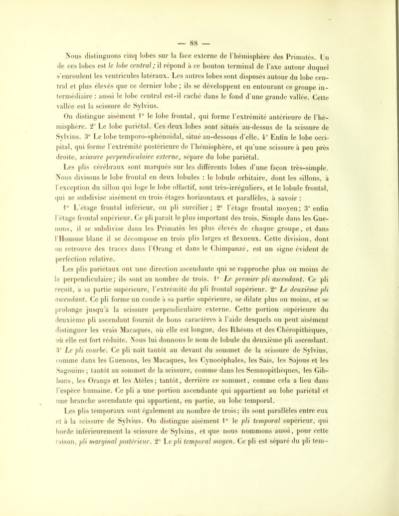 ^olls dislinguons cinq lobes sur la face externe de l’hémisphère des Prirnatès. lin de ces lobes est le lobe central; il répond à ce bouton terminal de l’axe autour duquel s’enroulent les ventricules latéraux. Les autres lobes sont disposés autour du lobe cen- tral et plus élevés que ce dernier lobe; ils se développent en entourant ce groupe in- termédiaire : aussi le lobe central est-il caché dans le fond d’une grande vallée. Cette vallée est la scissure de Sylvius. On distingue aisément P le lobe frontal, qui forme l’extrémité antérieure de l’hé- misphère. 2“ Le lobe pariétal. Ces deux lobes sont situés au-dessus de la scissure de Sylvius. 3° Le lobe temporo-spbénoidal, situé au-dessous d’elle. 4“ Enfin le lobe occi- pital, qui forme l’extrémité postérieure de l’hémisphère, et qu’une scissure à peu près droite, scissure perpendmikiire externe, sépare du lobe pariétal. Les plis cérébraux sont marqués sur les différents lobes d’une façon très-simple. Nous divisons le lobe frontal en deux lobules ; le lobule orbitaire, dont les sillons, à l’exception du sillon (jui loge le lobe olfactif, sont très-irréguliers, et le lobule frontal, (|ui se subdivise aisément en trois étages horizontaux et parallèles, à savoir : 1“ L’étage frontal inférieur, ou pli surcilier; 2“ l’étage frontal moyen; 3” enfin l’étage frontal supérieur. Ce pli paraît le plus important des trois. Simple dans les Gue- nons, il se subdivise dans les Prirnatès les plus élevés de cluujue groupe, et dans rilomme blanc il se décompose en trois plis larges et flexueux. Cette division, dont on retrouve des traces dans l’Orang et dans le Chimpanzé, est un signe évident de perfection relative. Les plis pariétaux ont une direction ascendante qui se rapproche plus ou moins de la perpendiculaire; ils sont au nombre de trois. P Le premier pli ascendant. Ce pli reçoit, à sa partie supérieure, l’extrémité du pli frontal supérieur. 2° Le deuxième pli ascendant. Ce pli forme un coude à sa partie supérieure, se dilate plus ou moins, et se j>rolonge jusqu’à la scissure perpendiculaire externe. Cette portion supérieure du deuxième pli ascendant fournit de bons caractères à l’aide desquels on peut aisément distinguer les vrais Macaques, où elle est longue, des Rhésus et des Cbéropitbèques, où elle est fort réduite. Nous lui donnons le nom de lobule du deuxième pli ascendant. 3“ Le pli courbe. Ce pli naît tantôt au devant du sommet de la scissure de Sylvius, comme dans les Guenons, les Macaques, les Cynocéphales, les Sais, les Sajous et les Sagouins; tantôt au sommet de la scissure, comme dans les Semnopitbèques, les Gib- bons, les Orangs et les Atèles; tantôt, derrière ce sommet, comnje cela a lieu dans l’espèce humaine. Ce pli a une portion ascendante qui appartient au lobe pariétal et une branche ascendante qui appartient, en partie, au lobe temporal. Les plis temporaux sont également au nombre de trois; ils sont parallèles entre eux et à la scissure de Sylvius. On distingue aisément 1° le pli temporal supérieur, qui borde inférieurement la scissure de Sylvius, et que nous nommons aussi, pour cette i aison, pli marginal postérieur. 2“ Le pli temporal moyen. Ce pli est séparé du pli tem-