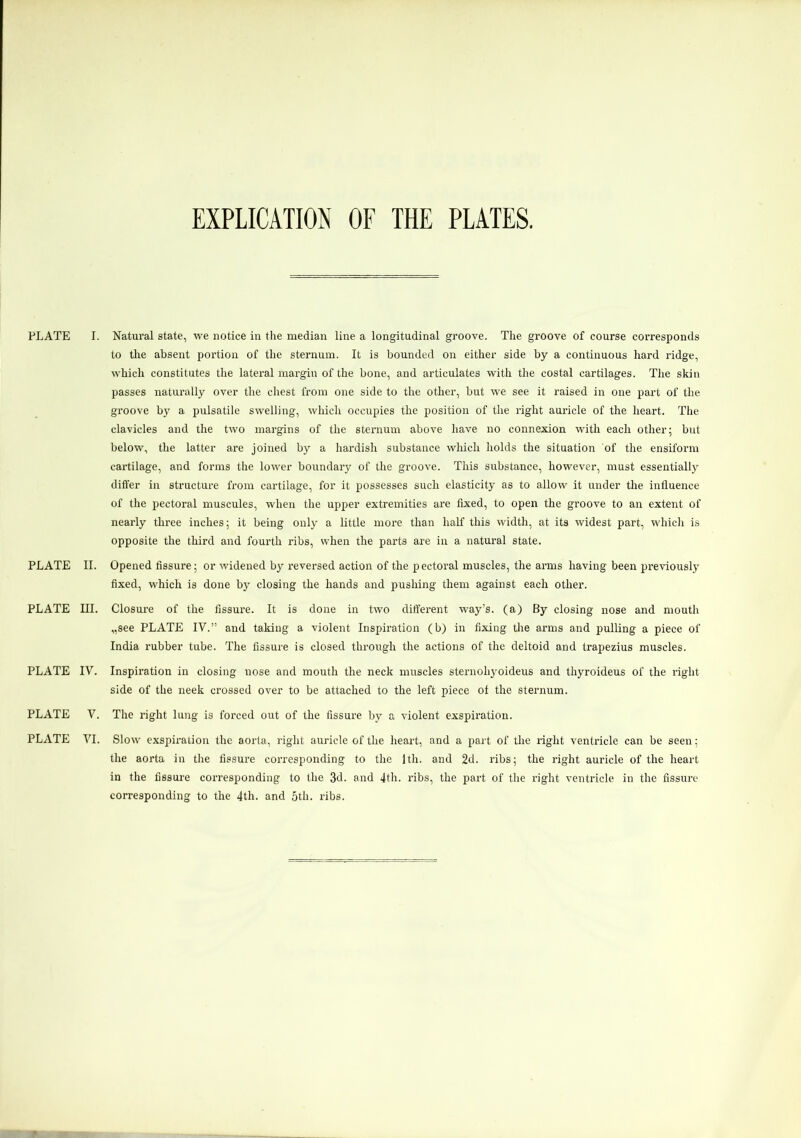EXPLICATION OF THE PLATES. PLATE PLATE PLATE PLATE PLATE PLATE I. Natural state, we notice in the median line a longitudinal groove. The groove of course corresponds to the absent portion of the sternum. It is bounded on either side by a continuous hard ridge, which constitutes the lateral margin of the bone, and articulates with the costal cartilages. The skin passes naturally over the chest from one side to the other, but we see it raised in one part of the groove by a pulsatile swelling, which occupies the position of the right auricle of the heart. The clavicles and the two margins of the sternum above have no connexion with each other; but below, the latter are joined by a hardish substance which holds the situation of the ensiform cartilage, and forms the lower boundary of the groove. This substance, however, must essentially differ in structure from cartilage, for it possesses such elasticity as to allow it under the influence of the pectoral muscules, when the upper extremities are fixed, to open the groove to an extent of nearly three inches; it being only a little more than half this width, at its widest part, which is opposite the third and fourth ribs, when the parts are in a natural state. II. Opened fissure; or widened by reversed action of the pectoral muscles, the arms having been previously fixed, which is done by closing the hands and pushing them against each other. III. Closure of the fissure. It is done in two different way’s, (a) By closing nose and mouth „see PLATE IV.” and taking a violent Inspiration (b) in fixing the arms and pulling a piece of India rubber tube. The fissure is closed through the actions of the deltoid and trapezius muscles. IV. Inspiration in closing nose and mouth the neck muscles sternohyoideus and thyroideus of the right side of the neek crossed over to be attached to the left piece of the sternum. V. The right lung is forced out of the fissure by a violent exspiration. VI. Slow exspiration the aorta, right auricle of the heart, and a part of the right ventricle can be seen; the aorta in the fissure corresponding to the 1th. and 2d. ribs; the right auricle of the heart in the fissure corresponding to the 3d. and 4th. ribs, the part of the right ventricle in the fissure corresponding to the 4th. and 5tli. ribs.