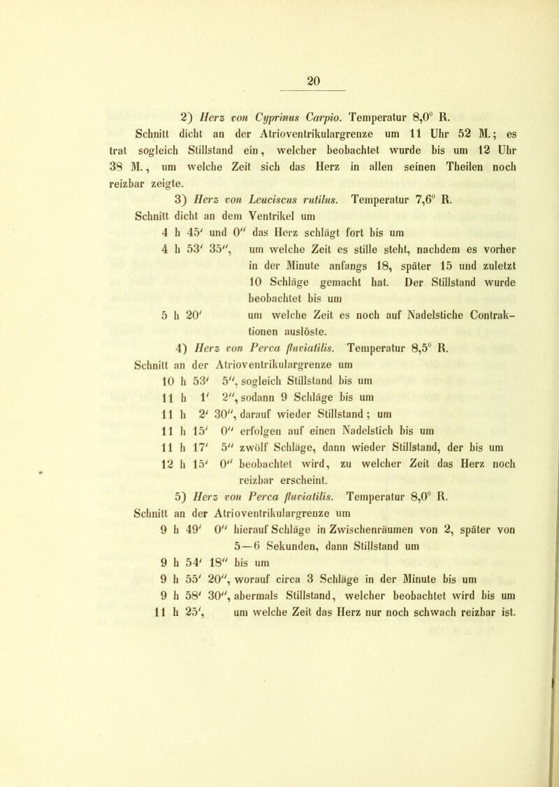 2) Herz von Cyprinus Carpio. Temperatur 8,0° R. Schnitt dicht an der Atrioventrikulargrenze um 11 Uhr 52 M.; es trat sogleich Stillstand ein, welcher beobachtet wurde bis um 12 Uhr 38 M., um welche Zeit sich das Herz in allen seinen Theilen noch reizbar zeigte. 3) Herz von Lenciscus rutilus. Temperatur 7,6° R. Schnitt dicht an dem Ventrikel um 4 h 45' und 0 das Herz schlägt fort bis um 4 h 53' 35, um welche Zeit es stille steht, nachdem es vorher in der Minute anfangs 18, später 15 und zuletzt 10 Schläge gemacht hat. Der Stillstand wurde beobachtet bis um 5 h 20' um welche Zeit es noch auf Nadelstiche Contrak- tionen auslöste. 4) Herz von Perca fluviatilis. Temperatur 8,5° R. Schnitt an der Atrioventrikulargrenze um 10 h 53' 5, sogleich Stillstand bis um 11 h V 2, sodann 9 Schläge bis um 11 h 2' 30, darauf wieder Stillstand ; um 11h 15' 0 erfolgen auf einen Nadelstich bis um 11 h 17' 5 zwölf Schläge, dann wieder Stillstand, der bis um 12 h 15' 0 beobachtet wird, zu welcher Zeit das Herz noch reizbar erscheint. 5) Herz von Perca fluviatilis. Temperatur 8,0° R. Schnitt an der Atrioventrikulargrenze um 9 h 49' 0 hierauf Schläge in Zwischenräumen von 2, später von 5—6 Sekunden, dann Stillstand um 9 h 54' 18 bis um 9 h 55' 20, worauf circa 3 Schläge in der Minute bis um 9 h 58' 30, abermals Stillstand, welcher beobachtet wird bis um 11h 25', um welche Zeit das Herz nur noch schwach reizbar ist.