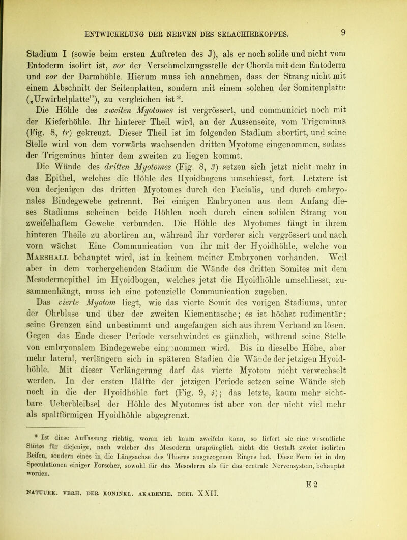 Stadium I (sowie beim ersten Auftreten des J), als er noch solide und nicht vom Entoderm isolirt ist, vor der Verschmelzungsstelle der Chorda mit dem Entoderm und vor der Darmhöhle. Hierum muss ich annehmen, dass der Strang nicht mit einem Abschnitt der Seitenplatten, sondern mit einem solchen der Somitenplatte („Urwirbelplatte”), zu vergleichen ist *. Die Höhle des zweiten Myotomes ist vergrössert, und communicirt noch mit der Kieferhöhle. Ihr hinterer Theil wird, an der Aussenseite, vom Trigeminus (Fig. 8, tr) gekreuzt. Dieser Theil ist im folgenden Stadium abortirt, und seine Stelle wird von dem vorwärts wachsenden dritten Myotome eingenommen, sodass der Trigeminus hinter dem zweiten zu liegen kommt. Die Wände des dritten Myotomes (Fig. 8, 3) setzen sich jetzt nicht mehr in das Epithel, welches die Höhle des Hyoidbogens umschiesst, fort. Letztere ist von derjenigen des dritten Myotomes durch den Facialis, und durch embryo- nales Bindegewebe getrennt. Bei einigen Embryonen aus dem Anfang die- ses Stadiums scheinen beide Höhlen noch durch einen soliden Strang von zweifelhaftem Gewebe verbunden. Die Höhle des Myotomes fängt in ihrem hinteren Theile zu abortiren an, während ihr vorderer sich vergrössert und nach vorn wächst Eine Communication von ihr mit der Hyoidhöhle, welche von Marshall behauptet wird, ist in keinem meiner Embryonen vorhanden. Weil aber in dem vorhergehenden Stadium die Wände des dritten Somites mit dem Mesodermepithel im Hyoidbogen, welches jetzt die Hyoidhöhle umschliesst, zu- sammenhängt, muss ich eine potenzielle Communication zugeben. Das vierte Myotom liegt, wie das vierte Somit des vorigen Stadiums, unter der Ohrblase und über der zweiten Kiementasche; es ist höchst rudimentär; seine Grenzen sind unbestimmt und angefangen sich aus ihrem Yerband zu lösen. Gegen das Ende dieser Periode verschwindet es gänzlich, während seine Stelle von embryonalem Bindegewebe eingenommen wird. Bis in dieselbe Höhe, aber mehr lateral, verlängern sich in späteren Stadien die Wände der jetzigen Hyoid- höhle. Mit dieser Verlängerung darf das vierte Myotom nicht verwechselt werden. In der ersten Hälfte der jetzigen Periode setzen seine Wände sich noch in die der Hyoidhöhle fort (Fig. 9, 4); das letzte, kaum mehr sicht- bare Ueberbleibsel der Höhle des Myotomes ist aber von der nicht viel mehr als spaltförmigen Hyoidhöhle abgegrenzt. * Ist diese Auffassung richtig, woran ich kaum zweifeln kann, so liefert sie eine wesentliche Stütze für diejenige, nach welcher das Mesoderm ursprünglich nicht die Gestalt zweier isolirten Reifen, sondern eines in die Längsachse des Thieres ausgezogenen Ringes hat. Diese Form ist in den Speculationen einiger Forscher, sowohl für das Mesoderm als für das centrale Nervensystem, behauptet worden. E 2 lUTUURK. VEEH. DEE KONINKL. AKADEMIE. DEEL XXII.