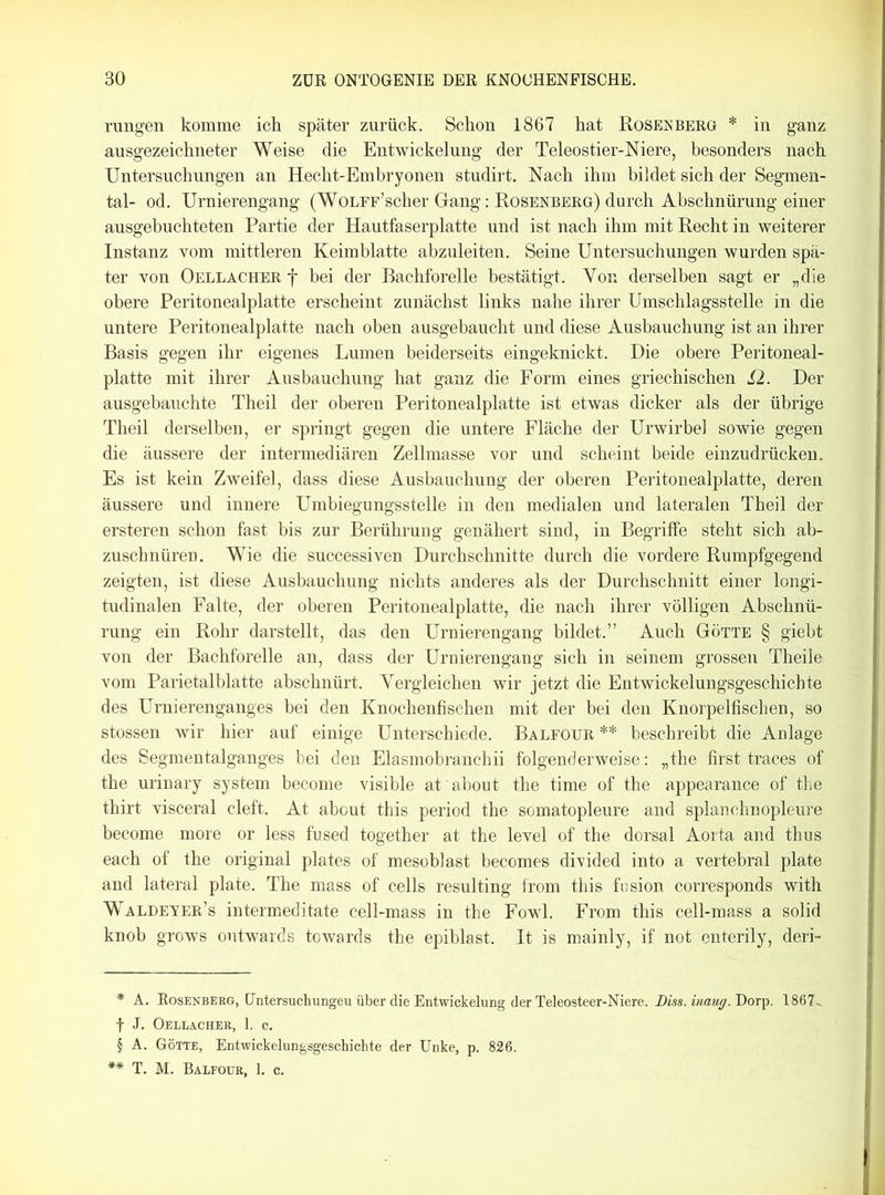 rungen komme ich später zurück. Schon 1867 hat Rosenberg * in ganz ausgezeichneter Weise die Entwickelung der Teleostier-Niere, besonders nach Untersuchungen an Hecht-Embryonen studirt. Nach ihm bildet sich der Segmen- tal- od. Urnierengang (WoLFF’scher Gang: Rosenberg) durch Abschnürung einer ausgebuchteten Partie der Hautfaserplatte und ist nach ihm mit Recht in weiterer Instanz vom mittleren Keimblatte abzuleiten. Seine Untersuchungen wurden spä- ter von Oellacher f bei der Bachforelle bestätigt. Yon derselben sagt er „die obere Peritonealplatte erscheint zunächst links nahe ihrer Umschlagsstelle in die untere Peritonealplatte nach oben ausgebaucht und diese Ausbauchung ist an ihrer Basis gegen ihr eigenes Lumen beiderseits eingeknickt. Die obere Peritoneal- platte mit ihrer Ausbauchung hat ganz die Form eines griechischen £2. Der ausgebauchte Theil der oberen Peritonealplatte ist etwas dicker als der übrige Theil derselben, er springt gegen die untere Fläche der Urwirbel sowie gegen die äussere der intermediären Zellmasse vor und scheint beide einzudrücken. Es ist kein Zweifel, dass diese Ausbauchung der oberen Peritonealplatte, deren äussere und innere Umbiegungsstelle in den medialen und lateralen Theil der ersteren schon fast bis zur Berührung genähert sind, in Begriffe steht sich ab- zuschnüren. Wie die successiven Durchschnitte durch die vordere Rumpfgegend zeigten, ist diese Ausbauchung nichts anderes als der Durchschnitt einer longi- tudinalen Falte, der oberen Peritonealplatte, die nach ihrer völligen Abschnü- rung ein Rohr darstellt, das den Urnierengang bildet.” Auch Götte § giebt von der Bachforelle an, dass der Urnierengang sich in seinem grossen Theile vom Parietalblatte abschnürt. Yergleichen wir jetzt die Entwickelungsgeschichte des Urnierenganges bei den Knochenfischen mit der bei den Knorpelfischen, so stossen wir hier auf einige Unterschiede. Balfour * * § ** beschreibt die Anlage des Segmentalganges bei den Elasmobranchii folgenderweise: „the first traces of the urinary System become visible at about the time of the appearance of the thirt visceral cleft. At abcut this period the somatopleure and splanchnopleure become more or less fused together at the level of the dorsal Aorta and thus each of the original plates of mesoblast becomes divided into a vertebral plate and lateral plate. The mass of cells resulting from this fusion corresponds with Waldeyer’s intermeditate cell-mass in the Fowl. From this cell-mass a solid knob grows outwards towards the epiblast. It is mainly, if not enterily, deri- * A. Rosenberg, Untersuchungen über die Entwickelung der Teleosteer-Niere. Biss, inaug. Dorp. 1867- f J. Oellacher, 1. c. § A. Götte, Entwickelungsgeschichte der Unke, p. 826. ** T. M. Balfoue, 1. c.