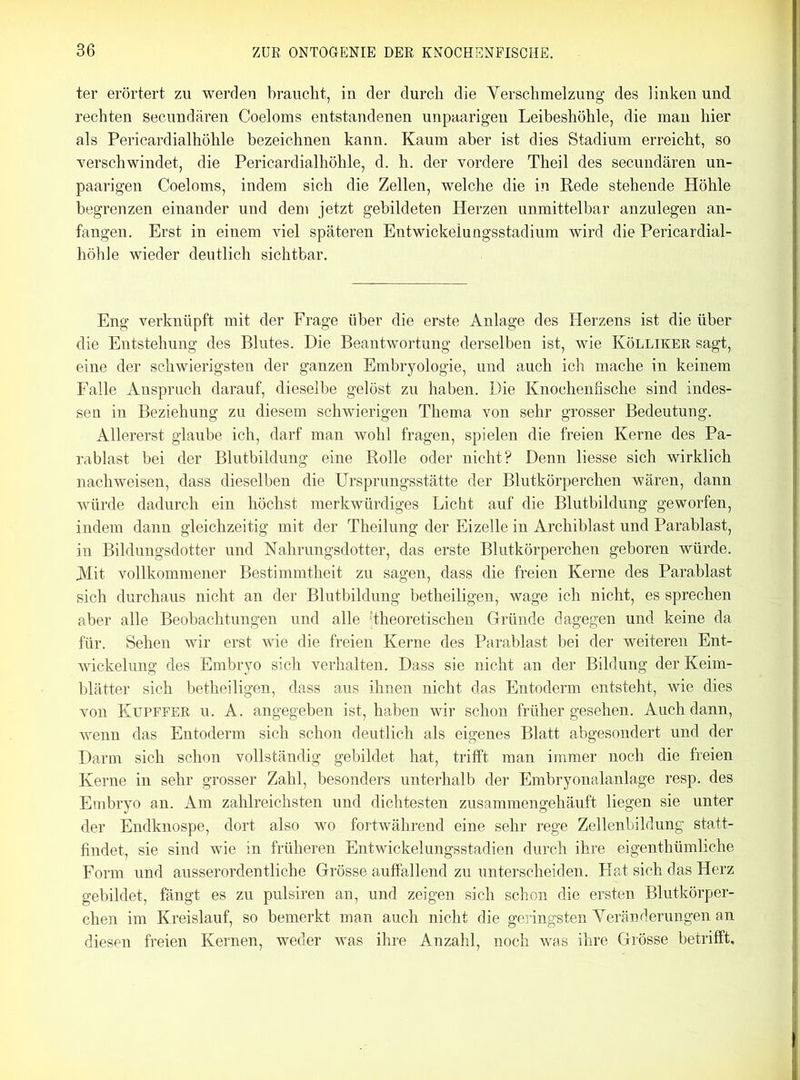 ter erörtert zu werden braucht, in der durch die Verschmelzung des linken und rechten secundären Coeloms entstandenen unpaarigen Leibeshöhle, die man hier als Pericardialhöhle bezeichnen kann. Kaum aber ist dies Stadium erreicht, so verschwindet, die Pericardialhöhle, d. h. der vordere Theil des secundären un- paarigen Coeloms, indem sich die Zellen, welche die in Rede stehende Höhle begrenzen einander und dem jetzt gebildeten Herzen unmittelbar anzulegen an- fangen. Erst in einem viel späteren Entwickelungsstadium wird die Pericardial- höhle wieder deutlich sichtbar. Eng verknüpft mit der Frage über die erste Anlage des Herzens ist die über die Entstehung des Blutes. Die Beantwortung derselben ist, wie Kölliker sagt, eine der schwierigsten der ganzen Embryologie, und auch ich mache in keinem Falle Anspruch darauf, dieselbe gelöst zu haben. Die Knochenfische sind indes- sen in Beziehung zu diesem schwierigen Thema von sehr grosser Bedeutung. Allererst glaube ich, darf man wohl fragen, spielen die freien Kerne des Pa- rablast bei der Blutbildung eine Rolle oder nicht? Denn liesse sich wirklich nachweisen, dass dieselben die Ursprungsstätte der Blutkörperchen wären, dann würde dadurch ein höchst merkwürdiges Licht auf die Blutbildung geworfen, indem dann gleichzeitig mit der Theilung der Eizelle in Archiblast und Parablast, in Bildungsdotter und Nahrungsdotter, das erste Blutkörperchen geboren würde. Hit vollkommener Bestimmtheit zu sagen, dass die freien Kerne des Parablast sich durchaus nicht an der Blutbildung betheiligen, wage ich nicht, es sprechen aber alle Beobachtungen und alle ‘theoretischen Gründe dagegen und keine da für. Sehen wir erst wie die freien Kerne des Parablast bei der weiteren Ent- wickelung des Embryo sich verhalten. Dass sie nicht an der Bildung der Keim- blätter sich betheiligen, dass aus ihnen nicht das Entoderm entsteht, wie dies von Ktjpffer u. A. angegeben ist, haben wir schon früher gesehen. Auch dann, wenn das Entoderm sich schon deutlich als eigenes Blatt abgesondert und der Darm sich schon vollständig gebildet hat, trifft man immer noch die freien Kerne in sehr grosser Zahl, besonders unterhalb der Embryonalanlage resp. des Embryo an. Am zahlreichsten und dichtesten zusammengehäuft liegen sie unter der Endknospe, dort also wo fortwährend eine sehr rege Zellenbildung statt- findet, sie sind wie in früheren Entwickelungsstadien durch ihre eigenthümliche Form und ausserordentliche Grösse auffallend zu unterscheiden. Hat sich das Herz gebildet, fängt es zu pulsiren an, und zeigen sich schon die ersten Blutkörper- chen im Kreislauf, so bemerkt man auch nicht die geringsten Veränderungen an diesen freien Kernen, weder was ihre Anzahl, noch was ihre Grösse betrifft.