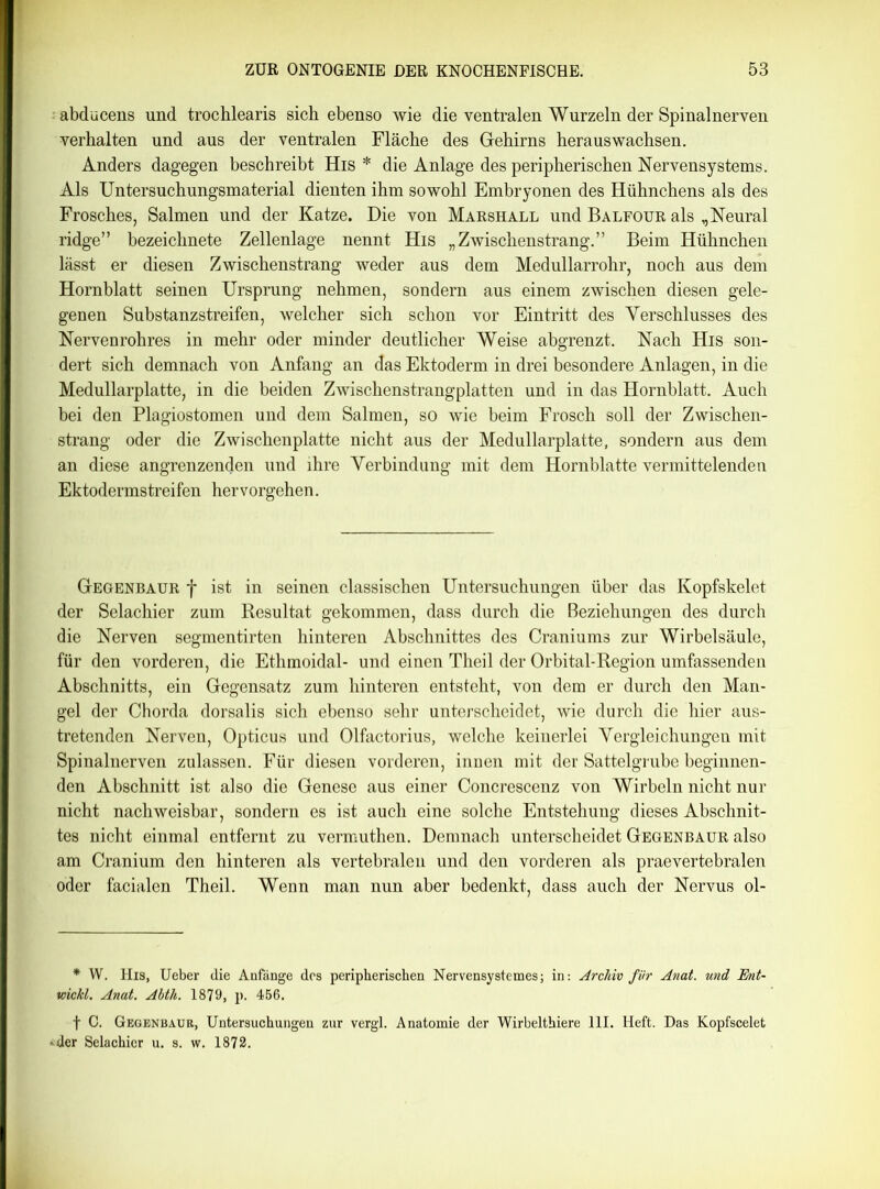 abducens und trochlearis sich ebenso wie die ventralen Wurzeln der Spinalnerven verhalten und aus der ventralen Fläche des Gehirns herauswachsen. Anders dagegen beschreibt His * die Anlage des peripherischen Nervensystems. Als Untersuchungsmaterial dienten ihm sowohl Embryonen des Hühnchens als des Frosches, Salmen und der Katze. Die von Marshall und Balfour als ,Neural ridge” hezeichnete Zellenlage nennt His „Zwischenstrang.” Beim Hühnchen lässt er diesen Zwischenstrang weder aus dem Medullarrohr, noch aus dem Hornblatt seinen Ursprung nehmen, sondern aus einem zwischen diesen gele- genen Substanzstreifen, welcher sich schon vor Eintritt des Verschlusses des Nervenrohres in mehr oder minder deutlicher Weise abgrenzt. Nach His son- dert sich demnach von Anfang an das Ektoderm in drei besondere Anlagen, in die Medullarplatte, in die beiden Zwischenstrangplatten und in das Hornblatt. Auch hei den Plagiostomen und dem Salmen, so wie beim Frosch soll der Zwischen- strang oder die Zwischenplatte nicht aus der Medullarplatte, sondern aus dem an diese angrenzenden und ihre Verbindung mit dem Hornblatte vermittelenden Ektodermstreifen hervorgehen. Gegenbaur f ist in seinen classischen Untersuchungen über das Kopfskelet der Selachier zum Resultat gekommen, dass durch die Beziehungen des durch die Nerven segmentirten hinteren Abschnittes des Craniums zur Wirbelsäule, für den vorderen, die Ethmoidal- und einen Theil der Orbital-Region umfassenden Abschnitts, ein Gegensatz zum hinteren entsteht, von dem er durch den Man- gel der Chorda dorsalis sich ebenso sehr unterscheidet, wie durch die hier aus- tretenden Nerven, Opticus und Olfactorius, welche keinerlei Vergleichungen mit Spinalnerven zulassen. Für diesen vorderen, innen mit der Sattelgrube beginnen- den Abschnitt ist also die Genese aus einer Concrescenz von Wirbeln nicht nur nicht nachweisbar, sondern es ist auch eine solche Entstehung dieses Abschnit- tes nicht einmal entfernt zu vermuthen. Demnach unterscheidet Gegenbaur also am Cranium den hinteren als vertebralen und den vorderen als praevertebralen oder facialen Theil. Wenn man nun aber bedenkt, dass auch der Nervus ol- * W. His, Ueber die Anfänge dos peripherischen Nervensystemes; in: Archiv für Anat. und Ent- wicht. Anat. Abth. 1879, p. 456. f C. Gegenbaur, Untersuchungen zur vergl. Anatomie der Wirbelthiere 111. Heft. Das Kopfscelet »der Selachier u. s. w. 1872.