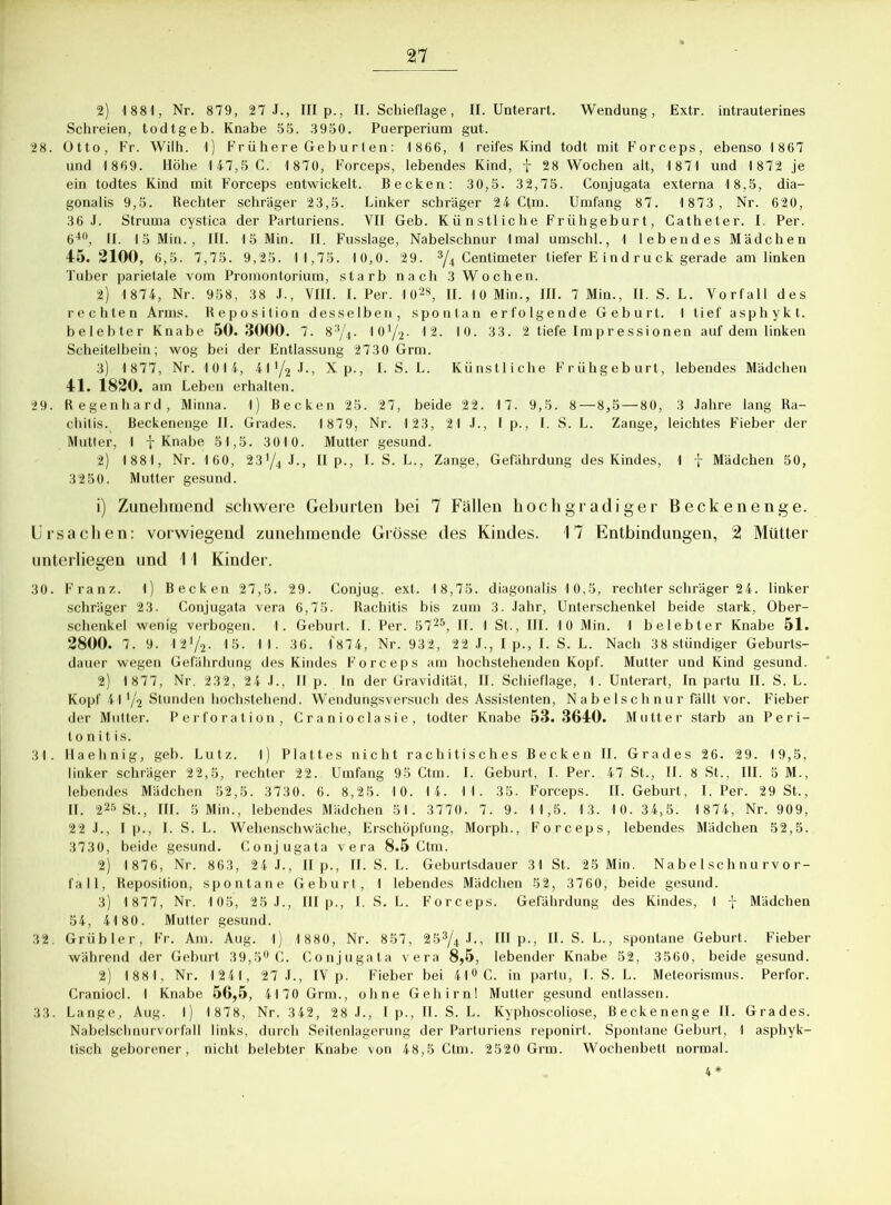 2) 1881, Nr. 879, 27 J., III p., II. Schieflage, II. Unterart. Wendung, Extr. intrauterines Schreien, todtgeb. Knabe 55. 3950. Puerperium gut. 28. Otto, Fr. Wilh. l) Fr üher e Geb u r l en : 1 866, 1 reifes Kind todt mit Forceps, ebenso 1867 und 1869. Höhe 147,5 C. 1870, Forceps, lebendes Kind, f 28 Wochen alt, 1871 und 1 872 je ein todtes Kind mit Forceps entwickelt. Becken: 30,5. 32,75. Conjugata externa 18,5, dia- gonalis 9,5. Rechter schräger 23,5. Linker schräger 24 Ctm. Umfang 87. 1873, Nr. 620, 36 J. Struma cystica der Parturiens. VII Geb. Künstliche Frühgeburt, Catheter. I. Per. 640, II. 15 Min., III. 15 Min. II. Fusslage, Nabelschnur Imal umschl., 1 lebendes Mädchen 45. 2100, 6,5. 7,75. 9,25. 1 1,75. 10,0. 29. 3/4 Gentimeter tiefer E in d ru ck gerade am linken Tuber parietale vom Promontorium, starb nach 3 Wochen. 2) 1874, Nr. 958, 38 J., VIII. I. Per. 1 028, II. 10 Min., III. 7 Min., II. S. L. Vorfall des rechten Arms. Reposition desselben, spontan erfolgende Geburt. 1 tief asphykt. belebter Knabe 50.3000. 7. 8:i/4. 10y2. 12. 10. 33. 2 tiefe Impressionen auf dem linken Scheitelbein; wog bei der Entlassung 2730 Grm. 3) 1 877, Nr. 1014, 411/2.I., Xp., I. S. L. Künstliche Frühgeburt, lebendes Mädchen 41. 1820. am Leben erhalten. 29. Regenhard, Minna, l) Becken 25. 27, beide 22. 1 7. 9,5. 8—8,5—80, 3 Jahre lang Ra- chitis. Beckenenge II. Grades. 1 879, Nr. 123, 21 J., I p., I. S. L. Zange, leichtes Fieber der Mutter, 1 j-Knabe 51,5. 3010. Mutter gesund. 2) 1881, Nr. 1 60, 23*/4 J., II p., I. S. L., Zange, Gefährdung des Kindes, 1 f Mädchen 50, 3250. Mutter gesund. 1) Zunehmend schwere Geburten bei 7 Fällen hochgradiger Beckenenge. Ursachen: vorwiegend zunehmende Grösse des Kindes. 17 Entbindungen, 2 Mütter unterliegen und 11 Kinder. 30. Franz. 1) Becken 27,5. 29. Conjug. ext. 18,75. diagonalis 10,5, rechter schräger 24. linker schräger 23. Conjugata vera 6,75. Rachitis bis zum 3. Jahr, Unterschenkel beide stark, Ober- schenkel wenig verbogen. 1. Geburt. I. Per. 5 725, II. 1 St., III. 10 Min. 1 belebter Knabe 51. 2800. 7. 9. 12V2- 15- 1 1. 36. 1874, Nr. 932, 22 J., I p., I. S. L. Nach 38 stündiger Geburts- dauer wegen Gefährdung des Kindes Forceps am hochstehenden Kopf. Mutter und Kind gesund. 2) 1 877, Nr. 232, 24 J., II p. ln der Gravidität, II. Schieflage, 1. Unterart, In partu II. S. L. Kopf 41 ’/j Stunden hochstehend. Wendungsversuch des Assistenten, Nabelschnur fällt vor. Fieber der Mutter. Perforation, C r a n i o cla s i e , todter Knabe 53.3640. Mutter starb an Peri- tonitis. 31. Ilaehnig, geh. Lutz, l) Plattes nicht rachitisches Becken II. Grades 26. 29. 1 9,5, linker schräger 22,5, rechter 22. Umfang 95 Ctm. I. Geburt, I. Per. 47 St., II. 8 St., III. 5 M., lebendes Mädchen 52,5. 3730. 6. 8,25. 1 0. 1 4. 1 1. 35. Forceps. II. Geburt, I. Per. 29 St., II. 225 St., III. 5 Min., lebendes Mädchen 51. 3770. 7. 9. 1 1,5. 1 3. 10. 34,5. 1 874, Nr. 909, 22 J., I p., I. S. L. Wehenschwäche, Erschöpfung, Morph., Forceps, lebendes Mädchen 52,5. 3730, beide gesund. Conjugata vera 8.5 Ctm. 2) 1876, Nr. 863, 24 J., II p., II. S. L. Geburtsdauer 31 St. 25 Min. Nabelschnurvor- fall, Reposition, spontane Geburt, 1 lebendes Mädchen 52, 3760, beide gesund. 3) 1 877, Nr. 105, 25 J., III p., I. S. L. Forceps. Gefährdung des Kindes, 1 f Mädchen 54, 41 80. Mutter gesund. 32. Grübler, Fr. Am. Aug. 1) 1 880, Nr. 857, 253/4 J., III p., II. S. L., spontane Geburt. Fieber während der Geburt 39,5° C. Conjugata vera 8,5, lebender Knabe 52, 3560, beide gesund. 2) 1881, Nr. 1 241, 27 J., IV p. Fieber bei 41° C. in partu, I. S. L. Meteorismus. Perfor. Craniocl. 1 Knabe 56,5, 4170 Grm., ohne Gehirn! Mutter gesund entlassen. 33. Lange, Aug. 1) 1 878, Nr. 342, 28 J., I p., II. S. L. Kyphoscoliose, Beckenenge II. Grades. Nabelschnurvorfall links, durch Seitenlagerung der Parturiens reponirt. Spontane Geburt, 1 asphyk- tisch geborener, nicht belebter Knabe von 48,5 Ctm. 2520 Grm. Wochenbett normal. 4