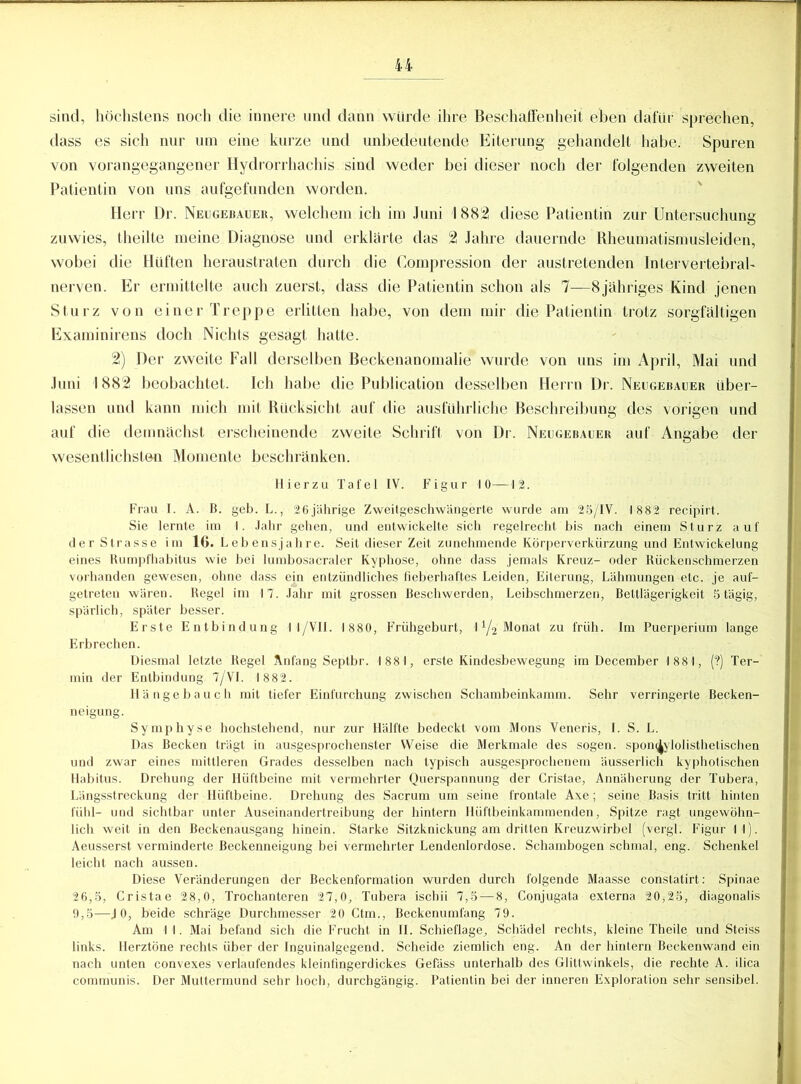 sind, höchstens noch die innere und dann würde ihre Beschaffenheit eben dafür sprechen, dass es sich nur um eine kurze und unbedeutende Eiterung gehandelt habe. Spuren von vorangegangener Hydrorrhachis sind weder bei dieser noch der folgenden zweiten Patientin von uns aufgefunden worden. Herr Dr. Neugebauer, welchem ich im Juni 1882 diese Patientin zur Untersuchung zuwies, theilte meine Diagnose und erklärte das 2 Jahre dauernde Rheumatismusleiden, wobei die Hüften heraustraten durch die Compression der austretenden Inter vertebral- nerven. Er ermittelte auch zuerst, dass die Patientin schon als 7—8 jähriges Kind jenen Sturz von einer Treppe erlitten habe, von dem mir die Patientin trotz sorgfältigen Examinirens doch Nichts gesagt hatte. 2) Der zweite Fall derselben Beckenanomalie wurde von uns im April, Mai und Juni 1882 beobachtet. Ich habe die Publication desselben Herrn Dr. Neugebauer über- lassen und kann mich mit Rücksicht auf die ausführliche Beschreibung des vorigen und auf die demnächst erscheinende zweite Schrift von Dr. Neugebauer auf Angabe der wesentlichsten Momente beschränken. Hierzu Tafel IV. Figur 10—12. Frau I. A. ß. geb. L., 26jährige Zweitgeschwängerte wurde am 25/IV. 1882 recipirt. Sie lernte im 1. Jahr gehen, und entwickelte sich regelrecht bis nach einem Sturz auf der Strasse im 16. Lebens jalire. Seit dieser Zeit zunehmende Körperverkürzung und Entwickelung eines Rumpfhabitus wie bei lumbosacraler Kyphose, ohne dass jemals Kreuz- oder Rückenschmerzen vorhanden gewesen, ohne dass ein entzündliches fieberhaftes Leiden, Eiterung, Lähmungen etc. je auf- getreten wären. Regel im 17. Jahr mit grossen Beschwerden, Leibschmerzen, Bettlägerigkeit 5 tägig, spärlich, später besser. Erste Entbindung 11/VII. 1880, Frühgeburt, 1l/^ Monat zu früh. Im Puerperium lange Erbrechen. Diesmal letzte Regel Anfang Septbr. 1881, erste Kindesbewegung im December 1881, (?) Ter- min der Entbindung 7/VI. 1 882. llängebauch mit tiefer Einfurchung zwischen Schambeinkamm. Sehr verringerte Becken- neigung. Symphyse hochstehend, nur zur Hälfte bedeckt vom Mons Veneris, I. S. L. Das Becken trägt in ausgesprochenster Weise die Merkmale des sogen, spon^ylolisthetischen und zwar eines mittleren Grades desselben nach typisch ausgesprochenem äusserlich kyphotischen Habitus. Drehung der Hüftbeine mit vermehrter Querspannung der Cristae, Annäherung der Tubera, Längsstreckung der Hüftbeine. Drehung des Sacrum um seine frontale Axe; seine Basis tritt hinten fühl- und sichtbar unter Auseinandertreibung der hintern Hüftbeinkammenden, Spitze ragt ungewöhn- lich weit in den Beckenausgang hinein. Starke Sitzknickung am dritten Kreuzwirbel (vergl. Figur 11). Aeusserst verminderte Beckenneigung bei vermehrter Lendenlordose. Schambogen schmal, eng. Schenkel leicht nach aussen. Diese Veränderungen der Beckenformation wurden durch folgende Maasse constatirt: Spinae 26,5, Cristae 28,0, Trochanteren 27,0, Tubera ischii 7,5 — 8, Conjugata externa 20,25, diagonalis 9,5—J0, beide schräge Durchmesser 20 Ctm., Beckenumfang 79. Am 11. Mai befand sich die Frucht in II. Schieflage, Schädel rechts, kleine Theile und Steiss links. Herztöne rechts über der Inguinalgegend. Scheide ziemlich eng. An der hintern Beckenwand ein nach unten convexes verlaufendes kleinfingerdickes Gefäss unterhalb des Glittwinkels, die rechte A. ilica communis. Der Muttermund sehr hoch, durchgängig. Patientin bei der inneren Exploration sehr sensibel.