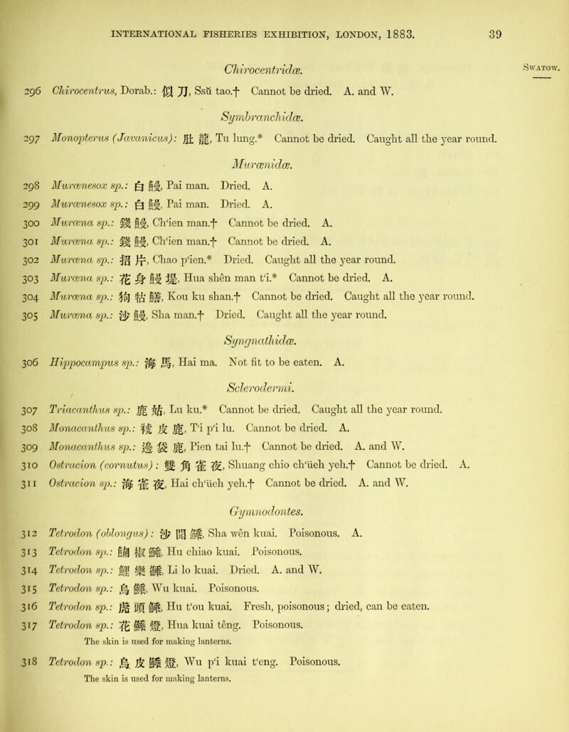 Symbranchidce. MurcenidcB. 298 Murcenesox sp.: fj;|, Pai man. Dried. A. 299 Murcenesox sp.: (=3 §j|, Pai man. Dried. A. 302 Murcena sp.: )r> Chao p'ien.* Dried. Caught all the year round. 303 Murcena sp.: ffc Jp 8j| ijg, Hua shen man t'i.* Cannot be dried. A. Syngnathidce. 306 Hippocampus sp.: $$ Hai ma. Not fit to be eaten. A. Sclerodermi. 310 Ostracion (cornutus) : ^ Shuang chio clTiieh yeh.f Cannot be dried. A. Gymnodontes. 312 Tetrodon (oblongus): HfJ ^ Sha wen kuai. Poisonous. A. 313 Tetrodon sp.: $$J Hu chiao kuai. Poisonous. 314 Tetrodon sp.: Jjg Li lo kuai. Dried. A. and W. 315 Tetrodon sp.: ^ Wu kuai. Poisonous. 316 Tetrodon sp.: jjjf Hu t'ou kuai. Fresh, poisonous; dried, can be eaten. 317 Tetrodon sp.: 4^ Hua kuai teng. Poisonous. The skin is used for making lanterns. 318 Tetrodon sp.: jr& jj$| $g, Wu p‘i kuai Peng. Poisonous. The skin is used for making lanterns.