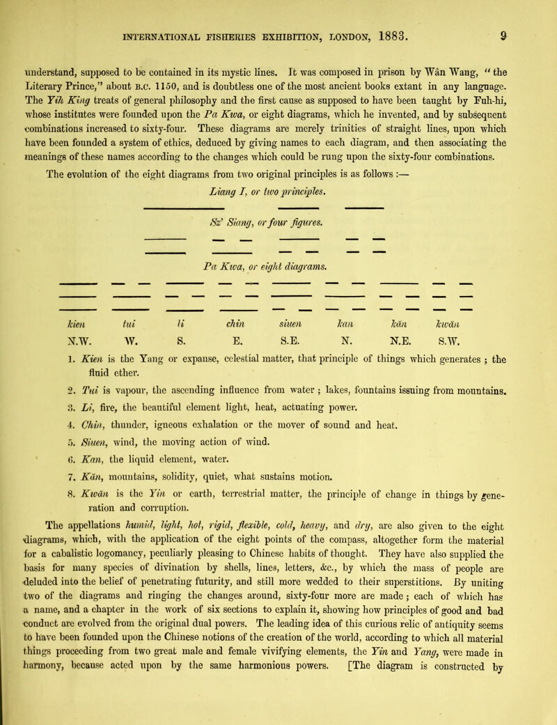understand, supposed to be contained in its mystic lines. It was composed in prison by Wan Wang, the Literary Prince,” about b.c. 1150, and is doubtless one of the most ancient books extant in any language. The Yili King treats of general philosophy and the first cause as supposed to have been taught by Fuh-hi, whose institutes were founded upon the Pa Kwa, or eight diagrams, which he invented, and by subsequent combinations increased to sixty-four. These diagrams are merely trinities of straight lines, upon which have been founded a system of ethics, deduced by giving names to each diagram, and then associating the meanings of these names according to the changes which could be rung upon the sixty-four combinations. The evolution of the eight diagrams from two original principles is as follows :— Liang I, or two principles. iSz’ Siang, or four figures. Pa Ktva, or eight diagrams. Men tui li chin siuen lean lean lewdn N.W. W. S. E. S.E. N. N.E. S.W. 1. Kien is the Yang or expanse, celestial matter, that principle of things which generates ; the fluid ether. 2. Tui is vapour, the ascending influence from water; lakes, fountains issuing from mountains. 3. Li, fire, the beautiful element light, heat, actuating power. 4. Chin, thunder, igneous exhalation or the mover of sound and heat. 5. Siuen, wind, the moving action of wind. fi. Kan, the liquid element, water. 7. Kdn, mountains, solidity, quiet, what sustains motion. 8. Kwdn is the Yin or earth, terrestrial matter, the principle of change in thiDgs by gene- ration and corruption. The appellations humid, light, hot, rigid, flexible, cold, heavy, and dry, are also given to the eight -diagrams, which, with the application of the eight points of the compass, altogether form the material for a cabalistic logomancy, peculiarly pleasing to Chinese habits of thought. They have also supplied the basis for many species of divination by shells, lines, letters, &c., by which the mass of people are •deluded into the belief of penetrating futurity, and still more wedded to their superstitions. By uniting two of the diagrams and ringing the changes around, sixty-four more are made; each of which has a name, and a chapter in the work of six sections to explain it, showing how principles of good and bad •conduct are evolved from the original dual powers. The leading idea of this curious relic of antiquity seems to have been founded upon the Chinese notions of the creation of the world, according to which all material things proceeding from two great male and female vivifying elements, the Yin and Yang, were made in harmony, because acted upon by the same harmonious powers. [The diagram is constructed by