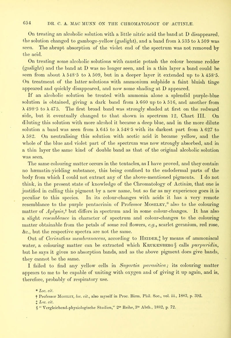 On treating an alcoholic solution with a little nitric acid the band at D disappeared, the solution changed to gamboge-yellow (gaslight), and a band from X 535 to X509 was seen. The abrupt absorption of the violet end of the spectrum was not removed by the acid. On treating some alcoholic solutions with caustic potash the colour became redder (gaslight) and the band at D was no longer seen, and in a thin layer a band could be seen from about X 548'5 to X 509, but in a deeper layer it extended up to X 458’5. On treatment of the latter solutions with ammonium sulphide a faint bluish tinge appeared and quickly disappeared, and now some shading at D appeared. If an alcoholic solution be treated with ammonia alone a splendid purple-blue solution is obtained, giving a dark band from X660 up to X 516, and another from X 498-5 to X475. The first broad band was strongly shaded at first on the redward side, but it eventually changed to that shown in spectrum 12, Chart III. On diluting this solution with more alcohol it became a deep blue, and in the more dilute solution a band was seen from X 645 to X 548 5 with its darkest part from X 627 to X 582. On neutralising this solution with acetic acid it became yellow, and the whole of the blue and violet part of the spectrum was now strongly absorbed, and in a thin layer the same kind of double band as that of the original alcoholic solution was seen. The same colouring matter occurs in the tentacles, as I have proved, and they contain no haematin-yielding substance, this being confined to the endodermal parts of the body from which I could not extract any of the above-mentioned pigments. I do not think, in the present state of knowledge of the Chromatology of Actiniae, that one is justified in calling this pigment by a new name, but so far as my experience goes it is peculiar to this species. In its colour-changes with acids it has a very remote resemblance to the purple pentacrinin of Professor Moseley,* * * § also to the colouring matter of Aplysia,t but differs in spectrum and in some colour-changes. It has also a slight resemblance in character of spectrum and colour-changes to the colouring matter obtainable from the petals of some red flowers, e.g., scarlet geranium, red rose, &c., but the respective spectra are not the same. Out of Cerianthus membranaceus, according to Heider,^ by means of ammoniacal water, a colouring matter can be extracted which Krukenberg§ calls purpuridin, but he says it gives no absorption bands, and as the above pigment does give bands, they cannot be the same. I failed to find any yellow cells in Sagartia parasitica; its colouring matter appears to me to be capable of uniting with oxygen and of giving it up again, and is, therefore, probably of respiratory use. * Loc. cit. t Professor Moselet, loc. cit., also myself in Proc. Birm. Phil. Soc., vol. iii., 1883, p. 392. X Loc. cit. § “ Vergleichend-pliysiologische Studien,” 2te Reilie, 3te Abth., 1882, p. 72.