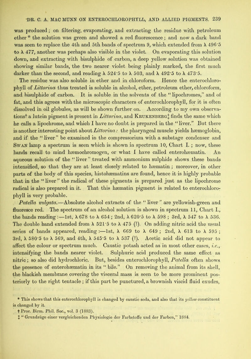 was produced; on filtering, evaporating, and extracting the residue with petroleum ether # the solution was green and showed a red fluorescence; and now a dark band was seen to replace the 4th and 5th bands of spectrum 9, which extended from X 496 5 to X 477, another was perhaps also visible in the violet. On evaporating this solution down, and extracting with bisulphide of carbon, a deep yellow solution was obtained showing similar bands, the two nearer violet being plainly marked, the first much darker than the second, and reading X 524'5 to X 503, and X 492'5 to X 473-5. The residue was also soluble in ether and in chloroform. Hence the enterochloro- phyll of Littorina thus treated is soluble in alcohol, ether, petroleum ether, chloroform, and bisulphide of carbon. It is soluble in the solvents of the “ lipochromes,” and of fat, and this agrees with the microscopic characters of enterochlorophyll, for it is often dissolved in oil globules, as will be shown further on. According to my own observa- tions! a lutein pigment is present in Littorina, and Krukenberg| finds the same which he calls a lipochrome, and which I have no doubt is prepared in the “ liver.” But there is another interesting point about Littorina : the pharyngeal muscle yields haemoglobin, and if the “ liver ” be examined in the compressorium with a substage condenser and Swan lamp a spectrum is seen which is shown in spectrum 10, Chart I. ; now, these bands recall to mind hsemochromogen, or wbat I have called enterohsematin. An aqueous solution of the “ liver ” treated with ammonium sulphide shows these bands intensified, so that they are at least closely related to hsematin; moreover, in other parts of the body of this species, histohsematins are found, hence it is highly probable that in the “liver” the radical of these pigments is prepared just as the lipochrome radical is also prepared in it. That this hsematin pigment is related to enterochloro- phyll is very probable. Patella vulgata.— Absolute alcohol extracts of the “ liver ” are yellowish-green and fluoresce red. The spectrum of an alcohol solution is shown in spectrum 11, Chart I., the bands reading:—1st, X678 to X 654 ; 2nd, X 620'5 to X 598 ; 3rd, X 547 to X 536. The double band extended from X 521’5 to X 475 (?). On adding nitric acid the usual series of bands appeared, reading :—1st, X 669 to X 649; 2nd, X 613 to X 595; 3rd, X 580‘5 to X 569, and 4th, X 545’5 to X 537 (?). Acetic acid did not appear to affect the colour or spectrum much. Caustic potash acted as in most other cases, i.e., intensifying the bands nearer violet. Sulphuric acid produced the same effect as nitric; so also did hydrochloric. But, besides enterochlorophyll, Patella often shows the presence of enterohsematin in its “ bile.” On removing the animal from its shell, the blackish membrane covering the visceral mass is seen to be more prominent pos- teriorly to the right tentacle ; if this part be punctured, a brownish viscid fluid exudes, * This shows that this enterochlorophyll is changed by caustic soda, and also that its yellow constituent is changed by it. fProc. Birm. Phil. Soc., vol. 3 (1883). t “ Grundziige einer vergleichenden Physiologie der Earbstoffe und der Earben,” 1884.