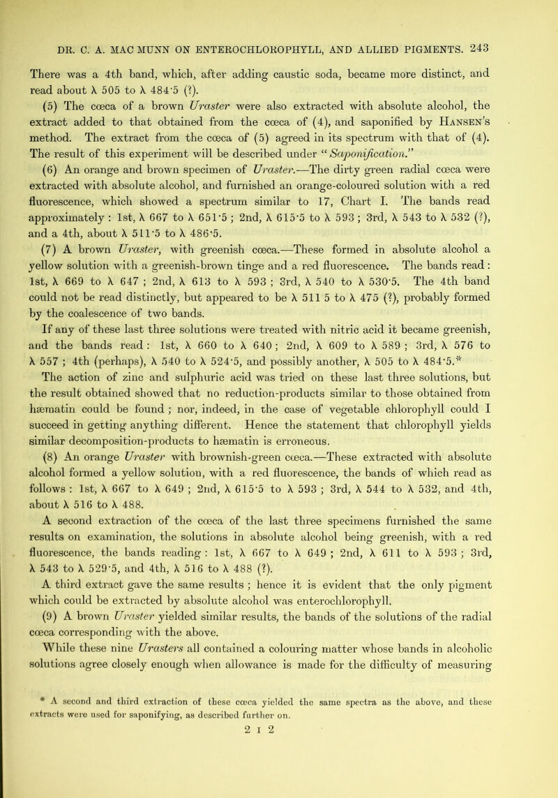 There was a 4th band, which, after adding caustic soda, became more distinct, and read about X 505 to X 484*5 (?). (5) The cceca of a brown Uraster were also extracted with absolute alcohol, the extract added to that obtained from the cceca of (4), and saponified by Hansen’s method. The extract from the coeca of (5) agreed in its spectrum with that of (4). The result of this experiment will be described under “ Saponification.” (6) An orange and brown specimen of Uraster.—The dirty green radial coeca were extracted with absolute alcohol, and furnished an orange-coloured solution with a red fluorescence, which showed a spectrum similar to 17, Chart I. The bands read approximately : 1st, X 667 to X 651‘5 ; 2nd, X 615*5 to X 593 ; 3rd, X 543 to X 532 (?), and a 4th, about X 511*5 to X 486'5. (7) A brown Uraster, with greenish cceca.—These formed in absolute alcohol a yellow solution with a greenish-brown tinge and a red fluorescence. The bands read : 1st, X 669 to X 647 ; 2nd, X 613 to X 593 ; 3rd, X 540 to X 530*5. The 4th band could not be read distinctly, but appeared to be X 511 5 to X 475 (?), probably formed by the coalescence of two bands. If any of these last three solutions were treated with nitric acid it became greenish, and the bands read: 1st, X 660 to X 640; 2nd, X 609 to X 589 ; 3rd, X 576 to X 557 ; 4th (perhaps), X 540 to X 524*5, and possibly another, X 505 to X 484*5.* The action of zinc and sulphuric acid was tried on these last three solutions, but the result obtained showed that no reduction-products similar to those obtained from hsematin could be found ; nor, indeed, in the oase of vegetable chlorophyll could I succeed in getting anything different. Hence the statement that chlorophyll yields similar decomposition-products to hsematin is erroneous. (8) An orange Uraster with brownish-green coeca.—These extracted with absolute alcohol formed a yellow solution, with a red fluorescence, the bands of which read as follows : 1st, X 667 to X 649 ; 2nd, X 615*5 to X 593 ; 3rd, X 544 to X 532, and 4th, about X 516 to X 488. A second extraction of the coeca of the last three specimens furnished the same results on examination, the solutions in absolute alcohol being greenish, with a red fluorescence, the bands reading: 1st, X 667 to X 649 ; 2nd, X 611 to X 593 ; 3rd, X 543 to X 529*5, and 4th, X 516 to X 488 (?). A third extract gave the same results ; hence it is evident that the only pigment which could be extracted by absolute alcohol was enterochlorophyll. (9) A brown Uraster yielded similar results, the bands of the solutions of the radial cceca corresponding with the above. While these nine Urasters all contained a colouring matter whose bands in alcoholic solutions agree closely enough when allowance is made for the difficulty of measuring * A second and third extraction of these coeca yielded the same spectra as the above, and these extracts were used for saponifying, as described further on, 2 I 2