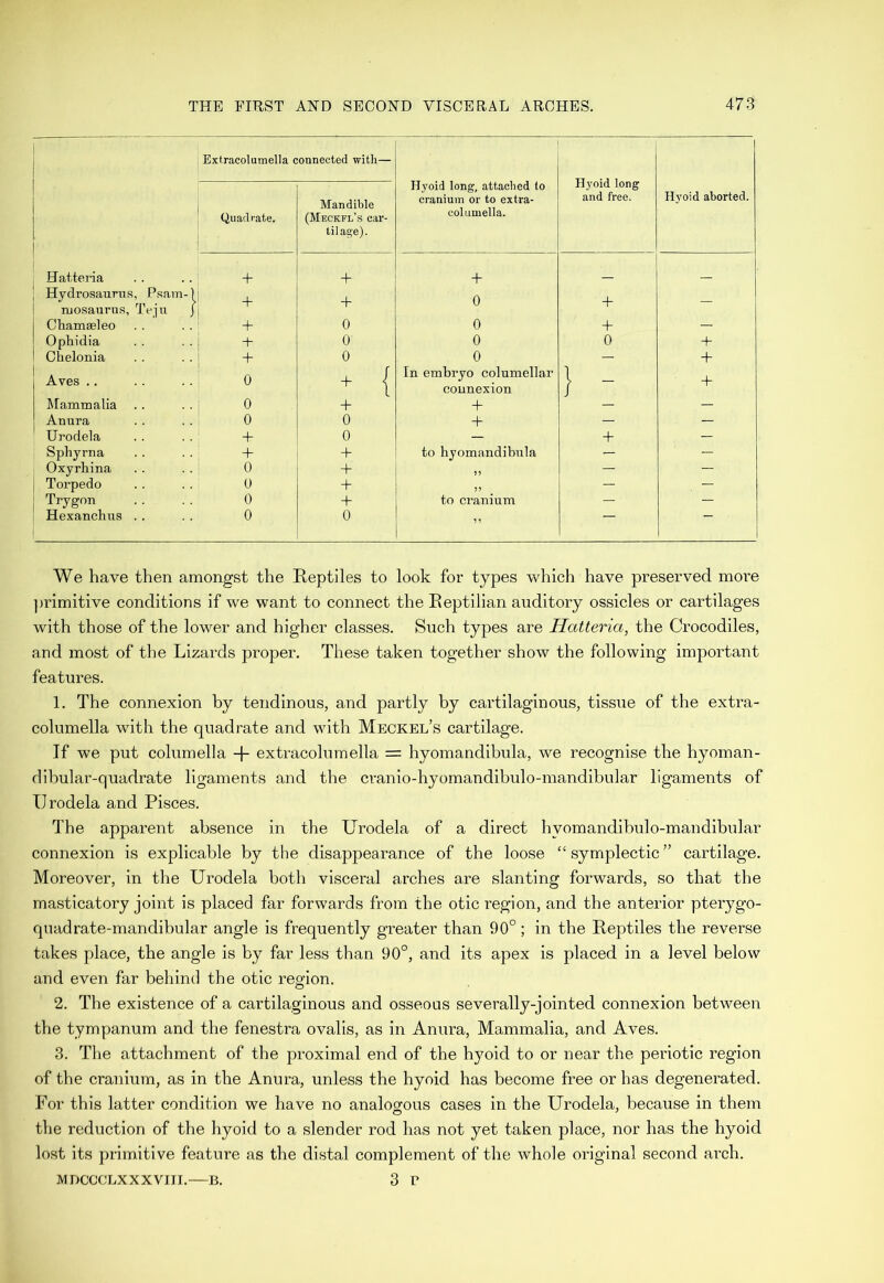 Extracolumella connected with— 1 Hyoid long, attached to cranium or to extra- columella. Hyoid long and free. Quadrate. Mandible (Meckfl’s car- tilage). Hyoid aborted. j Hatteria + ' + + - _ Hydrosaurus, Psam-) mosaurns, Teju j + + 0 + - Cbamaeleo + 0 0 ' + — Ophidia j + 0 0 0 + Chelonia : + 0 0 — + Aves .. 0 - { In embryo columellar connexion } : + Mammalia 0 + + — Anura 0 0 + — — Urodela + 0 — + — Sphyrna + + to hyomandibnla — — Oxyrhina 0 + ,, — — Torpedo 0 + „ — — Trygon 0 + to cranium — — Hexanchus .. 0 0 ” _ We have then amongst the Reptiles to look for types which have preserved more primitive conditions if we want to connect the Reptilian auditory ossicles or cartilages with those of the lower and higher classes. Such types are Hatteria, the Crocodiles, and most of the Lizards proper. These taken together show the following important features. 1. The connexion by tendinous, and partly by cartilaginous, tissue of the extra- columella with the quadrate and with Meckel’s cartilage. If we put columella -j- extracolumella = hyomandibula, we recognise the hyoman- dibular-quadrate ligaments and the cranio-hyomandibulo-mandibular ligaments of Urodela and Pisces. The apparent absence in the Urodela of a direct hvomandibulo-mandibular connexion is explicable by the disappearance of the loose “ symplectic ” cartilage. Moreover, in the Urodela both visceral arches are slanting forwards, so that the masticatory joint is placed far forwards from the otic region, and the anterior pterygo- quadrate-mandibular angle is frequently greater than 90°; in the Reptiles the reverse takes place, the angle is by far less than 90°, and its apex is placed in a level below and even far behind the otic region. 2. The existence of a cartilaginous and osseous severally-jointed connexion between the tympanum and the fenestra ovalis, as in Anura, Mammalia, and Aves. 3. The attachment of the proximal end of the hyoid to or near the periotic region of the cranium, as in the Anura, unless the hyoid has become free or has degenerated. For this latter condition we have no analogous cases in the Urodela, because in them the reduction of the hyoid to a slender rod has not yet taken place, nor has the hyoid lost its primitive feature as the distal complement of the whole original second arch. MDCCCLXXXVIII. B. 3 V
