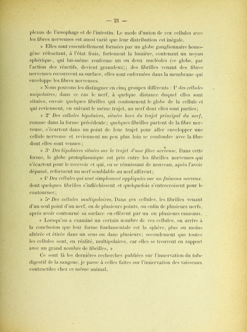 plexus de l’œsophage et de l’intestin. Le mode d’union de ces cellules avec les fibres nerveuses est aussi varié que leur distribution est inégale. » Elles sont essentiellement formées par un globe ganglionnaire homo- gène réfractant, à l’état frais, fortement la lumière, contenant un noyau sphérique, qui lui-même renferme un ou deux nucléoles (ce globe, par l’action des réactifs, devient granuleux) ; des fibrilles venant des fibres nerveuses recouvrent sa surface, elles sont enfermées dans la membrane qui enveloppe les fibres nerveuses. » Nous pouvons les distinguer en cinq groupes différents : 1° des cellules unipolaires ; dans ce cas le nerf, à quelque distance duquel elles sont situées, envoie quel (pies fibrilles qui contournent le glolie de la cellule et qui reviennent, en suivant le même trajet, au nerf dont elles sont parties; » 2° Des cellules bipolaires^ situées hors du trajet principal du nerf, comme dans la forme précédente ; quelques fibrilles partent de la fibre ner- veuse, s’écartent dans un point de leur trajet pour aller envelopper une cellule nerveuse et reviennent un peu plus loin se confondre avec la fibre dont elles sont venues ; » 3° Des bipolaires situées sur le trajet dhine fibre nerveuse. Dans cette forme, le globe protoplasmique est pris entre les fibrilles nerveuses qui s’écartent pour le recevoir et (|ui, en se réunissant de nouveau, après l’avoir dépassé, reforment un nerf semblable au nerf afférent; » 4“ Des cellules qui sont simplement appliciuées sur un faisceau nerveux, dont quehpies fibrilles s’infléchissent et quelc|uefois s’entrecroisent pour le contourner; » 5 Des cellules multipolaires. Dans ces cellules, les fibrilles venant d’un seul point d’un nerf, ou de plusieurs points, ou enfin de plusieurs nerfs, après avoir contourné sa surface en efférent par un ou plusieurs rameaux. » Lorsqu’on a examiné un certain nombre de ces cellules, on arrive à la conclusion que leur forme fondamentale est la sphère, plus ou moins altérée et étirée dans un sens ou dans plusieurs; secondement que toutes les cellules sont, en réalité, multipolaires, car elles se trouvent en rapport avec un grand nombre de fibrilles. » Ce sont là les dernières recherches publiées sur l’innervation du tube digestif de la sangsue, je passe à celles faites sur l’innervation des vaisseaux contractiles chez ce même animal.